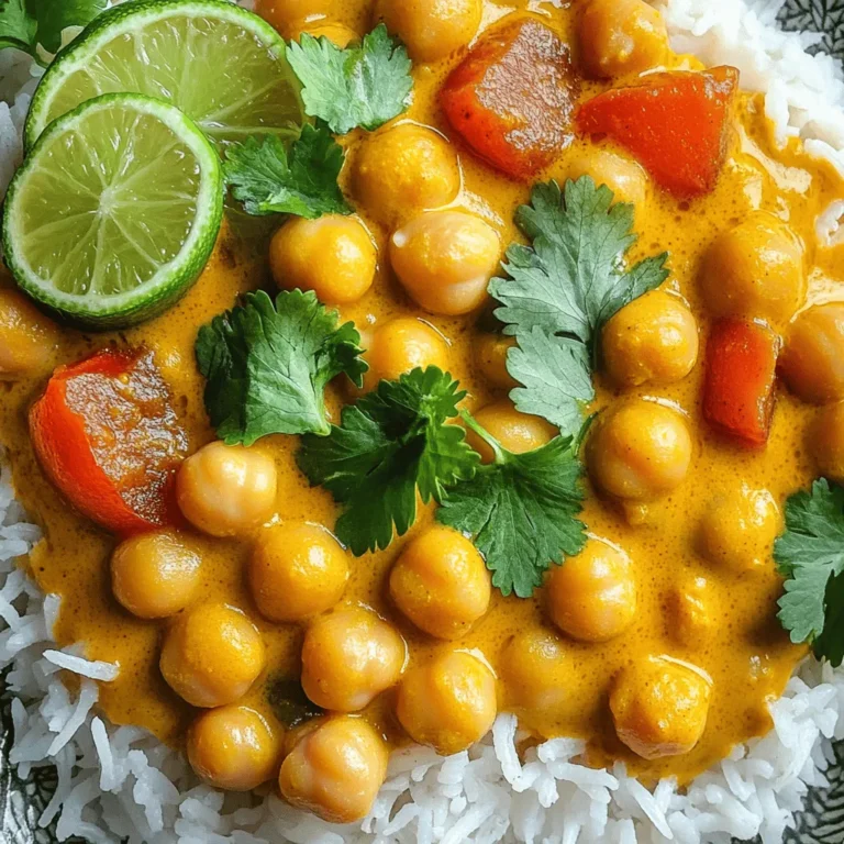 - 2 cans chickpeas, drained and rinsed - 1 medium onion, finely chopped - 2 cloves garlic, minced - Fresh ginger, finely grated - 1 can creamy coconut milk - 1 can diced tomatoes - Aromatic curry powder - Ground cumin - Turmeric powder - Chili powder - Vegetable oil - Salt and black pepper - Fresh cilantro leaves for garnish - Cooked basmati rice or quinoa for serving In this dish, chickpeas act as the star. They have protein and fiber, making them filling. The onion, garlic, and ginger form a strong flavor base. Coconut milk adds creaminess, while diced tomatoes give a nice tang. The spices are key to the curry's flavor. Curry powder brings warmth. Cumin adds depth, turmeric gives a golden color, and chili powder adds heat. Use vegetable oil to sauté the onions and spices, enhancing their taste. Season with salt and black pepper to balance flavors. Garnish with fresh cilantro for a pop of color. Serve it over warm basmati rice or fluffy quinoa, and you have a meal that delights the senses. You can find the complete recipe in the Full Recipe section. 1. In a large pot, pour in the vegetable oil. Heat it over medium heat. 2. Once hot, add the finely chopped onion. Sauté until soft, around 5 minutes. 3. Stir often to keep it from burning. 4. Next, add the minced garlic and grated ginger. Cook for 2 minutes until fragrant. 1. Now, sprinkle in the curry powder, ground cumin, turmeric, and chili powder. 2. Stir well to coat the onions in the spices. 3. Cook for 1-2 minutes. This step releases the full flavors of the spices. 1. Pour in the diced tomatoes with their juice and coconut milk. 2. Stir the mixture well. Bring it to a gentle simmer. 3. Gently add the rinsed chickpeas to the pot. Stir to combine everything. 4. Let the curry simmer uncovered for about 20 minutes. This time helps the flavors meld. 5. Taste and season with salt and black pepper. Adjust to your liking. 6. If you want a thicker curry, simmer for a few more minutes. 7. Once done, remove from heat. Garnish with fresh cilantro before serving. For the full recipe, check out Chickpea Delight Curry. To make your chickpea curry just right, you can adjust the spice level. If you love heat, add more chili powder. For less spice, use less or skip it altogether. Tasting as you go helps find your sweet spot. For a thicker curry, let it simmer longer. This process helps the liquid reduce. You can also mash a few chickpeas into the curry. This adds creaminess and depth to the dish. Serving your curry over basmati rice or fluffy quinoa makes it pop. The grains soak up the tasty sauce. This mix adds texture and flavor to your meal. For garnishing, fresh cilantro leaves work wonders. They add a bright color and fresh taste. You can also place lime wedges on the side. A squeeze of lime adds a lovely zing to each bite. For the full recipe, check out the Chickpea Delight Curry . {{image_4}} You can easily switch chickpeas for other beans or lentils. Black beans add a nice color. Kidney beans bring a hearty texture. Lentils cook faster and absorb flavors well. You can also toss in fresh or frozen veggies. Spinach, bell peppers, or peas boost nutrition and taste. Just add them during the simmering step. Want to use a slow cooker? Start by sautéing the onion, garlic, and ginger in a pan. Then, mix all ingredients in the slow cooker. Cook on low for 6-8 hours or high for about 3-4 hours. If you have an Instant Pot, it’s super quick! Add everything to the pot, seal it, and cook on high pressure for 10 minutes. Let it naturally release pressure. Both methods make a tasty Vegan Chickpea Curry. For the full recipe, check out the earlier section. To store leftover vegan chickpea curry, let it cool first. Use an airtight container. Place it in the fridge. It stays fresh for about 4 to 5 days. When you are ready to enjoy it again, reheat gently. You can use a saucepan or microwave. Stir often to heat evenly. Add a splash of water if it seems too thick. Freezing vegan chickpea curry is simple. First, ensure it cools fully. Then, use freezer-safe containers. Leave some space at the top for expansion. This dish can last up to 3 months in the freezer. To thaw, move it to the fridge overnight. For quick thawing, you can use the microwave. Reheat it on the stove over low heat. Stir frequently to avoid sticking. Enjoy this flavorful meal later with ease! You can serve this curry with basmati rice or fluffy quinoa. Both grains soak up the rich sauce well. You can also add naan or flatbread for a delicious experience. Yes, you can make it spicy! Just add more chili powder to your taste. You can also include fresh chili peppers for extra heat. Start with a small amount and adjust as needed. This curry lasts about 3 to 5 days in the fridge. Store it in an airtight container to keep it fresh. Reheat it on the stove or in the microwave before serving. Yes, Vegan Chickpea Curry is gluten-free. All the ingredients used are free from gluten. Just ensure any sides, like rice or bread, are also gluten-free. Yes, you can use fresh chickpeas! Soak them overnight and cook until tender. Fresh chickpeas may take longer to prepare but will add a lovely texture to the dish. For a quick meal, canned chickpeas are perfect. For the complete recipe, check out the Full Recipe section. This Vegan Chickpea Curry is simple and full of flavor. We covered the key ingredients and step-by-step instructions, making it easy to prepare. You can adjust the spices to match your taste and even swap in different beans or veggies. Store leftovers safely or freeze for later meals. This dish is not only tasty but also nutritious and versatile. Enjoy creating your version of this classic!