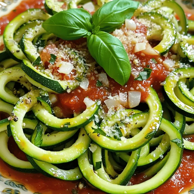 - 4 medium zucchinis - 1 tablespoon olive oil (for sauce) - 1 tablespoon olive oil (for zucchini) - 2 cloves garlic, minced - 1 medium onion, diced - 1 can (28 ounces) crushed tomatoes - 1 teaspoon dried oregano - 1 teaspoon dried basil - Salt and freshly ground black pepper to taste - 1 pinch red pepper flakes (optional for heat) - Fresh basil leaves for garnish - Grated Parmesan cheese (optional for serving) When I make zucchini noodles with marinara, I start with fresh zucchinis. They are key for the dish. You want to choose medium-sized zucchinis for the best texture. Olive oil adds flavor and helps the noodles cook just right. For the marinara sauce, garlic and onion build the base flavor. I always use crushed tomatoes because they create a rich and thick sauce. The dried oregano and basil give the sauce a lovely aroma. Seasoning is important too. A pinch of red pepper flakes can add a nice kick if you like heat. Fresh basil leaves make a beautiful garnish. Grated Parmesan cheese? It's a great option for extra creaminess. This recipe is easy to customize. You can use other herbs or spices if you prefer. I love how this meal is both quick and tasty. You can find the full recipe to try it yourself! To start, take your medium zucchinis. Use a spiralizer to make long, twisty noodles. You want the strands to look like spaghetti. If you don't have a spiralizer, you can use a vegetable peeler. Just slice the zucchinis into thin, wide strips. Set them on a clean plate and get ready for the sauce. If you don't have special tools, don't worry! A box grater works too. Just grate the zucchinis for thinner noodles. You can also slice them into rounds for a different texture. The key is to enjoy the fresh taste of zucchini, no matter how you cut it. Now, let’s make the marinara sauce. Grab a large skillet and heat one tablespoon of olive oil over medium heat. Add the diced onion and cook for about five minutes. You want the onion to turn soft and clear. This brings out the sweet flavor of the onion. Next, add two minced garlic cloves. Stir for one minute until it's fragrant. Then, pour in one can of crushed tomatoes. Mix in one teaspoon of dried oregano, one teaspoon of dried basil, and a pinch of salt and pepper. If you like heat, add red pepper flakes too. Let this simmer for about 15 minutes. Stir occasionally until the sauce thickens. In another pan, heat a little olive oil over medium heat. Toss in your zucchini noodles and cook for 2 to 3 minutes. You want them tender yet still slightly crunchy. Be careful not to overcook them, or they'll turn mushy. When the sauce is thick and yummy, combine it with the zucchini noodles. Gently toss them together until the noodles are fully covered in sauce. This step makes every bite full of flavor. For the full recipe, check out the details above! Avoiding Mushy Noodles To keep zucchini noodles firm, cook them briefly. Sauté them for just 2-3 minutes. This keeps them tender yet crunchy. Avoid overcooking. If they become too soft, they can turn mushy and lose their shape. Using Salt to Draw Out Moisture Before cooking, sprinkle salt on the zucchini noodles. Let them sit for about ten minutes. This helps pull out excess moisture. After that, pat them dry with a paper towel. This step makes a big difference in texture. Adding Fresh Herbs Fresh herbs boost flavor in your marinara. Try adding basil or parsley right before serving. They add color and freshness. You can also use oregano for a more traditional taste. These herbs make your sauce pop. Incorporating Protein Options For a heartier dish, add protein. Grilled chicken or turkey works well. You can also add sautéed shrimp for a seafood twist. If you're vegetarian, try chickpeas or lentils for added protein. Alternative Garnishes Have fun with garnishes! Add crushed red pepper for heat or a drizzle of olive oil. Grated Parmesan cheese adds creaminess. Fresh herbs also brighten the dish and make it look great. Pairing with Other Dishes Zucchini noodles pair well with many sides. Serve them with a fresh salad or garlic bread. You can also enjoy them alongside grilled vegetables or a light protein for a complete meal. Explore different combinations to find your favorite! For the full recipe, check out the details above and get cooking! {{image_4}} Vegan Options You can easily make this dish vegan. Just skip the cheese or use a plant-based cheese. The marinara sauce is vegan-friendly, so it fits right in. This way, everyone can enjoy a hearty meal without any animal products. Gluten-Free Alternatives Zucchini noodles are naturally gluten-free. Make sure your marinara sauce does not contain any gluten. Most canned tomatoes and spices are gluten-free, but always check labels to be safe. Spicy Marinara If you love heat, add more red pepper flakes to your sauce. You can also toss in some diced jalapeños for a spicy kick. Adjust the spice level to suit your taste buds. Creamy Marinara (with Cashew Cream) For a creamy twist, blend soaked cashews with a bit of water until smooth. Stir this creamy mix into your marinara sauce. This adds a rich texture and flavor, making the dish even more indulgent. Adding Spinach or Kale You can boost nutrition by adding spinach or kale. Stir them into the marinara sauce during the last few minutes of cooking. They will wilt down nicely and add color to your dish. Other Vegetables to Incorporate Feel free to add other vegetables like bell peppers, mushrooms, or carrots. Dice them small and sauté them with the onion for a flavorful base. This way, you create a colorful and healthy meal with diverse flavors. For the full recipe, check out Zucchini Noodles Bliss with Marinara. When it comes to storing your zucchini noodles and marinara, proper cooling is key. Let the dish cool down to room temperature first. This helps prevent moisture build-up, which can make your noodles soggy. Once cooled, place the leftovers in an airtight container. Glass or BPA-free plastic containers work best. They keep your food fresh and safe. For reheating, you can choose the microwave or stovetop method. The microwave is quick and easy but can make the noodles soggy. To use the stovetop, heat a skillet over medium heat. Add a splash of olive oil and stir in the noodles and sauce. This method helps retain the texture of the noodles. You can freeze both zucchini noodles and marinara sauce, but they require different methods. For freezing zucchini noodles, place them in a single layer on a baking sheet. Freeze until solid, then transfer to a freezer bag. For marinara sauce, let it cool, then pour into freezer-safe containers. Leave some space at the top, as the sauce will expand when frozen. You can make zucchini noodles without a spiralizer by using a vegetable peeler. Simply slice the zucchini into long, thin strips. You can also use a box grater to create noodle-like strands. If you prefer, a sharp knife can cut the zucchini into thin ribbons. Each method gives you a different shape, but they all taste great. Yes, you can use store-bought marinara sauce. It saves time and effort. Just check the label for quality ingredients. Some brands use fresh tomatoes and herbs. If you want to enhance the flavor, add garlic, salt, or herbs to the store-bought sauce. Homemade sauce has a personal touch, but store-bought works perfectly in a pinch. To prevent watery zucchini noodles, salt them first. After slicing the zucchini, sprinkle salt over the noodles and let them sit for about 10 minutes. The salt draws out excess moisture. Pat them dry with a paper towel before cooking. You can also cook them briefly to help remove moisture. Avoid overcooking to keep them firm. Zucchini noodles are low in calories and high in nutrients. They are a great source of vitamins A and C. Zucchini is also rich in fiber, which is good for digestion. The marinara sauce adds antioxidants from the tomatoes. Together, they make a healthy meal choice. This dish is also gluten-free, making it perfect for various diets. For the full recipe, check the link above. Zucchini noodles are easy and fun to make. You need just a few ingredients for a tasty dish. We covered how to prepare the noodles and make a great marinara sauce. Remember to avoid mushy noodles and try different variations for flavor. In the end, zucchini noodles not only taste good but are also healthy. I hope these tips help you enjoy this dish more. Happy cooking!