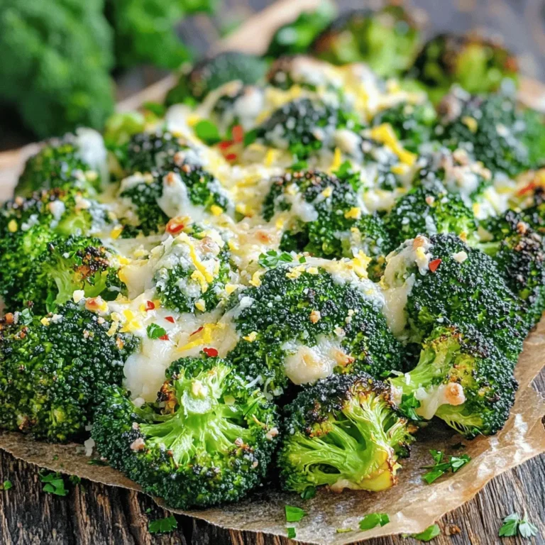 - Fresh broccoli florets - Minced garlic - Olive oil Garlic Parmesan Roasted Broccoli shines thanks to its simple yet fresh ingredients. The main star, fresh broccoli florets, brings bright green color and crunch. Minced garlic adds a rich, savory taste that pairs perfectly with the broccoli. To tie it all together, we use olive oil, which helps with roasting and adds a nice flavor. - Red pepper flakes - Parmesan cheese - Lemon zest and juice - Fresh parsley Seasonings and garnishes elevate this dish. Red pepper flakes add a hint of heat for those who like spice. Parmesan cheese gives a creamy, salty touch that melts beautifully. Lemon zest and juice brighten the dish, cutting through the richness. Finally, fresh parsley offers color and a fresh taste, making the dish look as good as it tastes. - Alternative oil options - Cheese alternatives - Vegetable variations If you need to change things up, you can easily swap some ingredients. For oil, use avocado or coconut oil instead of olive oil. If you want a dairy-free option, try nutritional yeast or a vegan cheese blend in place of Parmesan. You can also mix in different veggies like carrots or cauliflower for a twist. This flexibility makes Garlic Parmesan Roasted Broccoli a dish for everyone. For the full recipe, check out the details above. 1. Preheat the oven. Set it to 425°F (220°C). A hot oven gives the best roast. 2. Prepare the baking sheet. Use parchment paper or grease it lightly. This helps prevent sticking. 3. Mix the ingredients. In a large bowl, add the broccoli florets, minced garlic, and olive oil. 4. Season the mix. Add red pepper flakes if you want heat. Sprinkle in salt and pepper. 5. Toss well. Make sure each floret is coated with oil and seasoning. This step is key for flavor. 1. Spread the broccoli. Lay the mixture evenly on the baking sheet. Keep the florets spaced out. This allows for even roasting. 2. Start roasting. Place it in the oven for about 20 minutes. You want the broccoli tender but still crisp. Look for golden brown edges. 1. Add Parmesan cheese. Carefully take the baking sheet out. Sprinkle grated cheese over the hot broccoli. 2. Final roast. Return it to the oven for another 5 minutes. You want the cheese to melt and bubble. 3. Enhance flavors. After roasting, drizzle fresh lemon juice on top. Add lemon zest and chopped parsley for color and brightness. These steps make Garlic Parmesan Roasted Broccoli a simple yet tasty dish. For the full recipe, check out the details provided. To achieve the perfect roast texture, start with high heat. Preheat your oven to 425°F (220°C). This helps the broccoli get crispy edges while staying tender inside. Keep the broccoli florets spaced out on the baking sheet. If they touch, they will steam instead of roast, losing that nice crisp. Adjust cooking time based on your taste. If you like softer broccoli, roast for 25 minutes. For a crunchier bite, stick to around 20 minutes. Always watch for that lovely golden color on the edges to know when it's ready. For extra flavor, consider adding a pinch of smoked paprika or garlic powder. You can also toss in some lemon zest before roasting for a bright note. If you like heat, add more red pepper flakes. Pair this dish with grilled chicken or fish for a complete meal. It also works well alongside quinoa or rice. The rich flavor of the cheese complements many proteins. A sturdy baking sheet is key for roasting. I recommend using a heavy-duty, rimmed baking sheet. This helps prevent spills while roasting. For mixing, a large bowl with a non-slip base is best. It keeps the bowl steady while you toss the ingredients together. Use a spatula or wooden spoon to mix for even coating. {{image_4}} You can change this dish by adding different cheese types. Try using sharp cheddar or creamy gouda for a new taste. If you love spice, consider adding pepper jack cheese. Each cheese brings its own flavor, making the dish unique. You can also incorporate other vegetables. Carrots, bell peppers, or cauliflower all work well. Just cut them into bite-sized pieces. Mix them in with the broccoli for a colorful twist. Roasting different veggies gives you a fun way to enjoy this dish. For a vegan version, swap the Parmesan cheese for a plant-based alternative. Nutritional yeast is a great option. It adds a cheesy flavor without dairy. Use olive oil as the base to keep it vegan-friendly. If you need gluten-free adjustments, this recipe is already gluten-free. Just check your cheese to ensure it is free from gluten. Enjoy this dish without worry! There are many creative ways to enjoy Garlic Parmesan Roasted Broccoli. Serve it as a side dish with grilled chicken or fish. It also works well in a wrap with hummus and veggies. For a complete meal, pair it with quinoa or brown rice. This adds healthy grains and makes your plate colorful. Enjoy exploring the many ways to serve this tasty dish! For the full recipe, check out the details above. To keep your Garlic Parmesan Roasted Broccoli fresh, let it cool. Place it in an airtight container. This will stop moisture from making it soggy. You can store it in the fridge for up to three days. If you want to stack the broccoli, use parchment paper between layers. For storage containers, I recommend using glass containers with tight lids. They are safe and help keep the flavors intact. Or, use BPA-free plastic containers if you prefer lightweight options. When it comes to reheating, the best method is the oven. Preheat your oven to 350°F (175°C). Spread the broccoli on a baking sheet. Heat for about 10 minutes. This keeps the texture crisp and the cheese melty. If you’re short on time, you can use the microwave. Place the broccoli in a microwave-safe dish. Cover it with a damp paper towel to keep it moist. Heat for 1-2 minutes, but be careful not to overdo it. This method may soften the broccoli a bit. Yes, you can freeze Garlic Parmesan Roasted Broccoli. However, it’s best to freeze it before adding cheese. First, cool the broccoli completely. Then, spread it on a baking sheet and freeze for a few hours. Once frozen, transfer it to a freezer bag. To prepare for freezing, make sure to label the bag with the date. This helps you keep track of freshness. You can freeze it for up to three months. When ready to use, thaw it in the fridge overnight before reheating. This way, you can enjoy the flavors from the full recipe whenever you like! Can I make it ahead of time? Yes, you can prepare the broccoli ahead of time. Cut the broccoli and mix it with garlic, olive oil, and seasonings. Store it in the fridge for up to a day. When you're ready, roast it just before serving. This keeps the broccoli fresh and tasty. How to make it less garlicky? To reduce the garlic flavor, use fewer cloves. Start with just one or two and taste the mix. You can also roast the garlic lightly before adding it. This will give a milder flavor while still adding depth to the dish. Calories per serving Each serving of Garlic Parmesan Roasted Broccoli has about 150 calories. This makes it a light and healthy side dish for any meal. Nutritional benefits of broccoli Broccoli is packed with vitamins and minerals. It is high in vitamin C, vitamin K, and fiber. Eating broccoli can help support your immune system and improve digestion. Plus, it has antioxidants that are great for your health. Why is my broccoli soggy? Soggy broccoli usually means it was overcooked or crowded on the baking sheet. Make sure to roast it at a high temperature and give it space. This allows the hot air to circulate and keeps it crisp. How to avoid burnt cheese? To prevent burnt cheese, sprinkle it on during the last few minutes of roasting. Keep an eye on it as it melts. If it starts to brown too quickly, lower the oven temperature slightly to finish cooking without burning. Garlic Parmesan Roasted Broccoli is a simple dish packed with flavor. We explored its main ingredients, like fresh broccoli and garlic, and discussed helpful substitutes. You learned the step-by-step process to achieve perfect roasting. Our tips offered insights on texture and flavor. I shared variations to suit different diets and storage advice for leftovers. Overall, this dish is flexible and tasty, making it a great choice for any meal. Enjoy experimenting with this recipe to make it your own!