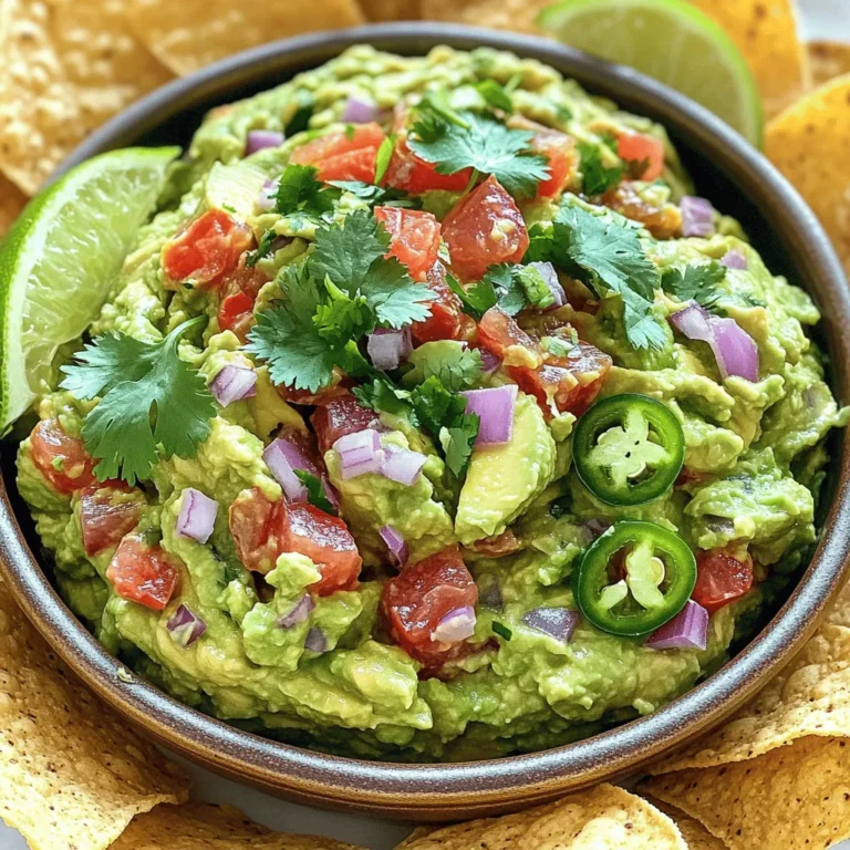 To make a great guacamole, you need just a few simple ingredients: - 3 ripe avocados - 1 medium ripe tomato, finely diced - 1/4 cup red onion, finely chopped These three key items form the base of your guacamole. The avocados give it a creamy texture. The tomato adds freshness, and the onion brings a nice crunch. You can add some optional ingredients to jazz up your guacamole: - 1 jalapeño pepper, seeds removed and finely minced - 1/4 teaspoon smoked paprika The jalapeño adds a bit of heat, while smoked paprika gives a nice smoky flavor. Feel free to adjust these to your taste! Guacamole is a great choice for everyone. It is naturally: - Vegan and gluten-free If you have common allergies, you can substitute some ingredients. For example, if you can't have onions, try using green onions for a milder taste. If you want a creamy twist, add some dairy-free yogurt. This way, everyone can enjoy your homemade guacamole! For the full recipe, check out the Avocado Fiesta Guacamole section. To start, slice each avocado in half lengthwise. Use a sharp knife to carefully cut down to the pit, then twist the two halves to separate them. Use a spoon to scoop out the creamy flesh into a mixing bowl. This is the base for your guacamole. Now, to mash the avocados, you can use a fork or a potato masher. If you like smooth guacamole, mash it until it is creamy. For chunkier guacamole, mash it less. Find the consistency you enjoy best! Next, it’s time to add flavor! Mix in the diced tomato, chopped red onion, minced jalapeño, and garlic. Stir gently so that everything combines well. Don’t forget the cilantro! Folding it in adds a fresh taste that brightens the guacamole. The cilantro brings a unique flavor that makes your dip special. Now, let's talk seasoning. Sprinkle salt and black pepper over the mix. If you like a hint of smokiness, add the optional smoked paprika. It gives a nice depth to your guacamole. After stirring everything together, taste it! You may want to add more lime juice, salt, or pepper to get the flavor just right. For the best taste, let your guacamole rest for about 10-15 minutes. This helps the flavors blend together beautifully. Enjoy this fresh and flavorful dip with your favorite tortilla chips! For the full recipe, check out the details above. To make great guacamole, start with ripe avocados. A ripe avocado feels soft but not mushy. Press gently on the skin; it should yield slightly. Check the color too; it should be dark green to almost black. Avoid avocados that feel too hard or have many brown spots. If you notice an avocado that is too soft, it's likely overripe. Overripe avocados may have dark, stringy flesh. They can also taste bitter or off. If you find one like this, it’s best to toss it. After enjoying guacamole, you might have leftovers. To store them, keep the guacamole in an airtight container. Press plastic wrap directly onto the surface to limit air exposure. This helps keep it fresh longer. To prevent browning, add lime juice on top before sealing. You can also place a thin layer of water over the guacamole. When you are ready to eat it again, just stir it back together. Serving guacamole well makes it even more tempting. Use a bright bowl to hold the guacamole. A colorful dish adds joy to your table. For garnishing, sprinkle extra cilantro on top. You can also add lime wedges around the bowl. This not only looks great but also adds flavor. Serve with crunchy tortilla chips or fresh veggies. This makes for a fun and tasty dipping experience. For the full recipe, check out Avocado Fiesta Guacamole. {{image_4}} You can have fun with flavors in your guacamole! Adding fruits like mango or pomegranate can give it a sweet twist. The juicy mango brings a tropical taste. Pomegranate seeds add a nice crunch and bright color. Both fruits pair well with the creamy avocado. Want some heat? Spicing it up with different peppers can change the game. Try using serrano or habanero peppers for extra kick. These peppers can add both fire and flavor. Just remember to remove the seeds for less heat if you prefer. Not a fan of garlic or onion? You can switch them out for other flavors. Try using shallots or green onions for a milder taste. If you want to keep it simple, skip these altogether. Your guacamole will still be tasty! For those who want a creamy texture without dairy, use avocado oil or cashew cream. These alternatives keep your guacamole smooth. They also add a unique flavor that you might love. Guacamole can also change based on where you are. Different regions have their own styles. For instance, in some areas, people add corn or black beans. This makes the guacamole heartier and more filling. You can also use local ingredients for unique flavors. If you live near the coast, try adding seafood like shrimp. This adds a fun twist and makes it special. Experiment with what’s around you to find your favorite blend! To keep guacamole fresh, store it in an airtight container. Press plastic wrap directly onto the surface of the guacamole to limit air contact. This method helps slow browning. Guacamole stays good in the fridge for about 2 to 3 days. After that, it may lose its flavor and texture. If you want to store guacamole longer, freezing it is a great option. Scoop the guacamole into a freezer-safe container. Leave some space at the top, as it may expand when frozen. You can also freeze it in ice cube trays for easy portions. To thaw, move it to the fridge overnight. Once thawed, give it a good stir before using. It may look a little different, but the taste should still be great. You can tell if guacamole has gone bad by checking for a few signs. If the color turns brown or gray, it may still be okay but isn’t fresh. If it smells off or has a sour odor, it's best to toss it. If you see mold, throw it away immediately. When in doubt, it’s safer to discard it. To keep guacamole fresh, use lime juice. The acid in lime stops browning. Squeeze some lime juice over your guacamole right after you make it. Mix it in well. Store guacamole in an airtight container. Press plastic wrap directly onto the surface. This minimizes air exposure. If you see brown spots, just stir them in. It won’t affect the taste. Yes, you can make guacamole ahead of time. I suggest making it a few hours before serving. This gives the flavors time to blend. Store it properly to keep it fresh. Use the lime juice trick and keep it airtight. If you want to prepare more than a few hours ahead, consider freezing it. Just thaw it in the fridge before serving. Guacamole pairs well with many foods. Here are some great options: - Tortilla chips - Fresh vegetables like carrots or bell peppers - Nachos with melted cheese - Tacos or burritos as a topping - Quesadillas for an extra flavor kick Feel free to get creative! Guacamole brightens up any meal. Guacamole is simple to make and can please anyone. We reviewed essential and optional ingredients to elevate your dish. You learned how to prepare and combine avocados, tomatoes, and spices for the best taste. Storage tips help keep your guacamole fresh longer. Experiment with flavors and local styles for unique versions. Don't forget to check for spoilage signs. Now you can enjoy delicious, fresh guacamole anytime!