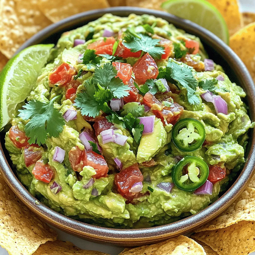 To make a great guacamole, you need just a few simple ingredients: - 3 ripe avocados - 1 medium ripe tomato, finely diced - 1/4 cup red onion, finely chopped These three key items form the base of your guacamole. The avocados give it a creamy texture. The tomato adds freshness, and the onion brings a nice crunch. You can add some optional ingredients to jazz up your guacamole: - 1 jalapeño pepper, seeds removed and finely minced - 1/4 teaspoon smoked paprika The jalapeño adds a bit of heat, while smoked paprika gives a nice smoky flavor. Feel free to adjust these to your taste! Guacamole is a great choice for everyone. It is naturally: - Vegan and gluten-free If you have common allergies, you can substitute some ingredients. For example, if you can't have onions, try using green onions for a milder taste. If you want a creamy twist, add some dairy-free yogurt. This way, everyone can enjoy your homemade guacamole! For the full recipe, check out the Avocado Fiesta Guacamole section. To start, slice each avocado in half lengthwise. Use a sharp knife to carefully cut down to the pit, then twist the two halves to separate them. Use a spoon to scoop out the creamy flesh into a mixing bowl. This is the base for your guacamole. Now, to mash the avocados, you can use a fork or a potato masher. If you like smooth guacamole, mash it until it is creamy. For chunkier guacamole, mash it less. Find the consistency you enjoy best! Next, it’s time to add flavor! Mix in the diced tomato, chopped red onion, minced jalapeño, and garlic. Stir gently so that everything combines well. Don’t forget the cilantro! Folding it in adds a fresh taste that brightens the guacamole. The cilantro brings a unique flavor that makes your dip special. Now, let's talk seasoning. Sprinkle salt and black pepper over the mix. If you like a hint of smokiness, add the optional smoked paprika. It gives a nice depth to your guacamole. After stirring everything together, taste it! You may want to add more lime juice, salt, or pepper to get the flavor just right. For the best taste, let your guacamole rest for about 10-15 minutes. This helps the flavors blend together beautifully. Enjoy this fresh and flavorful dip with your favorite tortilla chips! For the full recipe, check out the details above. To make great guacamole, start with ripe avocados. A ripe avocado feels soft but not mushy. Press gently on the skin; it should yield slightly. Check the color too; it should be dark green to almost black. Avoid avocados that feel too hard or have many brown spots. If you notice an avocado that is too soft, it's likely overripe. Overripe avocados may have dark, stringy flesh. They can also taste bitter or off. If you find one like this, it’s best to toss it. After enjoying guacamole, you might have leftovers. To store them, keep the guacamole in an airtight container. Press plastic wrap directly onto the surface to limit air exposure. This helps keep it fresh longer. To prevent browning, add lime juice on top before sealing. You can also place a thin layer of water over the guacamole. When you are ready to eat it again, just stir it back together. Serving guacamole well makes it even more tempting. Use a bright bowl to hold the guacamole. A colorful dish adds joy to your table. For garnishing, sprinkle extra cilantro on top. You can also add lime wedges around the bowl. This not only looks great but also adds flavor. Serve with crunchy tortilla chips or fresh veggies. This makes for a fun and tasty dipping experience. For the full recipe, check out Avocado Fiesta Guacamole. {{image_4}} You can have fun with flavors in your guacamole! Adding fruits like mango or pomegranate can give it a sweet twist. The juicy mango brings a tropical taste. Pomegranate seeds add a nice crunch and bright color. Both fruits pair well with the creamy avocado. Want some heat? Spicing it up with different peppers can change the game. Try using serrano or habanero peppers for extra kick. These peppers can add both fire and flavor. Just remember to remove the seeds for less heat if you prefer. Not a fan of garlic or onion? You can switch them out for other flavors. Try using shallots or green onions for a milder taste. If you want to keep it simple, skip these altogether. Your guacamole will still be tasty! For those who want a creamy texture without dairy, use avocado oil or cashew cream. These alternatives keep your guacamole smooth. They also add a unique flavor that you might love. Guacamole can also change based on where you are. Different regions have their own styles. For instance, in some areas, people add corn or black beans. This makes the guacamole heartier and more filling. You can also use local ingredients for unique flavors. If you live near the coast, try adding seafood like shrimp. This adds a fun twist and makes it special. Experiment with what’s around you to find your favorite blend! To keep guacamole fresh, store it in an airtight container. Press plastic wrap directly onto the surface of the guacamole to limit air contact. This method helps slow browning. Guacamole stays good in the fridge for about 2 to 3 days. After that, it may lose its flavor and texture. If you want to store guacamole longer, freezing it is a great option. Scoop the guacamole into a freezer-safe container. Leave some space at the top, as it may expand when frozen. You can also freeze it in ice cube trays for easy portions. To thaw, move it to the fridge overnight. Once thawed, give it a good stir before using. It may look a little different, but the taste should still be great. You can tell if guacamole has gone bad by checking for a few signs. If the color turns brown or gray, it may still be okay but isn’t fresh. If it smells off or has a sour odor, it's best to toss it. If you see mold, throw it away immediately. When in doubt, it’s safer to discard it. To keep guacamole fresh, use lime juice. The acid in lime stops browning. Squeeze some lime juice over your guacamole right after you make it. Mix it in well. Store guacamole in an airtight container. Press plastic wrap directly onto the surface. This minimizes air exposure. If you see brown spots, just stir them in. It won’t affect the taste. Yes, you can make guacamole ahead of time. I suggest making it a few hours before serving. This gives the flavors time to blend. Store it properly to keep it fresh. Use the lime juice trick and keep it airtight. If you want to prepare more than a few hours ahead, consider freezing it. Just thaw it in the fridge before serving. Guacamole pairs well with many foods. Here are some great options: - Tortilla chips - Fresh vegetables like carrots or bell peppers - Nachos with melted cheese - Tacos or burritos as a topping - Quesadillas for an extra flavor kick Feel free to get creative! Guacamole brightens up any meal. Guacamole is simple to make and can please anyone. We reviewed essential and optional ingredients to elevate your dish. You learned how to prepare and combine avocados, tomatoes, and spices for the best taste. Storage tips help keep your guacamole fresh longer. Experiment with flavors and local styles for unique versions. Don't forget to check for spoilage signs. Now you can enjoy delicious, fresh guacamole anytime!
