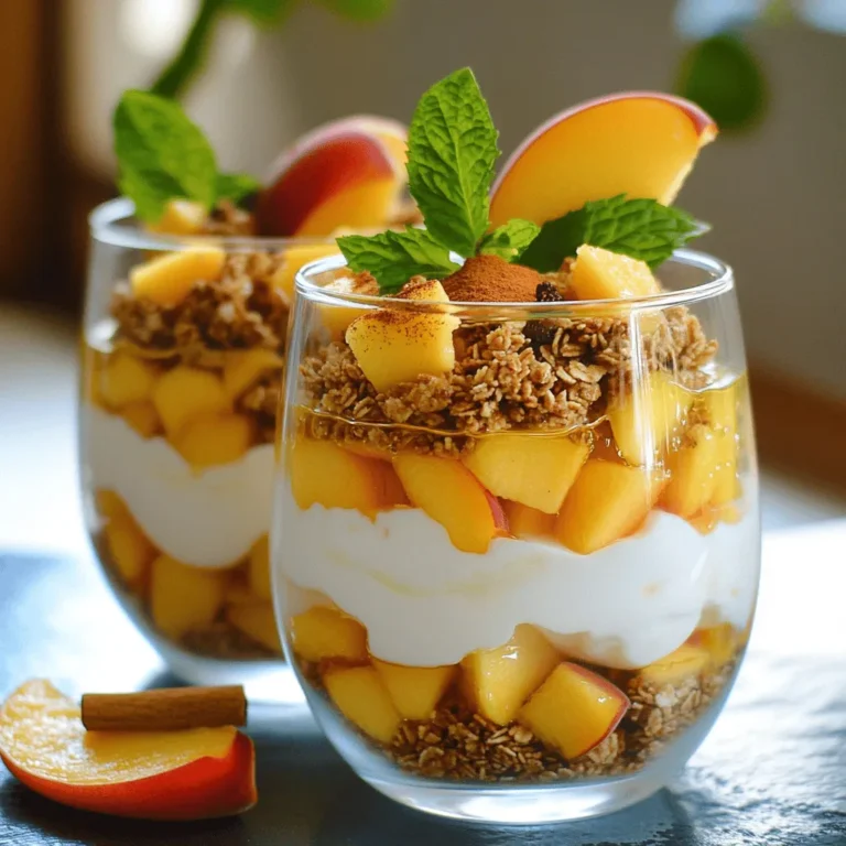 To make a Peach Yogurt Parfait, gather these fresh ingredients: - 2 ripe peaches, diced into small cubes - 2 cups Greek yogurt (choose plain or vanilla based on your preference) - 1 cup granola (select your favorite flavor for a personal touch) These ripe peaches bring natural sweetness and a juicy texture. The Greek yogurt adds creaminess and protein. Granola adds crunch and flavor, making each bite exciting. Next, let’s enhance the taste with these simple options: - 2 tablespoons honey (or substitute with maple syrup for a vegan option) - 1 teaspoon vanilla extract (optional, for enhanced flavor) - A sprinkle of ground cinnamon (to elevate the taste) Honey or maple syrup adds natural sweetness. Vanilla extract lifts the flavor, while cinnamon brings warmth to the parfait. Finally, don’t forget to make your parfait pretty! Consider these garnishes: - Fresh mint leaves - Additional fruit garnishes Fresh mint leaves add a splash of color and a refreshing hint. You can also use extra fruit to make your parfait even more vibrant and appealing. For the full recipe, check out the Peach Yogurt Parfait 🥣. First, you need to wash the peaches. Rinse them well under cool water. This step helps remove dirt and any chemicals. After washing, slice them in half and remove the pit. Now, dice the peach halves into small cubes. Aim for uniform pieces. This will help create nice layers in your parfait. Next, grab a mixing bowl. Add the Greek yogurt to the bowl. If you like, add two tablespoons of honey for sweetness. You can also use maple syrup if you want a vegan option. If you want extra flavor, stir in a teaspoon of vanilla extract. Mix everything well until the yogurt is smooth and creamy. Take out your serving glasses or bowls. Start by adding about one-third of the yogurt mixture to the bottom of each glass. Use a spoon for easy layering. Now it's time for the peaches. Take half of your diced peaches and sprinkle them evenly over the yogurt. This will give you a tasty burst of peach flavor. Next, add a sprinkle of granola on top. Use about one-third of your total granola. This adds a nice crunch to your parfait. Repeat this layering process. Add another layer of yogurt, the remaining diced peaches, and the rest of the granola. This creates a beautiful texture and flavor mix. Finish with a final layer of yogurt on top. For extra flavor, sprinkle a bit of ground cinnamon on the top layer of yogurt. This adds a warm taste that pairs well with peaches. To make your parfaits look pretty, garnish each one with fresh mint leaves. This adds a pop of color and a fresh aroma. You can find the full recipe for this peach yogurt parfait to guide you through each step. Enjoy the fun of making this delicious treat! You can easily customize your peach yogurt parfait. Try using dairy-free yogurt like coconut or almond yogurt for a creamy base. These options fit well for those who are lactose intolerant or vegan. For your granola, look for gluten-free varieties. Many brands offer crunchy choices made with oats, nuts, and seeds. This way, everyone can enjoy this tasty treat! Make your parfaits shine by serving them in clear glasses. This shows off the beautiful layers of fruit, yogurt, and granola. It makes each serving look special! You can also add a slice of peach on the edge of the glass. This simple touch adds color and makes it even more inviting. To boost flavor, you can add a pinch of nutmeg or a dash of ginger to your yogurt mix. These spices give a warm, cozy taste that pairs well with peaches. For extra crunch, consider adding chopped nuts, like almonds or walnuts, between the layers. This not only adds texture but also a nutty flavor that complements the sweetness of the peaches. {{image_4}} You can switch out peaches for other fruits. Berries like strawberries, blueberries, or raspberries work well. They add a burst of flavor and color. Tropical fruits like mango or pineapple can also give a fresh twist. You can mix in nuts or seeds too. Almonds, walnuts, or chia seeds add crunch and healthy fats. These swaps keep your parfait exciting and seasonal. You can choose different types of yogurt for your parfait. Plant-based yogurts made from almond, coconut, or soy are great options. They fit well for those who avoid dairy. You can also try flavored yogurts, like peach or berry. These add a fun twist to your parfait without extra sweeteners. Experimenting with yogurt types can make each parfait unique. To make your parfait even better, you can reduce sugar. Use less honey or maple syrup. You can also add natural sweetness with ripe fruits. Boost protein by mixing in Greek yogurt or using high-protein granola. This makes your parfait filling and nutritious. Small changes can make a big difference in your health and enjoyment. For the full recipe, check out the detailed steps above. To store your peach yogurt parfait, cover it tightly with plastic wrap or a lid. This keeps the parfait fresh and prevents it from drying out. Aim to eat it within three days. The yogurt may become watery if left too long, so enjoy it soon. You can prepare the yogurt and peach layers ahead of time. Store each layer in separate containers. When you are ready to eat, layer them in a glass. This keeps everything fresh and tasty. Assembling just before serving makes it look nice too! You can freeze yogurt and fruit layers if needed. Just spoon the yogurt and peaches into freezer-safe containers. Be sure to leave some space for expansion. When you want to eat it, move it to the fridge overnight to thaw. After thawing, stir the yogurt well and layer again for the best taste. Yes, you can use frozen peaches. Frozen fruit is often picked at peak ripeness. This means it can taste just as good as fresh. Frozen peaches also save you time. There is no need to wash, peel, or dice them. Just thaw and add them in. This makes your parfait easy to prepare. To make the parfait vegan, use plant-based yogurt. Almond, coconut, or soy yogurt works well. Instead of honey, you can use maple syrup or agave nectar. These sweeteners blend nicely without using animal products. You can still enjoy the creamy texture and sweet taste. A peach yogurt parfait offers many health benefits. Peaches are low in calories and high in vitamins. They provide vitamin C and A, which are good for your skin and eyes. Greek yogurt adds protein and probiotics for gut health. Granola gives you fiber and energy. This mix makes a balanced snack or breakfast. Enjoying this parfait can boost your mood and nutrition. For the full recipe, check out the Peach Yogurt Parfait recipe above! In this post, we explored the joy of making peach yogurt parfaits. You learned about the fresh ingredients needed, from ripe peaches to crunchy granola. I shared step-by-step tips for easy preparation and delicious layering. We also discussed customization, storage, and various healthy adjustments. Try these ideas for a tasty, healthy treat. Enjoy making them your own! Each version can delight your taste buds and meet your needs. Your parfaits can be fun, fresh, and fulfilling for any occasion!