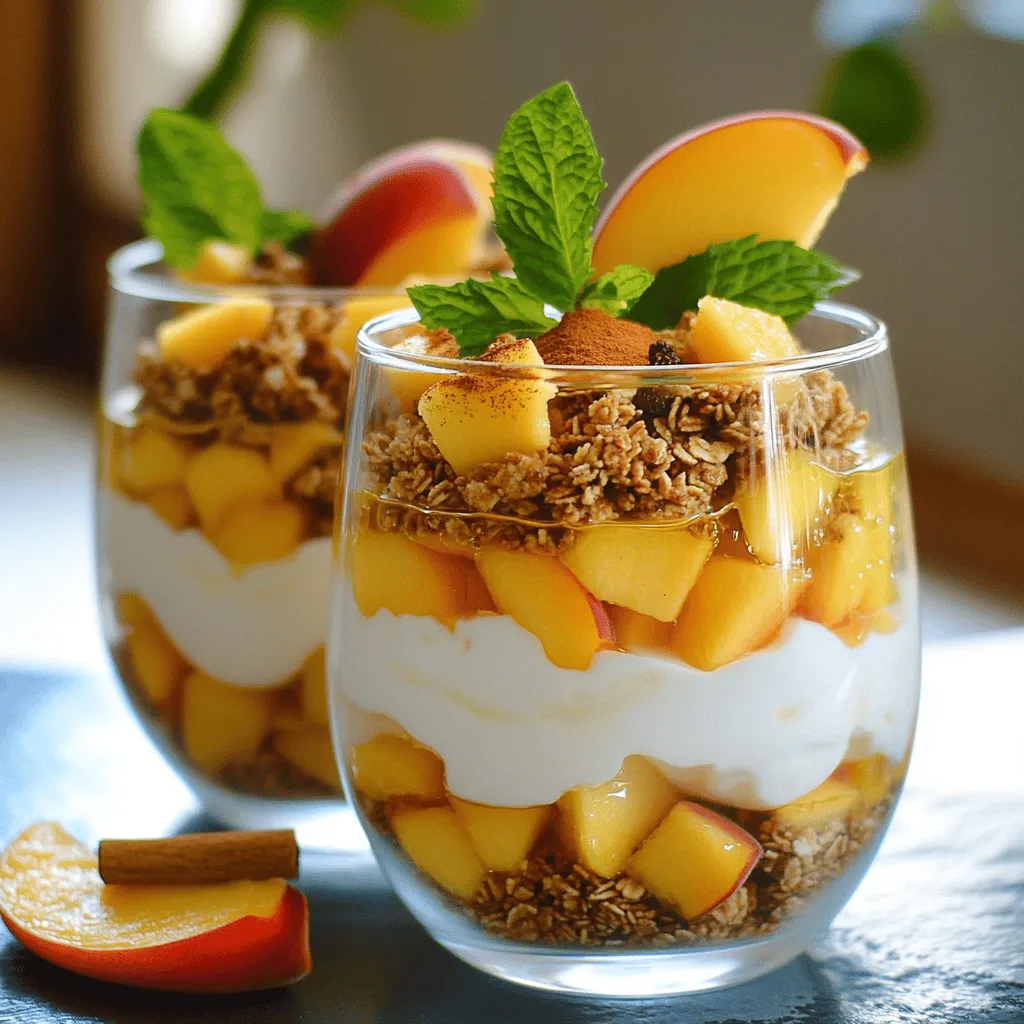 To make a Peach Yogurt Parfait, gather these fresh ingredients: - 2 ripe peaches, diced into small cubes - 2 cups Greek yogurt (choose plain or vanilla based on your preference) - 1 cup granola (select your favorite flavor for a personal touch) These ripe peaches bring natural sweetness and a juicy texture. The Greek yogurt adds creaminess and protein. Granola adds crunch and flavor, making each bite exciting. Next, let’s enhance the taste with these simple options: - 2 tablespoons honey (or substitute with maple syrup for a vegan option) - 1 teaspoon vanilla extract (optional, for enhanced flavor) - A sprinkle of ground cinnamon (to elevate the taste) Honey or maple syrup adds natural sweetness. Vanilla extract lifts the flavor, while cinnamon brings warmth to the parfait. Finally, don’t forget to make your parfait pretty! Consider these garnishes: - Fresh mint leaves - Additional fruit garnishes Fresh mint leaves add a splash of color and a refreshing hint. You can also use extra fruit to make your parfait even more vibrant and appealing. For the full recipe, check out the Peach Yogurt Parfait 🥣. First, you need to wash the peaches. Rinse them well under cool water. This step helps remove dirt and any chemicals. After washing, slice them in half and remove the pit. Now, dice the peach halves into small cubes. Aim for uniform pieces. This will help create nice layers in your parfait. Next, grab a mixing bowl. Add the Greek yogurt to the bowl. If you like, add two tablespoons of honey for sweetness. You can also use maple syrup if you want a vegan option. If you want extra flavor, stir in a teaspoon of vanilla extract. Mix everything well until the yogurt is smooth and creamy. Take out your serving glasses or bowls. Start by adding about one-third of the yogurt mixture to the bottom of each glass. Use a spoon for easy layering. Now it's time for the peaches. Take half of your diced peaches and sprinkle them evenly over the yogurt. This will give you a tasty burst of peach flavor. Next, add a sprinkle of granola on top. Use about one-third of your total granola. This adds a nice crunch to your parfait. Repeat this layering process. Add another layer of yogurt, the remaining diced peaches, and the rest of the granola. This creates a beautiful texture and flavor mix. Finish with a final layer of yogurt on top. For extra flavor, sprinkle a bit of ground cinnamon on the top layer of yogurt. This adds a warm taste that pairs well with peaches. To make your parfaits look pretty, garnish each one with fresh mint leaves. This adds a pop of color and a fresh aroma. You can find the full recipe for this peach yogurt parfait to guide you through each step. Enjoy the fun of making this delicious treat! You can easily customize your peach yogurt parfait. Try using dairy-free yogurt like coconut or almond yogurt for a creamy base. These options fit well for those who are lactose intolerant or vegan. For your granola, look for gluten-free varieties. Many brands offer crunchy choices made with oats, nuts, and seeds. This way, everyone can enjoy this tasty treat! Make your parfaits shine by serving them in clear glasses. This shows off the beautiful layers of fruit, yogurt, and granola. It makes each serving look special! You can also add a slice of peach on the edge of the glass. This simple touch adds color and makes it even more inviting. To boost flavor, you can add a pinch of nutmeg or a dash of ginger to your yogurt mix. These spices give a warm, cozy taste that pairs well with peaches. For extra crunch, consider adding chopped nuts, like almonds or walnuts, between the layers. This not only adds texture but also a nutty flavor that complements the sweetness of the peaches. {{image_4}} You can switch out peaches for other fruits. Berries like strawberries, blueberries, or raspberries work well. They add a burst of flavor and color. Tropical fruits like mango or pineapple can also give a fresh twist. You can mix in nuts or seeds too. Almonds, walnuts, or chia seeds add crunch and healthy fats. These swaps keep your parfait exciting and seasonal. You can choose different types of yogurt for your parfait. Plant-based yogurts made from almond, coconut, or soy are great options. They fit well for those who avoid dairy. You can also try flavored yogurts, like peach or berry. These add a fun twist to your parfait without extra sweeteners. Experimenting with yogurt types can make each parfait unique. To make your parfait even better, you can reduce sugar. Use less honey or maple syrup. You can also add natural sweetness with ripe fruits. Boost protein by mixing in Greek yogurt or using high-protein granola. This makes your parfait filling and nutritious. Small changes can make a big difference in your health and enjoyment. For the full recipe, check out the detailed steps above. To store your peach yogurt parfait, cover it tightly with plastic wrap or a lid. This keeps the parfait fresh and prevents it from drying out. Aim to eat it within three days. The yogurt may become watery if left too long, so enjoy it soon. You can prepare the yogurt and peach layers ahead of time. Store each layer in separate containers. When you are ready to eat, layer them in a glass. This keeps everything fresh and tasty. Assembling just before serving makes it look nice too! You can freeze yogurt and fruit layers if needed. Just spoon the yogurt and peaches into freezer-safe containers. Be sure to leave some space for expansion. When you want to eat it, move it to the fridge overnight to thaw. After thawing, stir the yogurt well and layer again for the best taste. Yes, you can use frozen peaches. Frozen fruit is often picked at peak ripeness. This means it can taste just as good as fresh. Frozen peaches also save you time. There is no need to wash, peel, or dice them. Just thaw and add them in. This makes your parfait easy to prepare. To make the parfait vegan, use plant-based yogurt. Almond, coconut, or soy yogurt works well. Instead of honey, you can use maple syrup or agave nectar. These sweeteners blend nicely without using animal products. You can still enjoy the creamy texture and sweet taste. A peach yogurt parfait offers many health benefits. Peaches are low in calories and high in vitamins. They provide vitamin C and A, which are good for your skin and eyes. Greek yogurt adds protein and probiotics for gut health. Granola gives you fiber and energy. This mix makes a balanced snack or breakfast. Enjoying this parfait can boost your mood and nutrition. For the full recipe, check out the Peach Yogurt Parfait recipe above! In this post, we explored the joy of making peach yogurt parfaits. You learned about the fresh ingredients needed, from ripe peaches to crunchy granola. I shared step-by-step tips for easy preparation and delicious layering. We also discussed customization, storage, and various healthy adjustments. Try these ideas for a tasty, healthy treat. Enjoy making them your own! Each version can delight your taste buds and meet your needs. Your parfaits can be fun, fresh, and fulfilling for any occasion!