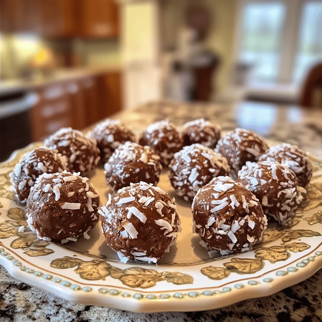 - 1 cup pitted dates - 1 cup rolled oats - 1/2 cup unsweetened cocoa powder - 1/2 cup shredded coconut - 1/4 cup almond butter - 1 tablespoon chia seeds - 1 tablespoon maple syrup - 1/4 cup mini dark chocolate chips - A pinch of salt The core of these energy bites starts with the main ingredients. The pitted dates add natural sweetness. Rolled oats provide a hearty texture. Unsweetened cocoa powder gives that rich chocolatey flavor. Next, we layer in additional ingredients. Shredded coconut brings a tropical twist. Almond butter adds creaminess and healthy fats. Chia seeds boost nutrition and fiber. You can also enhance the recipe with optional ingredients. Maple syrup adds extra sweetness if you like. Mini dark chocolate chips make these bites extra fun. A pinch of salt can enhance all these flavors. These ingredients create a balance of taste and nutrition. You can find the full recipe at the end of this section. To start, soak your pitted dates in warm water for about 10 minutes. This softens them and makes them easier to blend. After soaking, drain the dates and put them in a food processor. Pulse the dates until they turn into a smooth and sticky paste. This paste is the sweet base of your energy bites. Next, add the following ingredients to the date paste in the food processor: - 1 cup rolled oats - 1/2 cup unsweetened cocoa powder - 1/2 cup shredded coconut - 1/4 cup almond butter - 1 tablespoon chia seeds - 1 tablespoon maple syrup (optional) - A pinch of salt Mix these ingredients until everything is well combined. If the mix feels dry, add water one teaspoon at a time until it sticks together. Now, it’s time to shape your energy bites. If you want to add some mini dark chocolate chips, fold them into the mixture gently. Scoop about one tablespoon of the mix and roll it into a small ball. Repeat this until you’ve formed all the energy bites. After shaping the bites, you can roll them in extra shredded coconut for a nice touch. Place the energy bites on a tray lined with parchment paper. Chill them in the fridge for at least 30 minutes. This helps them firm up and hold their shape better. Enjoy your delicious Chocolate Coconut Energy Bites! For the complete recipe, check out the Full Recipe. To get your energy bites just right, you can adjust the water. If the mix seems too dry, add water one teaspoon at a time. This helps achieve a smooth consistency. A food processor works best for blending. It makes the dates and other ingredients mix evenly, giving you that perfect texture. Serving your energy bites can be fun. A mason jar makes a cute display. You can also sprinkle extra shredded coconut on top. This adds a nice look and a bit of crunch. These energy bites are packed with nutrients. Dates give you natural sweetness and fiber. Oats add whole grains, keeping you full longer. The almond butter provides healthy fats and protein. Together, they create a quick energy boost. These bites are great before a workout or as a midday snack. Enjoy them without guilt! {{image_4}} You can easily change the flavor of your energy bites. Adding vanilla extract gives a sweet, warm taste. Just a teaspoon can transform the bites. You can also switch nut butters. Almond butter is great, but peanut or cashew butter works too. Each nut butter brings its own twist to the flavor. Feel free to swap out ingredients. Dates are sweet and sticky, but you can use other dried fruits like figs or apricots. They add unique flavors too. For seeds or nuts, try sunflower seeds, pumpkin seeds, or walnuts. Each choice changes the texture and taste. You can tailor these bites to fit your diet. To make them vegan, ensure your nut butter is dairy-free. You can also skip the chocolate chips or use vegan ones. If you're looking for gluten-free options, use certified gluten-free oats. This way, anyone can enjoy these tasty treats. To keep your Chocolate Coconut Energy Bites fresh, store them in an airtight container. This helps maintain their taste and texture. I recommend placing the container in the fridge. This cool temperature helps keep the bites firm and tasty. You can freeze these energy bites for longer storage. To do this, place them in a single layer on a baking sheet. Freeze them for about one hour. After they are firm, transfer the bites to a freezer bag or container. Make sure to remove excess air. When you're ready to enjoy them, thaw the bites in the fridge overnight or at room temperature for a few hours. In the fridge, these energy bites last about one week. If you freeze them, they can last up to three months. Always check for signs of spoilage. If you see any mold or unusual smells, discard the bites. Enjoy your tasty treats safely! Chocolate coconut energy bites are small, tasty snacks. They are made with simple, wholesome ingredients. The main ingredients include: - 1 cup pitted dates - 1 cup rolled oats - 1/2 cup unsweetened cocoa powder - 1/2 cup shredded coconut - 1/4 cup almond butter - 1 tablespoon chia seeds - 1 tablespoon maple syrup (optional) - A pinch of salt - 1/4 cup mini dark chocolate chips (optional) These bites are sweet, chewy, and full of flavor. They give you energy and are great for a quick snack. You can prepare them in just 15 minutes. For the full recipe, check out the recipe section above. These energy bites last about one week when stored properly. Keep them in an airtight container in the fridge. If you want them to last longer, you can freeze them. They can stay fresh in the freezer for up to three months. Yes, you can easily make these energy bites nut-free. Just swap almond butter with sunflower seed butter or tahini. Both options work well and keep the bites creamy and tasty. Absolutely! These energy bites offer great nutritional benefits. Dates provide natural sweetness and fiber. Rolled oats are good for digestion and energy. Cocoa powder is rich in antioxidants. Coconut adds healthy fats, and chia seeds offer protein and omega-3s. These bites can boost your energy and keep you full. Yes, you can add protein powder to the recipe! Just mix in about one scoop of your favorite protein powder. This will enhance the protein content and make them even more filling. Adjust the wet ingredients slightly if needed, to keep the right texture. In this blog post, we explored how to make delicious chocolate coconut energy bites. We covered the main ingredients, step-by-step instructions, and helpful tips. You learned the health benefits and how to store your bites effectively. These energy snacks are not only tasty but also nutritious. Try personalizing the recipe with your favorite flavors. Enjoy these bites as a quick energy boost anytime! With endless possibilities, your snack game just got a lot better.