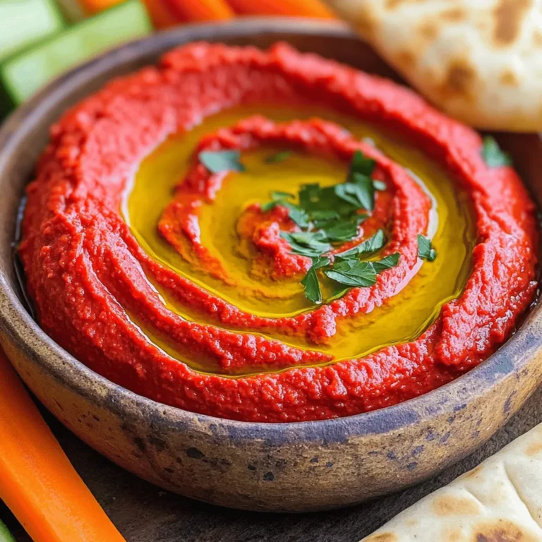 - 1 can (15 oz) chickpeas, thoroughly drained and rinsed - 1 large roasted red pepper (store-bought jarred or homemade) - 2 tablespoons creamy tahini The main ingredients create the base of the hummus. Chickpeas provide fiber and protein. Roasted red peppers add a sweet and smoky flavor. Tahini offers a creamy texture and a nutty taste. - 2 tablespoons extra-virgin olive oil, plus extra for drizzling - 1 clove of garlic, finely minced - Juice of 1 fresh lemon Olive oil adds richness and smoothness. Garlic gives a zesty kick. Fresh lemon juice brightens and balances the flavors. These ingredients enhance the overall taste and make the hummus more vibrant. - 1/2 teaspoon ground cumin for warmth - Salt and freshly cracked black pepper, to taste - Fresh parsley, finely chopped, for vibrant garnish Ground cumin adds a warm, earthy flavor. Salt and pepper boost the taste. Fresh parsley not only looks great but also adds freshness. Together, these seasonings and garnishes elevate your hummus to the next level. For the full recipe, check out the detailed instructions. Enjoy making this tasty dip! To start, drain and rinse the chickpeas. This helps remove any canning liquid. You want clean chickpeas for a smooth hummus. If you make your own roasted red pepper, wash it and roast it until charred. This adds a deep flavor. Now, it's time to blend! In your food processor, add the chickpeas, roasted red pepper, tahini, olive oil, minced garlic, lemon juice, ground cumin, and some salt and pepper. Pulse on high until smooth. Stop to scrape the sides with a spatula. This ensures even blending. If your hummus is too thick, add water slowly, one tablespoon at a time. Blend again until creamy. You want the perfect texture! After blending, taste your hummus. Adjust the seasoning as needed. Add more salt, pepper, or lemon juice if you like. When it's just right, put the hummus in a nice serving bowl. Drizzle with extra olive oil on top. Garnish with fresh parsley for a pop of color. For a great presentation, serve with colorful veggie sticks like carrots, cucumbers, and bell peppers. Warm pita bread is a fantastic side too. You could even add olives or a sprinkle of smoked paprika for more flair! Fresh ingredients make all the difference. Use ripe, flavorful roasted red peppers. They add depth and sweetness. Choose high-quality tahini for the best taste. Fresh garlic adds a nice kick. Adjust seasoning to fit your taste. If you love tang, add more lemon juice. If you prefer warmth, add more cumin. Experiment until it feels just right! To get that creamy hummus, blend well. Start with a good food processor. Add all your ingredients at once. Blend on high until smooth. Stop and scrape down the sides often to mix well. If your hummus is too thick, add water. Use one tablespoon at a time. Blend again until creamy. Avoid blending too long; you don’t want it too runny. Pair your hummus with fun dips. Try crunchy carrot sticks or sweet bell peppers. Warm pita bread is a classic choice. For a twist, add olives or a sprinkle of smoked paprika. You can also serve it in a bowl with a drizzle of olive oil on top. Fresh parsley adds color and flavor. Get creative with how you serve it! {{image_4}} You can mix things up with flavor additions. Want a kick? Try spicy roasted red pepper hummus. Just add a pinch of cayenne pepper or some sliced jalapeños. This heats things up and wakes up your taste buds. You can also add herbs. Fresh basil or cilantro gives a fresh taste. Just chop them finely and blend them in. This adds color and a nice herby flavor. If you want to swap ingredients, consider using white beans instead of chickpeas. White beans make the hummus super creamy. They also have a mild taste, so they blend well with roasted red peppers. Another swap is using alternative nut butters in place of tahini. Almond butter or sunflower seed butter work great. They both add a unique flavor while keeping the hummus smooth. This hummus is easy to adapt for different diets. If you need gluten-free options, you’re in luck! All the ingredients are naturally gluten-free. Just make sure your tahini is also gluten-free. For vegan modifications, this recipe is already vegan! It has no animal products. You can enjoy this hummus guilt-free. For the full recipe, check out Roasted Red Pepper Hummus Delight. To store leftover hummus, place it in an airtight container. This keeps it fresh. You can add a thin layer of olive oil on top. This helps seal in moisture. Hummus lasts about 4 to 7 days in the fridge. Always check for signs of spoilage before using. You can freeze hummus for later. Use a freezer-safe container, leaving some space at the top. This allows for expansion. Hummus can last up to 4 months in the freezer. When you want to use it, move it to the fridge overnight. For best results, blend it again after thawing. Look for signs of spoilage to keep hummus safe. If it has an off smell or strange color, throw it away. Mold is another clear sign it's bad. To extend shelf life, always use clean utensils when serving. This keeps bacteria from getting in. Enjoy your roasted red pepper hummus with confidence! To make your hummus extra creamy, adjust the texture with a few simple tips. First, always use high-quality tahini. This rich paste helps create a smooth base. Second, add water slowly. Start with one tablespoon at a time. Blend until you reach your desired creaminess. Lastly, blend longer. A few extra seconds can make a big difference in smoothness. Yes, you can use dried chickpeas! Here’s how to prepare them: Start by soaking the dried chickpeas overnight in plenty of water. This softens them. The next day, drain the chickpeas and place them in a pot. Cover with fresh water and boil until tender, about 1 to 2 hours. Once cooked, drain and rinse them before using in your hummus recipe. You can find roasted red pepper hummus at many grocery stores. Popular brands include Sabra, Tribe, and Hope. Look in the deli or refrigerated section. Many health food stores also carry fresh hummus options. If you want something special, check local farmers' markets. They often sell homemade hummus with unique flavors. You learned how to make roasted red pepper hummus with easy steps. Using simple ingredients like chickpeas, tahini, and roasted peppers makes a tasty dip. Remember to customize flavors with seasonings and try fun variations. Store your hummus properly to keep it fresh. Whether you're snacking, hosting, or meal prepping, this hummus is a great choice. Enjoy your creamy treat with friends or family. You'll impress them with this delicious recipe!