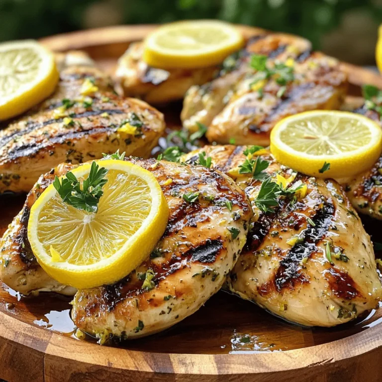 To make Easy Greek Lemon Chicken, you need just a few simple, fresh ingredients. Here’s what you’ll need: - 4 boneless, skinless chicken breasts - 1/4 cup extra virgin olive oil - 3 tablespoons freshly squeezed lemon juice - Zest of 1 medium lemon - 3 cloves garlic, finely minced - 1 tablespoon dried oregano, preferably Greek - 1 teaspoon sea salt - 1/2 teaspoon freshly ground black pepper - 1/4 teaspoon red pepper flakes (optional for heat) - Fresh parsley, chopped finely (for garnish) - Lemon slices (for garnish) Each ingredient plays a key role in building flavor. The chicken breasts are tender and juicy, making them perfect for this dish. The olive oil adds richness, while the lemon juice and zest bring brightness. Garlic and oregano add depth, and the red pepper flakes give a hint of spice. You can find the full recipe in the sections below. Enjoy making this dish! Preparing the marinade To start, gather a large mixing bowl. In it, mix the extra virgin olive oil, freshly squeezed lemon juice, lemon zest, minced garlic, dried oregano, sea salt, black pepper, and optional red pepper flakes. Whisk these together until the mix is smooth. This marinade gives the chicken its Greek flavor. Coating the chicken breasts Now, take your boneless, skinless chicken breasts and add them to the marinade. Make sure each piece is well coated. Cover the bowl with plastic wrap and let it sit in the fridge. For the best flavor, aim for at least 30 minutes, but 2 hours is even better. Grilling instructions Preheat your grill to medium-high heat. Brush the grill grates lightly with oil to avoid sticking. After marinating, take the chicken out. Let any extra marinade drip off before placing it on the grill. Grill the chicken for 6-7 minutes on each side. You want it golden brown with nice grill marks. Make sure it reaches an internal temperature of 165°F (75°C). Skillet cooking instructions If you prefer a skillet, heat it over medium-high heat instead. Cook the chicken for about 6-8 minutes on each side. Again, check that it reaches 165°F (75°C) for safety. Resting the chicken Once cooked, transfer the chicken to a cutting board. Let it rest for about 5 minutes. This helps the juices redistribute, keeping the chicken tender and moist. Garnishing before serving Before serving, sprinkle fresh chopped parsley on top. You can add lemon slices on the side for a bright touch. This adds color and enhances the dish’s flavor. Enjoy your Easy Greek Lemon Chicken! For the full recipe, check out the detailed instructions above. For the best flavor, marinate your chicken for at least 30 minutes. If time allows, marinating for up to 2 hours makes a big difference. This longer time lets the flavors soak into the chicken. Using fresh ingredients is key. Fresh garlic, lemon juice, and herbs bring bright flavors. Dried herbs can work, but fresh herbs add extra zest. To check for doneness, use a meat thermometer. The chicken should reach 165°F (75°C) inside. If you don’t have one, cut into the thickest part. The meat should be white, with no pink inside. To keep your chicken moist, let it rest after cooking. This lets the juices settle and keeps the meat tender. If you slice it right away, the juices run out. When serving, pair your chicken with sides. A Greek salad or roasted veggies works well. These add color and balance to the meal. Get creative with garnishing. Use fresh parsley and lemon slices to brighten your plate. A colorful presentation makes your meal more inviting and fun. {{image_4}} You can change the taste of Easy Greek Lemon Chicken by using different herbs. Instead of oregano, try thyme or rosemary. These herbs will give your dish a new flavor twist. You can also add vegetables to the marinade. Bell peppers, onions, or zucchini work well. They soak up the lemon and garlic flavors, making your meal even better. If you prefer, you can bake the chicken instead of grilling it. Preheat your oven to 400°F (200°C) and place the chicken in a baking dish. Bake for 25-30 minutes until the chicken is cooked through. Another option is using a slow cooker. Just add the marinated chicken to the slow cooker. Cook on low for 4-6 hours. This method keeps the chicken very moist and tender. You can pair Easy Greek Lemon Chicken with many side dishes. Rice, couscous, or roasted veggies are great choices. You can also use the chicken in salads or wraps. Slice it up and toss it in a fresh salad or wrap it in pita bread with some veggies and tzatziki. The options are endless! For a full recipe, check out the detailed instructions above. To keep your Easy Greek Lemon Chicken fresh, store it in the fridge. Place the chicken in an airtight container to avoid any odors. Make sure to cool it down to room temperature first. I recommend using glass containers for better flavor preservation and easy reheating. Proper refrigeration keeps it good for up to four days. When it's time to eat your leftovers, there are a few great ways to reheat. The oven is my favorite method. Preheat it to 350°F (175°C) and heat the chicken for about 15 minutes. This method warms it evenly and keeps it juicy. You can also use a microwave, but be careful. Heat it in short bursts to avoid drying it out. Cover the chicken with a damp paper towel to keep moisture in. If you want to save some for later, freezing is a solid choice. Place the cooked chicken in a freezer-safe bag or container. Try to remove as much air as possible before sealing. It can last up to three months in the freezer. When you're ready to eat, thaw it in the fridge overnight. Reheat it using the oven or skillet to bring back the great flavors. To marinate chicken well, use a bold mix of flavors. Combine olive oil, lemon juice, garlic, and herbs. This mix helps the chicken soak in the taste. I recommend marinating for at least 30 minutes. For a deeper flavor, try two hours. Always cover the bowl to keep it fresh. Yes, you can use bone-in chicken. Just remember that it will take longer to cook. You should add about 10 minutes to the cooking time. Make sure the internal temperature reaches 165°F (75°C). This ensures it is safe to eat. Bone-in chicken also stays juicy and flavorful. Grilling chicken takes about 6-7 minutes per side. This gives it a nice golden color. For bone-in chicken, grill for 8-10 minutes on each side. Always check the internal temperature with a meat thermometer. It should reach 165°F (75°C) to be fully cooked. This dish pairs well with many sides. Consider serving it with a fresh Greek salad. Roasted vegetables also complement it nicely. You could add rice or quinoa for a filling meal. For a light touch, serve with lemon slices and parsley. These add color and freshness to your plate. This blog post guided you through making Easy Greek Lemon Chicken. We covered essential ingredients, simple steps, and tips for great flavor. Remember to marinate your chicken well for the best taste. Cooking methods and serving ideas can give variety to your meals. Store, reheat, or freeze leftovers for future use. With these insights, you can enjoy this dish anytime. Enjoy cooking and sharing this tasty meal with friends and family!