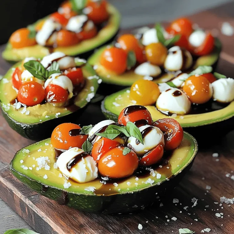 To make Caprese stuffed avocados, gather these fresh ingredients: - 2 ripe avocados - 1 cup cherry tomatoes, halved - 1 cup fresh mozzarella balls, halved - 1/4 cup fresh basil leaves, finely chopped - 2 tablespoons balsamic glaze - 1 tablespoon extra virgin olive oil - Salt and freshly ground black pepper to taste You can swap ingredients to suit your taste or what you have on hand. - Use regular mozzarella instead of mozzarella balls. - Substitute grape tomatoes for cherry tomatoes if needed. - Try using pesto instead of basil for a different flavor. - For a vegan option, replace mozzarella with avocado or a plant-based cheese. Fresh ingredients make all the difference. Here are some tips: - Avocados: Look for avocados that yield slightly to gentle pressure. Avoid ones with dark spots. - Tomatoes: Choose bright, firm tomatoes with no blemishes or wrinkles. They should smell sweet. - Mozzarella: Opt for mozzarella that feels moist and has a fresh smell. - Basil: Pick basil leaves that are vibrant green and free from browning or wilting. Using high-quality ingredients elevates the taste of your Caprese stuffed avocados. For the full recipe, check out the complete guide. Start by slicing the ripe avocados in half lengthwise. Gently twist the halves apart to reveal the creamy flesh. Remove the pit carefully. If you want more space for the filling, scoop out a bit of the flesh with a spoon. You can save this for another dish, like guacamole or a smoothie! In a medium bowl, combine the halved cherry tomatoes and fresh mozzarella balls. Next, add the finely chopped basil leaves for a burst of flavor. This mix brings together the classic Caprese elements. Now, drizzle the extra virgin olive oil and balsamic glaze over the tomato and mozzarella mix. Sprinkle in salt and freshly ground black pepper. This will enhance all the bright flavors. Gently toss everything with a spatula. Be careful not to crush the tomatoes or mozzarella. Next, take a spoon and fill each avocado half with the colorful Caprese filling. Let it mound a bit above the edges for a lovely look. For an extra touch, drizzle some balsamic glaze on top of the stuffed avocados. This adds a glossy finish and extra flavor. Enjoy them right away for the freshest taste, or chill them for about 15 minutes if you prefer a cooler dish. For the full recipe, check out the Caprese Stuffed Avocados section. Serve Caprese stuffed avocados as a bright starter. Pair them with crusty bread or a light salad. For a fun twist, you can add some toasted pine nuts on top. They add crunch and flavor. To make your dish even better, consider adding a few extras. A sprinkle of crushed red pepper gives heat. You can also mix in diced olives for a salty touch. For a richer flavor, try a drizzle of pesto. These little additions can elevate your dish. A beautiful plate makes food more inviting. Use a colorful serving dish to showcase your stuffed avocados. Place them on a bed of mixed greens or sliced tomatoes. Drizzle extra balsamic glaze around the plate for flair. Garnish with whole basil leaves for a pop of color. These tips will impress your guests. For the full recipe, check the link provided. {{image_4}} You can make Caprese stuffed avocados heartier by adding protein. Chicken or shrimp works great. Just grill or sauté them, then slice them up. Stir the protein into the tomato and mozzarella mix. This adds flavor and makes it a full meal. If you want a vegetarian version, simply skip the meat. For a vegan option, replace mozzarella with vegan cheese. Use tofu or chickpeas for added protein. This keeps the dish fresh and tasty while catering to different diets. You can change the ingredients based on what is in season. In summer, add ripe peaches or nectarines for sweetness. In fall, try roasted butternut squash for a warm twist. These swaps keep the dish exciting all year. To store leftover stuffed avocados, place them in an airtight container. Cover the avocados tightly to avoid air exposure. This helps prevent browning. You can keep them in the fridge for up to a day. The taste may change slightly, but they will still be good. Freezing stuffed avocados is not recommended. The texture of the avocado changes when frozen. The filling may also lose its freshness. Instead, prepare only what you need to enjoy the best flavor and texture. To keep your ingredients fresh, start with quality products. Choose ripe avocados, which should feel slightly soft but not mushy. Store them at room temperature until they are ripe. Once ripe, place them in the fridge to extend their life. For tomatoes and mozzarella, store them in a cool place, away from direct sunlight. Keep basil in a glass of water like a bouquet for longer freshness. To choose ripe avocados, look for ones that feel slightly soft when you press gently. The skin should be dark green to black. If it feels hard, it is not ripe yet. If you see any large indentations or brown spots, avoid those. Ripe avocados will give a little but not feel mushy. You can also check the stem; if it pops off easily and is green underneath, your avocado is ripe. Yes, you can prepare some parts in advance. You can make the Caprese filling a few hours ahead. Just keep it in the fridge to stay fresh. However, I suggest stuffing the avocados just before serving. This keeps the avocados from browning and losing their nice look. If you do need to prep early, sprinkle some lemon juice on the cut avocado to help slow browning. Caprese Stuffed Avocados go well with many dishes. You can serve them as a starter with crusty bread. They pair well with a light salad, such as arugula or mixed greens. You might also enjoy them alongside grilled chicken or fish for a full meal. For a fun twist, serve them with a side of tortilla chips and salsa. The fresh flavors of the avocados complement many dishes beautifully. This guide covered all you need for Caprese Stuffed Avocados. We explored ingredients, substitutions, and tips for fresh choices. You learned how to prepare, fill, and serve this dish beautifully. Variations showed you how to add protein and suit dietary needs. Lastly, we discussed how to store leftovers and keep your ingredients fresh. These stuffed avocados are not just tasty; they're versatile, fun, and easy to make. Enjoy experimenting with your own flavors and ideas!