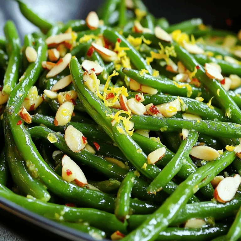 Sautéed green beans with garlic is a simple dish that shines with fresh flavors. Here’s what you need for this tasty side: - 1 pound of fresh green beans, trimmed and washed - 3 tablespoons of extra virgin olive oil - 4 cloves of garlic, finely minced - Zest of 1 large lemon - Juice of 1 fresh lemon - 1 teaspoon of red pepper flakes (optional, for a spicy kick) - Sea salt and freshly cracked black pepper to taste - ¼ cup of toasted slivered almonds, for an elegant garnish Each ingredient plays a key role. The green beans bring a crisp texture, while the garlic adds depth. Olive oil provides healthy fat and flavor. Lemon zest and juice brighten the dish. Red pepper flakes can add a nice heat, but you can skip them if you prefer a milder taste. Finally, toasted almonds give a crunchy finish. For the full recipe, check the previous section. 1. Washing and trimming green beans: Start by washing 1 pound of fresh green beans under cool water. This removes dirt and grit. Trim the ends of the beans to get them ready for cooking. I like to set them in a colander to drain well. 2. Preparing garlic and other ingredients: Next, finely mince 4 cloves of garlic. You want small pieces to spread their flavor well. Gather your other ingredients: lemon zest, lemon juice, olive oil, sea salt, black pepper, and optional red pepper flakes. 1. Heating olive oil: Grab a large skillet and heat 3 tablespoons of extra virgin olive oil over medium-high heat. You know it’s ready when it shimmers slightly. 2. Sautéing garlic: Carefully add the minced garlic to the hot oil. Sauté it for about 30 seconds. Stir it continuously. This will bring out its rich flavor without burning it. 3. Adding green beans and seasoning: Toss in the trimmed green beans. Stir them in the aromatic garlic oil. Cook for about 5–7 minutes, stirring often. The beans should turn vibrant green and be tender-crisp. If you like some heat, add 1 teaspoon of red pepper flakes in the last minute. 4. Finishing touches: Remove the skillet from heat. Stir in the lemon zest and lemon juice. Season with sea salt and freshly cracked black pepper to taste. 5. Serving: Transfer the sautéed green beans to a serving platter. For an elegant touch, sprinkle ¼ cup of toasted slivered almonds on top. This adds a nice crunch and flavor. For the full recipe, check the [Full Recipe]. To make the best sautéed green beans, focus on the texture. You want them tender-crisp. Start by cooking the beans for 5 to 7 minutes. Keep stirring them. This way, they cook evenly. The vibrant green color shows they are ready. Avoid burnt garlic by watching the heat. Heat the olive oil until it shines, but not too hot. Add the minced garlic and stir it for 30 seconds. When it smells good, it’s time to add the beans. If the garlic turns brown, it can taste bitter. Sautéed green beans pair well with many main dishes. They go great with grilled chicken or fish. You can also serve them with roasted veggies for a colorful plate. For garnishing, use toasted slivered almonds on top. They add a nice crunch. You can also add lemon wedges for extra freshness. These small touches will make your dish look and taste amazing. For the full recipe, check out the [Full Recipe]. {{image_4}} You can make sautéed green beans even more exciting. Try adding spices like cumin or smoked paprika. These spices bring warmth and depth to the dish. If you like a touch of sweetness, sprinkle in some cinnamon. It adds a new layer of flavor that surprises the palate. Another great idea is to incorporate nuts or seeds. While toasted slivered almonds are perfect, you can swap them for walnuts or sunflower seeds. Each nut brings its unique taste. Just make sure to toast them lightly for that crunchy texture. If you want to make this dish vegan, it’s simple. Just skip the butter and use olive oil. This keeps the dish rich and flavorful while making it plant-based. You can also swap out the almonds for pumpkin seeds for a nut-free option. For gluten-free needs, good news! This recipe is naturally gluten-free. Just ensure that any added spices or ingredients are gluten-free. You can enjoy this dish without worry, making it a great choice for everyone at the table. For the full recipe, visit the [Full Recipe] section. To keep your sautéed green beans fresh, store them in the fridge. Use an airtight container. They stay good for about 3 to 5 days. Make sure they cool down before sealing. This helps prevent moisture from building up. When you reheat, use the stove. Heat them in a skillet over medium heat. Add a little olive oil to keep them moist. Stir frequently until they are warm. This way, they stay crisp and flavorful. Freezing is a great option if you have leftovers. First, let the green beans cool completely. Then, place them in freezer-safe bags. Remove as much air as possible to prevent freezer burn. They can last up to 3 months in the freezer. To thaw, take them out the night before. Place them in the fridge to defrost slowly. You can also microwave them for quick thawing. Just be careful not to cook them too long. Once thawed, reheat them as you would with leftovers. This keeps their vibrant color and taste. Sautéed green beans are a great side dish. They pair well with many main dishes. Here are some tasty options: - Grilled chicken: The smoky flavor complements the beans. - Roast beef: The richness of the beef goes well with the fresh taste of the beans. - Salmon: The lightness of salmon balances the crunch of the beans. - Pasta: Add some sautéed green beans to any pasta for a colorful dish. These options make a well-rounded meal. Feel free to mix and match! Yes, you can use frozen green beans. They are quick and easy. However, here are some tips: - Thaw them first: This helps to ensure they cook evenly. - Adjust cooking time: Cook for about 3-5 minutes less. Frozen beans often cook faster than fresh. - Drain well: Make sure to drain excess water before adding them to the skillet. Using frozen beans saves time, but fresh beans offer a better crunch. You can easily make sautéed green beans without garlic. Here are some tasty flavor alternatives: - Shallots: Use minced shallots for a mild onion taste. - Lemon juice: Add more lemon for a zesty kick. - Herbs: Try thyme or basil for a fresh flavor. - Butter: Swap olive oil for butter for a rich taste. These options let you enjoy the beans in different ways, even without garlic. For the full recipe, check out the link! In this post, we explored how to make delicious sautéed green beans. We covered key ingredients like fresh green beans and garlic, plus tips for cooking them right. You learned to perfect the tender-crisp texture and avoid burnt garlic. Variations allowed for easy adjustments based on your taste and diet. Finally, we discussed storage and creative serving ideas. Whether you're a novice or a pro, these methods will elevate your side dishes and impress your guests. Enjoy cooking and sharing this tasty dish!
