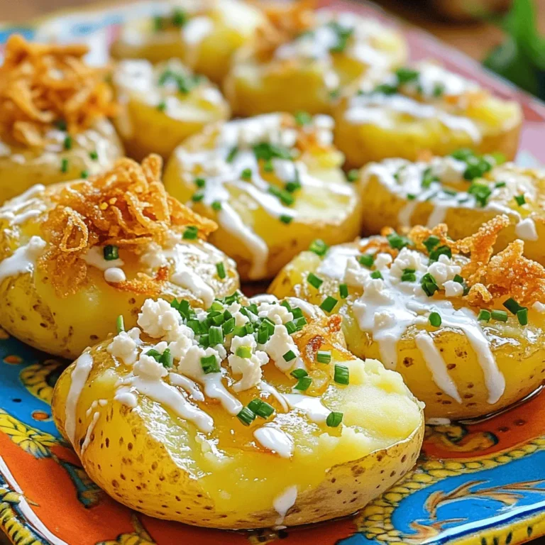 - 1.5 pounds baby Yukon Gold potatoes - 4 tablespoons unsalted butter, melted - 4 cloves garlic, finely minced - 1/2 cup heavy cream - 1/4 cup fresh chives, finely chopped - Salt and freshly ground black pepper to taste - Optional garnishes: crumbled feta cheese or crispy fried onions To make easy smashed potatoes, start with baby Yukon Gold potatoes. They are small and creamy, perfect for smashing. You will need about 1.5 pounds. Next, gather four tablespoons of unsalted butter. Melt it down for a rich flavor. Garlic is a must in this recipe. You need four cloves, finely minced. This will give your potatoes a creamy garlic delight. For that extra creaminess, use 1/2 cup of heavy cream. Add 1/4 cup of fresh chives for a burst of color and taste. Finally, don't forget salt and freshly ground black pepper. These seasonings will bring out the best in your dish. If you want to make it special, consider optional garnishes like crumbled feta cheese or crispy fried onions. These add a nice touch to your potatoes. You can find the full recipe for these delightful smashed potatoes, making it easy to follow along. First, gather your baby Yukon Gold potatoes. Place them in a large pot. Cover them completely with cold water. Next, add a generous pinch of salt to the water. This salt enhances the flavor of the potatoes. Bring the pot to a boil over medium-high heat. Cook the potatoes for about 15-20 minutes. Check if they are tender by piercing them with a fork. If it goes in easily, they are ready. Once cooked, drain the potatoes carefully. Return them to the pot for a moment to cool slightly. While they cool, preheat your oven to 400°F (200°C). This step is key for crispiness later on. In a small bowl, combine the melted butter, minced garlic, and heavy cream. Use a whisk to mix until well combined. The aroma will make your mouth water! Now it’s time to smash! Take the bottom of a sturdy glass or a potato masher. Gently press down on each potato until they flatten a bit. They should still hold their shape. After smashing, drizzle the garlic butter mixture over the potatoes. Make sure each potato gets a good coating. Transfer the smashed potatoes to a baking sheet lined with parchment paper. This keeps them from sticking. Place them in the preheated oven. Bake for about 20-25 minutes. Keep an eye on them. You want the edges to turn crispy and golden brown. Once out of the oven, sprinkle fresh chives over the potatoes. This adds color and flavor. If you want, you can also add crumbled feta cheese or crispy fried onions. These optional toppings give a nice touch to the dish. Enjoy your Easy Smashed Potatoes Creamy Garlic Delight! For the complete guide, check the Full Recipe. Using salt in the water is key. It helps the potatoes absorb flavor. This step makes a big difference. After baking, taste your potatoes. You might want to add more salt or pepper. Adjusting seasoning after baking keeps your dish tasty. Presentation matters. Serve your smashed potatoes on a colorful platter. This makes the dish pop. Garnish with extra chives or your favorite toppings. It adds a fresh look and taste. Use a white or bright platter for contrast. For smashing, a sturdy glass works great. A potato masher is also good. Both tools help create that perfect texture. Line your baking sheet with parchment paper. This prevents sticking and helps with cleanup. A rimmed baking sheet keeps everything in place as they bake. {{image_4}} You can mix up the flavor of your smashed potatoes easily. Adding cheese can take them to a new level. Parmesan cheese adds a nice salty kick. Just sprinkle it on top before baking. You can also try other cheeses like cheddar or gouda. Herbs make a great addition, too. Fresh rosemary or thyme can give your potatoes a fresh taste. Chop them finely and mix them in with the garlic butter. This adds a lovely aroma and flavor. If you want to make these smashed potatoes dairy-free, it’s simple. Replace the butter with olive oil or vegan butter. Swap the heavy cream for coconut milk or a nut-based cream. This keeps your dish rich and creamy without dairy. For gluten-free options, you’re in luck! This recipe is naturally gluten-free. Just check any toppings you use, like fried onions, to ensure they do not contain gluten. You can use different types of potatoes for unique flavors. Red potatoes are great for a sweeter taste. They also have a nice, creamy texture. Sweet potatoes can add a hint of sweetness, too. Just remember, cooking times may change slightly based on the potato type. Experiment with these variations to find your perfect smashed potato delight! For the full recipe, check out the Sassy Smashed Potatoes with Garlic & Chives. To store your smashed potatoes, place them in an airtight container. This keeps them fresh and prevents odors. You can also cover the dish with plastic wrap. The shelf life in the fridge is about 3 to 5 days. Make sure they cool down before storing to avoid extra moisture. To freeze smashed potatoes, let them cool completely. Then, spread them on a baking sheet in a single layer. Freeze them for about 1 to 2 hours until firm. After that, transfer them to a freezer bag or container. They can last up to 3 months in the freezer. For reheating, bake them at 400°F (200°C) for about 20-25 minutes. This helps keep their texture crisp. Use leftover smashed potatoes to make tasty potato cakes or fritters. Just mix in some eggs and breadcrumbs, then fry until golden. You can also add them to soups or casseroles for extra flavor and texture. They work great in a creamy potato soup or as a topping for shepherd’s pie. These ideas help reduce waste while enjoying new meals! Yes, you can prepare smashed potatoes ahead of time. Cook and smash them. Store them in an airtight container in the fridge for up to two days. When you’re ready to eat, just reheat them in the oven to regain that crispy texture. To make your smashed potatoes crispy, first, ensure they are dry after boiling. After smashing, drizzle them with that flavorful garlic butter mixture. Bake them at a high temperature, around 400°F (200°C), for 20-25 minutes. This will give them a nice golden crust. If you want a lighter option, use half-and-half or whole milk. For a dairy-free choice, try coconut milk or almond milk. These substitutes will change the flavor slightly, but they will still taste great. I recommend using baby Yukon Gold potatoes. They are creamy and hold their shape well when smashed. Their natural buttery flavor makes them perfect for this recipe. You could also use red potatoes if you prefer. Absolutely! Feel free to get creative. You can add herbs like rosemary or thyme. For toppings, crumbled feta cheese or crispy fried onions add a delightful crunch. Experiment with your favorite flavors to make them your own. The prep time is about 15 minutes, and the total time is 50 minutes. This recipe serves four people. It’s simple and quick, making it a great side dish for any meal. For the full recipe, refer to the earlier section. Smashed potatoes are fun and delicious. We covered key steps, from boiling the potatoes to baking them until crispy. You learned tips to enhance flavor and variations to try. Don’t forget to store leftovers properly or use them creatively. Enjoy experimenting with this recipe, and share your tasty results! Smashed potatoes can fit any meal, so get cooking today!