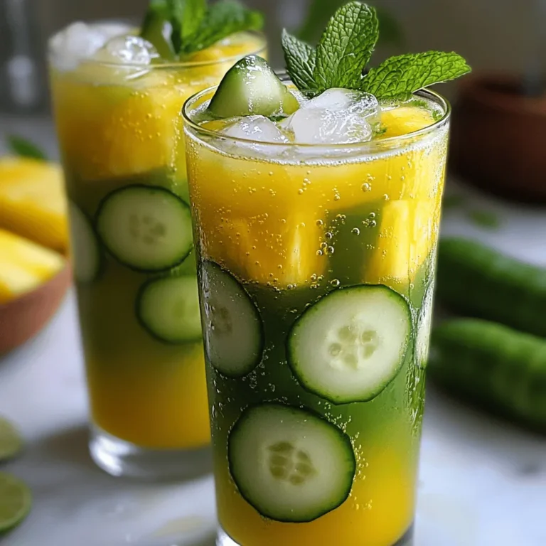To make this refreshing drink, gather these ingredients: - 1 medium cucumber, peeled and diced - 2 cups fresh pineapple, diced - 4 cups cold water, divided - 3 tablespoons agave syrup or honey, or to taste - Juice of 1 lime - Fresh mint leaves, for garnish - Ice cubes When picking your cucumber, look for ones that are firm and shiny. Avoid cucumbers with soft spots or wrinkles. For pineapple, select a fruit that has a sweet smell and gives slightly when pressed. A ripe pineapple should have a rich, yellow color. If you can’t find fresh pineapple, you can use canned pineapple in juice. Just drain it well before blending. For a different sweetener, try maple syrup or sugar instead of agave syrup. You can also swap lime juice for lemon juice for a different taste. Start by gathering your ingredients. You need a medium cucumber, fresh pineapple, and cold water. Peel and dice the cucumber. Cut the pineapple into small pieces. You should have about two cups of pineapple. Measure out four cups of cold water. This will help blend everything smoothly. Put the chopped cucumber and pineapple in a blender. Add one cup of cold water. Blend on high speed until smooth. This may take about 30 seconds. Next, get a fine mesh sieve and place it over a large pitcher. Pour the blended mix through the sieve. Use a spatula to press the mixture down. This helps extract all the juice. Make sure to get every drop into the pitcher. Once you have the juice, add the remaining three cups of cold water. Stir well to mix everything. Now, add three tablespoons of agave syrup or honey. Stir until it fully dissolves. Squeeze in the juice of one lime. Mix again to combine all flavors. Taste your agua fresca. If you want it sweeter or tangier, adjust with more syrup or lime juice. Chill in the fridge for about 30 minutes. This will help the flavors blend nicely. When it’s ready, serve it over ice. Garnish with fresh mint leaves for a cool touch. For the complete recipe, check the Full Recipe section. To boost flavor in your Cucumber Pineapple Agua Fresca, use ripe fruit. Ripe pineapple adds more sweetness. Choose cucumbers that feel firm and smell fresh. For a fun twist, try adding ginger or jalapeño for a spicy kick. You can also mix in fresh basil or cilantro for a unique taste. Serve your agua fresca in tall, clear glasses. This shows off the beautiful color. Add ice cubes to keep your drink cold and refreshing. A sprig of mint on top adds a nice touch. You can also use colorful straws or fun drink stirrers to make it more festive. If you have leftover agua fresca, store it in the fridge. It will stay fresh for about 2 days. You can also freeze it in ice cube trays. Later, use these cubes in smoothies or other drinks. The leftover pulp can be added to smoothies or used in baking. Check the full recipe for more ideas. {{image_4}} You can change the flavor of your agua fresca by using different fruits. Try using watermelon or strawberries for a fresh twist. Mango adds a tropical taste. If you want a bit of tartness, consider using green apples. Mix and match to find your favorite blend. Sweetness can make a big difference in your drink. If you like it sweeter, add more agave syrup or honey. If you prefer it less sweet, reduce the amount. Lime juice can also balance the sweetness. Taste as you mix to find the right level for you. Herbs and spices can add depth to your agua fresca. Mint gives a refreshing kick. Basil can add an interesting flavor twist. If you enjoy spice, try a pinch of cayenne or ginger. These additions can make your drink unique and exciting. Enjoy experimenting with your own flavors! To keep your Cucumber Pineapple Agua Fresca fresh, store it in an airtight container. Glass jars work well for this. Make sure to keep it in the fridge. This drink tastes best when served cold. Always stir it before pouring. If you notice separation, that's normal. Just give it a gentle mix. Your agua fresca can last about three days in the fridge. After that, it may lose its fresh taste and vibrant color. Always check for any off smells or changes in flavor before drinking. If it smells sour or looks strange, it’s best to throw it away. You can freeze agua fresca for up to three months. Pour it into ice cube trays for easy use. Once frozen, transfer the cubes into a zip-top bag. When you want a refreshing drink, blend the frozen cubes with a little water. This way, you can enjoy that fresh taste any time! For the full recipe, check the link above. Cucumber Pineapple Agua Fresca is a light, fruity drink. It mixes fresh cucumber and juicy pineapple. This drink is perfect for hot days. The cucumber adds a crisp taste, while the pineapple gives sweetness. You blend these fruits with water and sweetener. The result is a refreshing, thirst-quenching beverage. You can find the full recipe to make this drink. Yes, you can make Agua Fresca in advance. It stays fresh in the fridge for up to three days. However, it tastes best if served within a day. Make sure to store it in a sealed container. This way, it keeps its flavor and coolness. Just give it a stir before serving to mix everything well. Agua Fresca is a healthy drink option. It contains fresh fruits, which provide vitamins and hydration. Using less sugar or natural sweeteners like honey can make it even better. Plus, it has no artificial flavors or colors. Enjoying this drink helps you stay refreshed and nourished. Serve Agua Fresca in tall glasses filled with ice. Adding ice keeps the drink cold and refreshing. You can garnish it with fresh mint leaves for a nice touch. This drink is great for parties or casual meals. Consider serving it alongside light snacks or salads. Don’t throw away leftover pulp! You can use it in various ways. Add it to smoothies for extra texture and flavor. Mix it into yogurt or oatmeal for a healthy breakfast. You can also use it to make popsicles. The pulp adds nutrition and taste to your treats. Cucumber pineapple agua fresca is a refreshing drink great for warm days. We explored the best ingredients and tips for picking fresh produce. I shared easy steps to blend, strain, and enhance flavor. You also learned about fun variations and storage tips to keep your drink fresh. Remember, it’s all about using quality ingredients and exploring your taste. Enjoy experimenting with flavors, and make this drink your own!