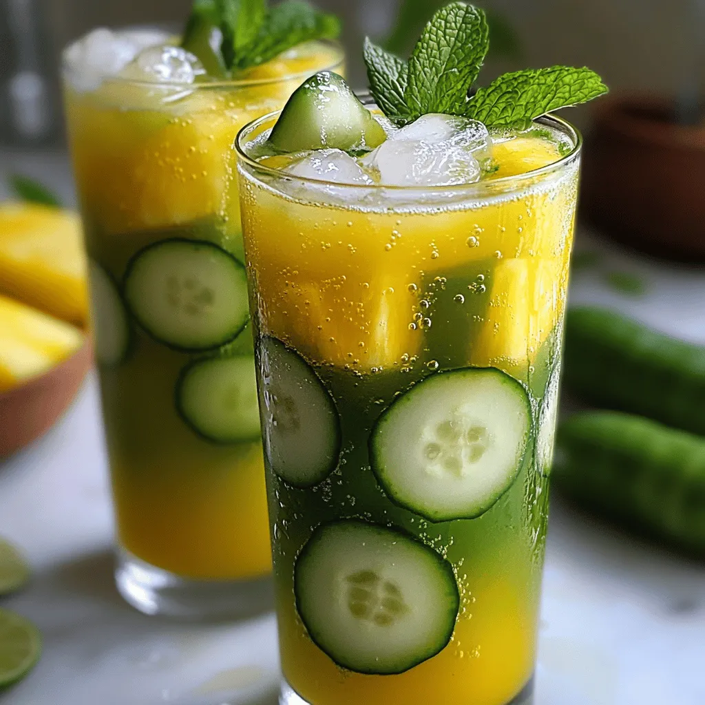To make this refreshing drink, gather these ingredients: - 1 medium cucumber, peeled and diced - 2 cups fresh pineapple, diced - 4 cups cold water, divided - 3 tablespoons agave syrup or honey, or to taste - Juice of 1 lime - Fresh mint leaves, for garnish - Ice cubes When picking your cucumber, look for ones that are firm and shiny. Avoid cucumbers with soft spots or wrinkles. For pineapple, select a fruit that has a sweet smell and gives slightly when pressed. A ripe pineapple should have a rich, yellow color. If you can’t find fresh pineapple, you can use canned pineapple in juice. Just drain it well before blending. For a different sweetener, try maple syrup or sugar instead of agave syrup. You can also swap lime juice for lemon juice for a different taste. Start by gathering your ingredients. You need a medium cucumber, fresh pineapple, and cold water. Peel and dice the cucumber. Cut the pineapple into small pieces. You should have about two cups of pineapple. Measure out four cups of cold water. This will help blend everything smoothly. Put the chopped cucumber and pineapple in a blender. Add one cup of cold water. Blend on high speed until smooth. This may take about 30 seconds. Next, get a fine mesh sieve and place it over a large pitcher. Pour the blended mix through the sieve. Use a spatula to press the mixture down. This helps extract all the juice. Make sure to get every drop into the pitcher. Once you have the juice, add the remaining three cups of cold water. Stir well to mix everything. Now, add three tablespoons of agave syrup or honey. Stir until it fully dissolves. Squeeze in the juice of one lime. Mix again to combine all flavors. Taste your agua fresca. If you want it sweeter or tangier, adjust with more syrup or lime juice. Chill in the fridge for about 30 minutes. This will help the flavors blend nicely. When it’s ready, serve it over ice. Garnish with fresh mint leaves for a cool touch. For the complete recipe, check the Full Recipe section. To boost flavor in your Cucumber Pineapple Agua Fresca, use ripe fruit. Ripe pineapple adds more sweetness. Choose cucumbers that feel firm and smell fresh. For a fun twist, try adding ginger or jalapeño for a spicy kick. You can also mix in fresh basil or cilantro for a unique taste. Serve your agua fresca in tall, clear glasses. This shows off the beautiful color. Add ice cubes to keep your drink cold and refreshing. A sprig of mint on top adds a nice touch. You can also use colorful straws or fun drink stirrers to make it more festive. If you have leftover agua fresca, store it in the fridge. It will stay fresh for about 2 days. You can also freeze it in ice cube trays. Later, use these cubes in smoothies or other drinks. The leftover pulp can be added to smoothies or used in baking. Check the full recipe for more ideas. {{image_4}} You can change the flavor of your agua fresca by using different fruits. Try using watermelon or strawberries for a fresh twist. Mango adds a tropical taste. If you want a bit of tartness, consider using green apples. Mix and match to find your favorite blend. Sweetness can make a big difference in your drink. If you like it sweeter, add more agave syrup or honey. If you prefer it less sweet, reduce the amount. Lime juice can also balance the sweetness. Taste as you mix to find the right level for you. Herbs and spices can add depth to your agua fresca. Mint gives a refreshing kick. Basil can add an interesting flavor twist. If you enjoy spice, try a pinch of cayenne or ginger. These additions can make your drink unique and exciting. Enjoy experimenting with your own flavors! To keep your Cucumber Pineapple Agua Fresca fresh, store it in an airtight container. Glass jars work well for this. Make sure to keep it in the fridge. This drink tastes best when served cold. Always stir it before pouring. If you notice separation, that's normal. Just give it a gentle mix. Your agua fresca can last about three days in the fridge. After that, it may lose its fresh taste and vibrant color. Always check for any off smells or changes in flavor before drinking. If it smells sour or looks strange, it’s best to throw it away. You can freeze agua fresca for up to three months. Pour it into ice cube trays for easy use. Once frozen, transfer the cubes into a zip-top bag. When you want a refreshing drink, blend the frozen cubes with a little water. This way, you can enjoy that fresh taste any time! For the full recipe, check the link above. Cucumber Pineapple Agua Fresca is a light, fruity drink. It mixes fresh cucumber and juicy pineapple. This drink is perfect for hot days. The cucumber adds a crisp taste, while the pineapple gives sweetness. You blend these fruits with water and sweetener. The result is a refreshing, thirst-quenching beverage. You can find the full recipe to make this drink. Yes, you can make Agua Fresca in advance. It stays fresh in the fridge for up to three days. However, it tastes best if served within a day. Make sure to store it in a sealed container. This way, it keeps its flavor and coolness. Just give it a stir before serving to mix everything well. Agua Fresca is a healthy drink option. It contains fresh fruits, which provide vitamins and hydration. Using less sugar or natural sweeteners like honey can make it even better. Plus, it has no artificial flavors or colors. Enjoying this drink helps you stay refreshed and nourished. Serve Agua Fresca in tall glasses filled with ice. Adding ice keeps the drink cold and refreshing. You can garnish it with fresh mint leaves for a nice touch. This drink is great for parties or casual meals. Consider serving it alongside light snacks or salads. Don’t throw away leftover pulp! You can use it in various ways. Add it to smoothies for extra texture and flavor. Mix it into yogurt or oatmeal for a healthy breakfast. You can also use it to make popsicles. The pulp adds nutrition and taste to your treats. Cucumber pineapple agua fresca is a refreshing drink great for warm days. We explored the best ingredients and tips for picking fresh produce. I shared easy steps to blend, strain, and enhance flavor. You also learned about fun variations and storage tips to keep your drink fresh. Remember, it’s all about using quality ingredients and exploring your taste. Enjoy experimenting with flavors, and make this drink your own!