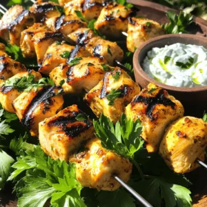 To make tasty chicken souvlaki skewers, gather these key items: - 1 pound boneless, skinless chicken breast, cut into 1-inch cubes - 1/4 cup high-quality olive oil - 3 tablespoons freshly squeezed lemon juice - 3 cloves of garlic, finely minced - 1 tablespoon dried oregano (preferably Greek) - 1 teaspoon smoked paprika - Salt and freshly ground black pepper, to taste - 8 skewers (soak wooden ones in water for 30 minutes) - Fresh parsley, finely chopped, for garnish - Creamy tzatziki sauce, for dipping These ingredients combine to create a juicy and flavorful dish. You can try these extras to make your skewers unique: - Bell peppers or onions, cut into chunks - Cherry tomatoes for a burst of sweetness - Lemon wedges for grilling, adding bright flavor - Different herbs like thyme or rosemary for a twist Feel free to mix and match these options for your taste. Use these tools to make the cooking process smooth: - Large mixing bowl for the marinade - Whisk to blend the marinade well - Grill or grill pan for cooking - Meat thermometer to check chicken doneness - Serving platter to display your skewers Having the right tools makes all the difference. For the full recipe, check the details above. Start by making the marinade. In a large bowl, mix together these ingredients: - 1/4 cup high-quality olive oil - 3 tablespoons freshly squeezed lemon juice - 3 cloves of garlic, finely minced - 1 tablespoon dried oregano - 1 teaspoon smoked paprika - Salt and freshly ground black pepper Whisk all the ingredients until they blend well. This marinade gives the chicken a zesty kick. Next, add your chicken cubes to the bowl. Make sure every piece gets coated in the marinade. Cover the bowl with plastic wrap. Let it sit in the fridge for at least one hour. For the best flavor, let it marinate overnight. Now it’s time to grill. Preheat your grill or grill pan over medium-high heat. You want it hot to sear the chicken nicely. While waiting, thread the marinated chicken onto skewers. Make sure they are snug but not too tight. Place the skewers on the grill and cook for 10-12 minutes. Turn them every few minutes for even cooking. Check the chicken's temperature; it should reach 165°F (74°C). When done, take them off the grill and let them rest. This keeps the juices locked in. Serve them warm, garnished with fresh parsley, and don’t forget the tzatziki sauce for dipping. Enjoy this tasty treat! For the full recipe, check out the details above. To make your chicken souvlaki skewers burst with flavor, marinate the chicken. Use a mix of olive oil, lemon juice, garlic, oregano, smoked paprika, salt, and pepper. Let the chicken soak in this mix for at least one hour. For the best taste, marinate it overnight. The longer you wait, the more the flavors soak in. Grill marks make your skewers look tasty and professional. To get those perfect lines, preheat your grill. Make sure it’s hot before placing the skewers on it. Lay the skewers down at a 45-degree angle. After a few minutes, turn them a quarter turn. This technique gives you nice, even grill marks. When skewering your chicken, space the pieces a little apart. This helps heat circulate and cook the chicken evenly. Use soaked wooden skewers to avoid burning. If you prefer metal skewers, they work great too. Alternate chicken with veggies like peppers or onions for added flavor and color. For a full recipe, check out the detailed instructions above. {{image_4}} You can swap chicken for other meats. Pork works well and is juicy. Lamb adds a rich taste that pairs nicely with the marinade. Beef is another great option. Just remember to adjust cooking times. Fish, like shrimp or salmon, can also shine on the grill. Choose firm fish to keep it from falling apart. Vegetarian skewers are fun and tasty! Use bell peppers, zucchini, and mushrooms. These veggies soak up the marinade flavor. Cherry tomatoes and red onions add sweetness. Firm tofu can replace meat and grill beautifully. Just marinate it well. You can also mix in halloumi cheese for a salty bite. Want to spice things up? Try global twists on your chicken souvlaki. Add spices like cumin or coriander for a Middle Eastern vibe. For an Asian flair, use soy sauce and ginger in your marinade. Indian-inspired skewers can feature yogurt and spices like garam masala. Each twist brings a new taste adventure to your plate. Explore these variations to keep your meals exciting! For the full recipe, check out the details above. After a tasty meal, you might have some chicken souvlaki left. Store the skewers in an airtight container. Keep them in the fridge for up to three days. To keep them fresh, avoid leaving them out at room temperature for too long. If you want to save some skewers for later, freezing works well. Wrap each skewer tightly in plastic wrap. Then, place them in a freezer bag. You can freeze them for up to three months. When you're ready to eat, just thaw them overnight in the fridge. Reheating chicken souvlaki is easy. You can use the oven or a skillet. For the oven, preheat it to 350°F (175°C). Place the skewers on a baking sheet and heat for about 10-15 minutes. If using a skillet, heat it over medium heat. Add a little olive oil and cook for about 5-7 minutes, turning often. This keeps the chicken juicy and tasty. For the full recipe, check out the earlier sections. Chicken souvlaki is a popular Greek dish. It consists of marinated chicken pieces, grilled on skewers. The chicken gets its flavor from a mix of olive oil, lemon, garlic, and spices. This dish is often served with tzatziki sauce, fresh veggies, or pita bread. The bright flavors make it a favorite at summer barbecues. Yes, you can prepare chicken souvlaki ahead of time. You can marinate the chicken the night before. This allows the flavors to soak in better. When you're ready to cook, just thread the marinated chicken onto skewers and grill them. This saves time and helps make your meal stress-free. Chicken souvlaki pairs well with many sides. Here are some great options: - Greek salad with cucumber, tomato, and feta cheese - Warm pita bread for dipping - Rice pilaf with herbs for extra flavor - Grilled veggies like bell peppers and zucchini These sides complement the skewered chicken perfectly, making your meal even more enjoyable. For the full recipe, check out the details above! You learned about the key ingredients for chicken souvlaki and how to prepare them. I shared step-by-step instructions for marinating and grilling, plus tips for great flavor and perfect grill marks. You can also explore variations and storage tips. Remember, you can tweak the recipe with different proteins or flavors. Enjoy creating your own delicious chicken souvlaki skewers! Keep experimenting and share your tasty results.