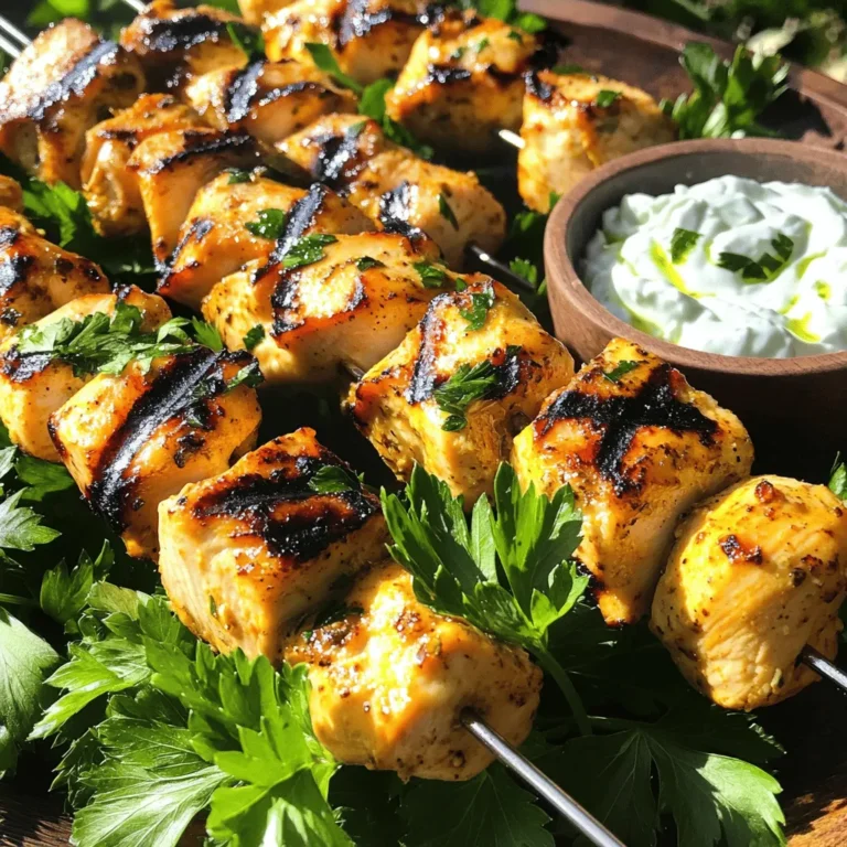 To make tasty chicken souvlaki skewers, gather these key items: - 1 pound boneless, skinless chicken breast, cut into 1-inch cubes - 1/4 cup high-quality olive oil - 3 tablespoons freshly squeezed lemon juice - 3 cloves of garlic, finely minced - 1 tablespoon dried oregano (preferably Greek) - 1 teaspoon smoked paprika - Salt and freshly ground black pepper, to taste - 8 skewers (soak wooden ones in water for 30 minutes) - Fresh parsley, finely chopped, for garnish - Creamy tzatziki sauce, for dipping These ingredients combine to create a juicy and flavorful dish. You can try these extras to make your skewers unique: - Bell peppers or onions, cut into chunks - Cherry tomatoes for a burst of sweetness - Lemon wedges for grilling, adding bright flavor - Different herbs like thyme or rosemary for a twist Feel free to mix and match these options for your taste. Use these tools to make the cooking process smooth: - Large mixing bowl for the marinade - Whisk to blend the marinade well - Grill or grill pan for cooking - Meat thermometer to check chicken doneness - Serving platter to display your skewers Having the right tools makes all the difference. For the full recipe, check the details above. Start by making the marinade. In a large bowl, mix together these ingredients: - 1/4 cup high-quality olive oil - 3 tablespoons freshly squeezed lemon juice - 3 cloves of garlic, finely minced - 1 tablespoon dried oregano - 1 teaspoon smoked paprika - Salt and freshly ground black pepper Whisk all the ingredients until they blend well. This marinade gives the chicken a zesty kick. Next, add your chicken cubes to the bowl. Make sure every piece gets coated in the marinade. Cover the bowl with plastic wrap. Let it sit in the fridge for at least one hour. For the best flavor, let it marinate overnight. Now it’s time to grill. Preheat your grill or grill pan over medium-high heat. You want it hot to sear the chicken nicely. While waiting, thread the marinated chicken onto skewers. Make sure they are snug but not too tight. Place the skewers on the grill and cook for 10-12 minutes. Turn them every few minutes for even cooking. Check the chicken's temperature; it should reach 165°F (74°C). When done, take them off the grill and let them rest. This keeps the juices locked in. Serve them warm, garnished with fresh parsley, and don’t forget the tzatziki sauce for dipping. Enjoy this tasty treat! For the full recipe, check out the details above. To make your chicken souvlaki skewers burst with flavor, marinate the chicken. Use a mix of olive oil, lemon juice, garlic, oregano, smoked paprika, salt, and pepper. Let the chicken soak in this mix for at least one hour. For the best taste, marinate it overnight. The longer you wait, the more the flavors soak in. Grill marks make your skewers look tasty and professional. To get those perfect lines, preheat your grill. Make sure it’s hot before placing the skewers on it. Lay the skewers down at a 45-degree angle. After a few minutes, turn them a quarter turn. This technique gives you nice, even grill marks. When skewering your chicken, space the pieces a little apart. This helps heat circulate and cook the chicken evenly. Use soaked wooden skewers to avoid burning. If you prefer metal skewers, they work great too. Alternate chicken with veggies like peppers or onions for added flavor and color. For a full recipe, check out the detailed instructions above. {{image_4}} You can swap chicken for other meats. Pork works well and is juicy. Lamb adds a rich taste that pairs nicely with the marinade. Beef is another great option. Just remember to adjust cooking times. Fish, like shrimp or salmon, can also shine on the grill. Choose firm fish to keep it from falling apart. Vegetarian skewers are fun and tasty! Use bell peppers, zucchini, and mushrooms. These veggies soak up the marinade flavor. Cherry tomatoes and red onions add sweetness. Firm tofu can replace meat and grill beautifully. Just marinate it well. You can also mix in halloumi cheese for a salty bite. Want to spice things up? Try global twists on your chicken souvlaki. Add spices like cumin or coriander for a Middle Eastern vibe. For an Asian flair, use soy sauce and ginger in your marinade. Indian-inspired skewers can feature yogurt and spices like garam masala. Each twist brings a new taste adventure to your plate. Explore these variations to keep your meals exciting! For the full recipe, check out the details above. After a tasty meal, you might have some chicken souvlaki left. Store the skewers in an airtight container. Keep them in the fridge for up to three days. To keep them fresh, avoid leaving them out at room temperature for too long. If you want to save some skewers for later, freezing works well. Wrap each skewer tightly in plastic wrap. Then, place them in a freezer bag. You can freeze them for up to three months. When you're ready to eat, just thaw them overnight in the fridge. Reheating chicken souvlaki is easy. You can use the oven or a skillet. For the oven, preheat it to 350°F (175°C). Place the skewers on a baking sheet and heat for about 10-15 minutes. If using a skillet, heat it over medium heat. Add a little olive oil and cook for about 5-7 minutes, turning often. This keeps the chicken juicy and tasty. For the full recipe, check out the earlier sections. Chicken souvlaki is a popular Greek dish. It consists of marinated chicken pieces, grilled on skewers. The chicken gets its flavor from a mix of olive oil, lemon, garlic, and spices. This dish is often served with tzatziki sauce, fresh veggies, or pita bread. The bright flavors make it a favorite at summer barbecues. Yes, you can prepare chicken souvlaki ahead of time. You can marinate the chicken the night before. This allows the flavors to soak in better. When you're ready to cook, just thread the marinated chicken onto skewers and grill them. This saves time and helps make your meal stress-free. Chicken souvlaki pairs well with many sides. Here are some great options: - Greek salad with cucumber, tomato, and feta cheese - Warm pita bread for dipping - Rice pilaf with herbs for extra flavor - Grilled veggies like bell peppers and zucchini These sides complement the skewered chicken perfectly, making your meal even more enjoyable. For the full recipe, check out the details above! You learned about the key ingredients for chicken souvlaki and how to prepare them. I shared step-by-step instructions for marinating and grilling, plus tips for great flavor and perfect grill marks. You can also explore variations and storage tips. Remember, you can tweak the recipe with different proteins or flavors. Enjoy creating your own delicious chicken souvlaki skewers! Keep experimenting and share your tasty results.