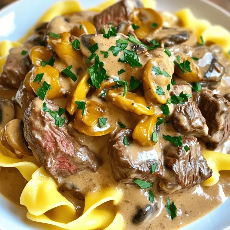 - 1 lb (450g) beef sirloin, thinly sliced - 1 medium onion, finely chopped - 2 garlic cloves, minced - 8 oz (225g) mushrooms, sliced - 1 tablespoon olive oil - 1 tablespoon butter - 2 cups beef broth - 1 tablespoon Worcestershire sauce - 1 teaspoon Dijon mustard - 1 cup sour cream - Salt and pepper to taste - 12 oz (340g) egg noodles - Fresh parsley, chopped, for garnish When I cook beef stroganoff, I love the rich flavors and creamy sauce. The beef sirloin is my go-to cut. It’s tender and cooks well. I always slice it thin for quick cooking. The onion and garlic add a nice base flavor. Mushrooms bring earthiness to the dish. I prefer fresh mushrooms, but you can use canned if needed. Olive oil and butter together create a great frying base. The beef broth adds depth while the Worcestershire sauce gives a tangy kick. Dijon mustard adds a bit of zest. I never skip sour cream; it makes the sauce creamy and smooth. Salt and pepper help balance all the flavors. Lastly, I like to serve it over egg noodles. They soak up the sauce perfectly. - Large skillet - Cooking pot for noodles - Wooden spoon or spatula These tools make cooking easy. The large skillet is key for sautéing. A pot for noodles is a must to boil them separately. A wooden spoon or spatula helps mix everything well without scratching your skillet. - Calories per serving: Approximately 500 - Macronutrients breakdown: - Protein: 30g - Carbohydrates: 45g - Fat: 25g This dish is hearty and filling. You get good protein from the beef and carbs from the noodles. It’s a comfort meal that satisfies your hunger and warms your soul. If you want to check out the full recipe, you can find it easily! 1. Cooking the egg noodles Start by boiling water in a pot. Add a pinch of salt for flavor. Once the water is boiling, add the egg noodles. Cook for about 8 to 10 minutes, or until they are al dente. Drain the noodles and set them aside to keep warm. 2. Slicing and chopping techniques Use a sharp knife to cut the beef sirloin into thin strips. Aim for pieces about a quarter-inch thick. For the onion, cut it in half and slice thinly. Mince the garlic cloves finely. Finally, slice the mushrooms evenly for even cooking. 1. Sautéing the beef In a large skillet, heat the olive oil over medium-high heat. Once the oil shimmers, add the sliced beef. Sauté the beef for about 5 minutes. Cook until it turns a rich brown color on all sides. When done, remove the beef from the skillet and set it aside. 2. Cooking onions and mushrooms In the same skillet, add butter. Let it melt, then add the chopped onion and minced garlic. Cook for about 3 minutes until the onion is soft. Next, add the sliced mushrooms. Stir and cook for another 5 minutes until they are golden and tender. 1. Combining ingredients and simmering the sauce Return the browned beef to the skillet with the mushrooms. Pour in the beef broth, Worcestershire sauce, and Dijon mustard. Stir everything well and let it simmer for 5 to 7 minutes. This helps the sauce thicken and develop flavor. 2. Adding sour cream and seasoning Lower the heat and gently fold in the sour cream. Mix it well into the sauce. Taste and add salt and pepper as needed. This will balance the flavors perfectly. When ready, serve the creamy beef stroganoff over the warm egg noodles. To brown beef well, use high heat. This helps the meat get a nice crust. Make sure to not crowd the pan. If you add too much beef, it will steam instead of brown. Cook the beef in batches if needed. For mushrooms, slice them evenly. This helps them cook at the same time. Sauté mushrooms until they are golden brown. This makes them tender and brings out their flavor. To boost flavor, think about adding spices like paprika or thyme. These add warmth and depth. You can also try fresh herbs like dill or chives for a bright note. If you want a creamier sauce, add more sour cream. You can also mix in a little cream cheese for extra richness. Adjust the amount based on your taste. For plating, serve stroganoff in shallow bowls. This gives it a nice look. Place the noodles at the bottom, then add the beef and sauce on top. For garnishing, sprinkle fresh parsley over the dish. It adds color and freshness. A dash of paprika can also enhance the visual appeal, making your meal even more inviting. Explore the Full Recipe to make this delightful dish at home! {{image_4}} You can try different cuts of beef for your stroganoff. Beef sirloin is great, but you can use tenderloin or flank steak too. Each cut gives a unique taste and texture. If you want a richer flavor, chuck roast works well. Just remember to slice it thin for the best results. You can also swap out sour cream. Greek yogurt is a tasty option. It adds a creamy texture with a bit of tang. Cream cheese can work too, making the sauce thicker. Just mix it in slowly to keep it smooth. If you need gluten-free noodles, many brands offer rice or corn options. These noodles cook nicely and taste great with the sauce. You can also use zucchini noodles for a low-carb twist. For a vegetarian version, replace the beef with mushrooms or lentils. Use vegetable broth instead of beef broth. This change keeps the heartiness while adding a different flavor. You can add more veggies like bell peppers or spinach for extra nutrition. Want to give your beef stroganoff an international flair? Try adding soy sauce or sesame oil for an Asian touch. You can even toss in some ginger and green onions. This gives a fresh twist and a bit of spice. For an Italian spin, add a splash of red wine and some crushed tomatoes. This makes a rich sauce that pairs well with the beef. You can sprinkle some Parmesan cheese on top for extra flavor. For more ideas, check the Full Recipe. Each variation can make your dish unique and fun! To keep your beef stroganoff fresh, store leftovers in the fridge. Use airtight containers. Glass or plastic containers work well. Make sure to let the dish cool before sealing. This helps prevent moisture build-up, keeping the beef and noodles tasty. You should consume leftovers within three days for the best quality. Freezing beef stroganoff is easy! First, cool the dish completely. Then, divide it into meal-sized portions. Use freezer-safe containers or heavy-duty freezer bags. Remove as much air as you can before sealing. For best taste, eat it within two months. When ready to enjoy, thaw it overnight in the fridge. Reheat on the stove over low heat, stirring often. In the fridge, beef stroganoff lasts about three days. In the freezer, it can stay good for up to two months. Always check for changes in smell or texture before eating. This helps ensure a safe and delicious meal. For the full recipe, check out the ingredients and steps mentioned earlier. Beef stroganoff comes from Russia. The dish dates back to the 19th century. It was named after a Russian count, Paul Stroganov. The original recipe featured tender beef, onions, and a sour cream sauce. Over time, many chefs added mushrooms and spices, making it popular worldwide. You can make beef stroganoff ahead of time with ease. First, prepare the beef and sauce as directed. After cooking, let it cool. Store it in an airtight container in the fridge. For best taste, use within 2-3 days. When ready to serve, reheat on low heat. Add a splash of beef broth to keep it creamy. Yes, you can swap proteins in beef stroganoff. Chicken works well; just cut it into small pieces. Pork is another great option. For a vegetarian dish, use mushrooms or tofu. Each option gives a unique flavor while keeping the dish hearty. Beef stroganoff pairs nicely with several side dishes. Egg noodles are classic, but you can also use rice. Mashed potatoes or even a side salad add freshness. Steamed veggies like green beans or broccoli complement the creamy sauce well. These sides create a complete meal that everyone will love. Beef stroganoff is a hearty dish made with simple, tasty ingredients. You learned how to prepare it step by step, from cooking the noodles to creating a rich sauce. Remember to try the tips for flavor and presentation to elevate your dish. You can also make variations to suit your needs, like gluten-free options or using different proteins. With proper storage, leftovers will stay fresh and delicious. Enjoy your beef stroganoff at mealtime and share these tips with friends for a great dining experience.
