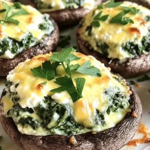- 12 large portobello or cremini mushrooms - 1 cup fresh spinach - 1 cup creamy ricotta cheese - 1 cup shredded mozzarella cheese (divided) - 1/2 cup grated Parmesan cheese - 2 cloves garlic - 1/4 teaspoon crushed red pepper flakes - Salt and freshly ground black pepper - 2 tablespoons extra virgin olive oil - Fresh parsley for garnish To make cheesy spinach stuffed mushrooms, you need fresh and simple ingredients. Start with mushrooms that are large and firm. Portobello or cremini mushrooms work best. The filling calls for creamy ricotta and plenty of mozzarella. This combination makes the dish rich and cheesy. Spinach adds a great color and flavor. Use fresh spinach for the best taste. Garlic gives the filling a nice kick. You can add crushed red pepper flakes for some heat, but it’s optional. Don’t forget to season with salt and pepper. Olive oil adds richness and helps sauté the garlic. Fresh parsley is perfect for garnish. It brightens up the dish and adds a pop of color. For the full recipe, you can check the detailed steps. Enjoy cooking! - Preheat the oven to 375°F (190°C). - Clean the mushrooms with a damp cloth and place them hollow side up on a lined baking sheet. - In a skillet over medium heat, add 2 tablespoons of olive oil. - Once hot, add the minced garlic and sauté for 1 minute. - Then, add 1 cup of chopped spinach and stir for about 2 minutes. - Remove the skillet from heat and let the spinach cool slightly. - In a mixing bowl, combine 1 cup of ricotta cheese, half of the shredded mozzarella, and 1/2 cup of grated Parmesan. - Add the sautéed spinach, crushed red pepper, and a pinch of salt and pepper. - Mix well until you get a creamy filling. - Use a spoon to fill each mushroom cap with this cheese mixture. - Top each filled mushroom with the remaining shredded mozzarella. - Bake the mushrooms for 20-25 minutes until the cheese melts and the mushrooms are tender. This recipe is perfect for a fun appetizer or snack! For the complete recipe, check out the [Full Recipe]. Use fresh ingredients for the best taste. Fresh spinach and cheeses enhance the dish. Adjust seasoning based on your taste. Add more salt or pepper if needed. A pinch of crushed red pepper adds a nice kick. Avoid overcooking the mushrooms. They should be tender but still hold their shape. Let the filling cool slightly before stuffing. This helps it stay firm inside the mushroom. You want a creamy filling that doesn't spill out. Serve with lemon wedges and parsley for a bright look. The lemon adds zest and freshness. Use decorative plating to make it visually appealing. A colorful plate makes the dish stand out. You can impress your guests with just a few simple touches. {{image_4}} You can switch ricotta with cream cheese or cottage cheese for a different taste. Both options work well and keep the filling creamy. If you want to play with flavors, try goat cheese or feta instead of mozzarella. These cheeses add a tangy twist that many people enjoy. Want to spice things up? Incorporate sun-dried tomatoes or artichokes into your filling. These ingredients bring extra depth and a bit of sweetness. You can also add fresh herbs like basil or thyme. They boost the flavor and add a nice aroma to your dish. If you need a vegan option, swap out regular cheese for cashew cheese. Nutritional yeast can give it a cheesy flavor without dairy. For those who need gluten-free options, choose gluten-free bread for any variations. This way, everyone can enjoy cheesy spinach stuffed mushrooms. For the full recipe, check the section above. After enjoying your cheesy spinach stuffed mushrooms, store any leftovers in an airtight container. Make sure to place them in the fridge. They will stay fresh for up to three days. If you want to keep them longer, consider freezing them. To reheat the mushrooms, the oven works best. Preheat your oven to 350°F (175°C). Place the stuffed mushrooms on a baking sheet. Heat them for about 10 to 15 minutes. This method keeps the mushrooms tender and the cheese nice and gooey. If you’re short on time, you can use a microwave. Heat them in 30-second intervals until warm, but this may change the texture. Always check that the mushrooms are heated through before serving. Yes, you can prepare cheesy spinach stuffed mushrooms ahead of time. Stuff the mushrooms and place them in the fridge for up to 24 hours. Just bake them before serving. This saves time and keeps things easy for you. These stuffed mushrooms pair well with many dishes. You can serve them with a fresh salad, garlic bread, or even pasta. They make a great appetizer or side dish at any meal. Leftovers of cheesy spinach stuffed mushrooms last about 3-4 days in the fridge. Store them in an airtight container. Make sure to enjoy them within that time for the best taste and quality. Yes, you can freeze cheesy spinach stuffed mushrooms! First, prepare and stuff them. Then, place them on a baking sheet and freeze until solid. After that, transfer them to a freezer-safe bag. They can last up to 3 months in the freezer. The best mushrooms for stuffing are portobello and cremini. They have a sturdy shape and hold the filling well. Their rich flavor also enhances the dish. You can use other mushrooms, but these two are top choices. Cheesy spinach stuffed mushrooms are a delicious and easy dish to make. We covered key ingredients like fresh spinach, different cheeses, and seasonings. I shared step-by-step cooking instructions for perfect results. You learned tips to enhance flavor, texture, and presentation. We discussed variations for different dietary needs and how to store and reheat leftovers. With these insights, you can make tasty stuffed mushrooms that impress. Experiment with flavors, be creative, and enjoy the process!