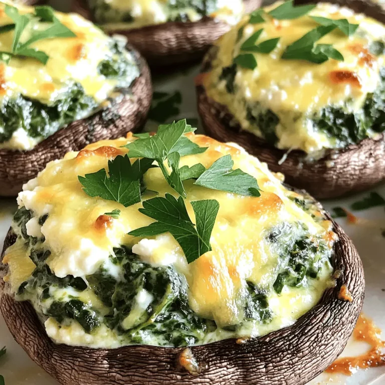 - 12 large portobello or cremini mushrooms - 1 cup fresh spinach - 1 cup creamy ricotta cheese - 1 cup shredded mozzarella cheese (divided) - 1/2 cup grated Parmesan cheese - 2 cloves garlic - 1/4 teaspoon crushed red pepper flakes - Salt and freshly ground black pepper - 2 tablespoons extra virgin olive oil - Fresh parsley for garnish To make cheesy spinach stuffed mushrooms, you need fresh and simple ingredients. Start with mushrooms that are large and firm. Portobello or cremini mushrooms work best. The filling calls for creamy ricotta and plenty of mozzarella. This combination makes the dish rich and cheesy. Spinach adds a great color and flavor. Use fresh spinach for the best taste. Garlic gives the filling a nice kick. You can add crushed red pepper flakes for some heat, but it’s optional. Don’t forget to season with salt and pepper. Olive oil adds richness and helps sauté the garlic. Fresh parsley is perfect for garnish. It brightens up the dish and adds a pop of color. For the full recipe, you can check the detailed steps. Enjoy cooking! - Preheat the oven to 375°F (190°C). - Clean the mushrooms with a damp cloth and place them hollow side up on a lined baking sheet. - In a skillet over medium heat, add 2 tablespoons of olive oil. - Once hot, add the minced garlic and sauté for 1 minute. - Then, add 1 cup of chopped spinach and stir for about 2 minutes. - Remove the skillet from heat and let the spinach cool slightly. - In a mixing bowl, combine 1 cup of ricotta cheese, half of the shredded mozzarella, and 1/2 cup of grated Parmesan. - Add the sautéed spinach, crushed red pepper, and a pinch of salt and pepper. - Mix well until you get a creamy filling. - Use a spoon to fill each mushroom cap with this cheese mixture. - Top each filled mushroom with the remaining shredded mozzarella. - Bake the mushrooms for 20-25 minutes until the cheese melts and the mushrooms are tender. This recipe is perfect for a fun appetizer or snack! For the complete recipe, check out the [Full Recipe]. Use fresh ingredients for the best taste. Fresh spinach and cheeses enhance the dish. Adjust seasoning based on your taste. Add more salt or pepper if needed. A pinch of crushed red pepper adds a nice kick. Avoid overcooking the mushrooms. They should be tender but still hold their shape. Let the filling cool slightly before stuffing. This helps it stay firm inside the mushroom. You want a creamy filling that doesn't spill out. Serve with lemon wedges and parsley for a bright look. The lemon adds zest and freshness. Use decorative plating to make it visually appealing. A colorful plate makes the dish stand out. You can impress your guests with just a few simple touches. {{image_4}} You can switch ricotta with cream cheese or cottage cheese for a different taste. Both options work well and keep the filling creamy. If you want to play with flavors, try goat cheese or feta instead of mozzarella. These cheeses add a tangy twist that many people enjoy. Want to spice things up? Incorporate sun-dried tomatoes or artichokes into your filling. These ingredients bring extra depth and a bit of sweetness. You can also add fresh herbs like basil or thyme. They boost the flavor and add a nice aroma to your dish. If you need a vegan option, swap out regular cheese for cashew cheese. Nutritional yeast can give it a cheesy flavor without dairy. For those who need gluten-free options, choose gluten-free bread for any variations. This way, everyone can enjoy cheesy spinach stuffed mushrooms. For the full recipe, check the section above. After enjoying your cheesy spinach stuffed mushrooms, store any leftovers in an airtight container. Make sure to place them in the fridge. They will stay fresh for up to three days. If you want to keep them longer, consider freezing them. To reheat the mushrooms, the oven works best. Preheat your oven to 350°F (175°C). Place the stuffed mushrooms on a baking sheet. Heat them for about 10 to 15 minutes. This method keeps the mushrooms tender and the cheese nice and gooey. If you’re short on time, you can use a microwave. Heat them in 30-second intervals until warm, but this may change the texture. Always check that the mushrooms are heated through before serving. Yes, you can prepare cheesy spinach stuffed mushrooms ahead of time. Stuff the mushrooms and place them in the fridge for up to 24 hours. Just bake them before serving. This saves time and keeps things easy for you. These stuffed mushrooms pair well with many dishes. You can serve them with a fresh salad, garlic bread, or even pasta. They make a great appetizer or side dish at any meal. Leftovers of cheesy spinach stuffed mushrooms last about 3-4 days in the fridge. Store them in an airtight container. Make sure to enjoy them within that time for the best taste and quality. Yes, you can freeze cheesy spinach stuffed mushrooms! First, prepare and stuff them. Then, place them on a baking sheet and freeze until solid. After that, transfer them to a freezer-safe bag. They can last up to 3 months in the freezer. The best mushrooms for stuffing are portobello and cremini. They have a sturdy shape and hold the filling well. Their rich flavor also enhances the dish. You can use other mushrooms, but these two are top choices. Cheesy spinach stuffed mushrooms are a delicious and easy dish to make. We covered key ingredients like fresh spinach, different cheeses, and seasonings. I shared step-by-step cooking instructions for perfect results. You learned tips to enhance flavor, texture, and presentation. We discussed variations for different dietary needs and how to store and reheat leftovers. With these insights, you can make tasty stuffed mushrooms that impress. Experiment with flavors, be creative, and enjoy the process!
