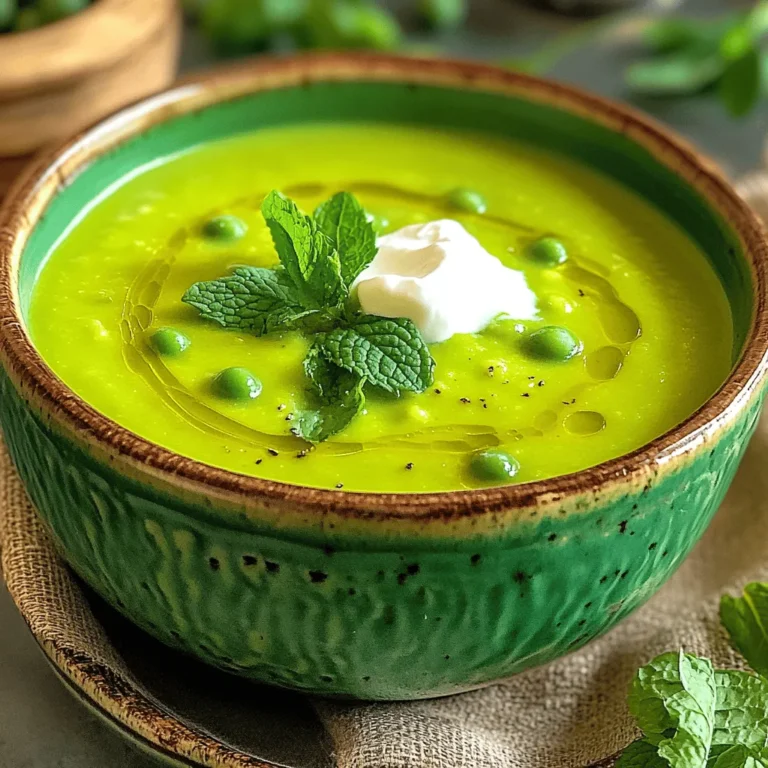 - 4 cups fresh or frozen green peas - 1 medium onion, finely chopped - 2 cloves garlic, minced - 4 cups vegetable broth - 1 cup fresh mint leaves, lightly packed - 1 tablespoon olive oil - Salt and freshly ground black pepper, to taste - 1 tablespoon freshly squeezed lemon juice - Optional: Crème fraîche or yogurt for garnish The ingredients for pea and mint soup are simple yet full of flavor. Each one plays a key role. Green peas bring a burst of sweetness and a bright green color. They are packed with vitamins, making the soup not just tasty but also healthy. Onions and garlic add depth to the soup's flavor. They also offer many health benefits. Fresh mint is the star of this dish. It adds a refreshing taste and aroma. Lemon juice enhances the flavors while adding a tangy twist. I often use vegetable broth for a lighter touch, but chicken broth works too if you prefer. You can even use plant-based yogurt for a creamy finish, keeping it dairy-free. By combining these fresh ingredients, you create a vibrant and nourishing delight that warms the soul. Check the [Full Recipe] for easy steps to make this delicious soup! Making pea and mint soup is easy. You will sauté, stir, and blend. The steps come together fast, and the results are tasty. - Step 1: Sauté onions and garlic Heat olive oil in a large pot over medium heat. Add chopped onion and minced garlic. Sauté for about 5 minutes. You want the onion to turn soft and clear. - Step 2: Add peas and stir Next, toss in the green peas. Stir gently to mix them with the onion and garlic. Cook for 2-3 minutes. This warms the peas and brings out their sweet taste. - Step 3: Pour in vegetable broth and simmer Carefully add the vegetable broth. Bring the mixture to a boil. Once boiling, lower the heat and let it simmer for 10 minutes. The peas should be bright and tender. - Step 4: Incorporate mint leaves and blend Remove the pot from heat. Stir in the fresh mint leaves. Let the soup sit for a few minutes. This time helps the mint share its fresh flavor. Then, blend the soup until smooth. - Step 5: Season with lemon juice, salt, and pepper Add freshly squeezed lemon juice. Season with salt and pepper to taste. Adjust the flavors as needed for your palate. - Step 6: Serve and garnish Pour the soup into bowls. If you like, add a dollop of crème fraîche or yogurt on top. Garnish with a few mint leaves for a lovely touch. - Using fresh ingredients makes a big difference. Fresh peas and mint create the best taste. - Keep the heat on medium. Too high a heat can cook the peas too fast. This may affect their color and flavor. For the Full Recipe, check the details above and enjoy making your vibrant pea and mint soup. To make your pea and mint soup even better, try adding spices. Cumin and ginger can add warmth and depth. A touch of cumin gives a nutty flavor, while ginger adds a slight zing. Adjust the acidity with more lemon juice to brighten the dish. The lemon balances the sweet peas and fresh mint beautifully. This soup pairs well with crusty bread or a light salad. The bread soaks up the flavors and adds a nice texture. For a salad, choose something fresh, like a cucumber or mixed greens. To present the soup, use bowls that show off the bright green color. You can drizzle a little olive oil on top and sprinkle fresh mint leaves for a pop of color. For making this soup, I recommend using an immersion blender. They are easy to use and clean. If you prefer a traditional blender, ensure you let the soup cool a bit before blending. Use a heavy-bottomed pot to ensure even heat distribution while cooking. A wooden spoon is perfect for stirring and scraping the pot. For the best experience, check out my Full Recipe for more insights! {{image_4}} You can easily add proteins to this soup. Chicken or shrimp can make it heartier. Simply cook the protein before adding it to the soup. It adds flavor and makes the dish more filling. You can also turn this soup into a cold summer soup. After blending, chill it in the fridge. Serve it cold on a hot day. It’s refreshing and bright. If you want a twist, try using basil instead of mint. Basil gives a sweet and spicy note. You can also add other vegetables like zucchini or spinach. Both options make the soup more colorful and nutritious. This soup is easy to adapt for dietary needs. For vegan options, skip the crème fraîche and use plant-based yogurt instead. It keeps the creaminess without dairy. You can also make it gluten-free with no changes. For low-sodium options, use low-sodium broth. It keeps the flavor while being healthier. For the full recipe, check out the [Full Recipe]. To store your pea and mint soup, cool it first. Pour it into an airtight container. This keeps the soup fresh for a short time. Make sure to use it within three days. When you reheat, use a pot on low heat. Stir often to keep the flavors intact. You can also microwave it. Just cover the bowl and heat in short bursts. Freezing your soup extends its life. Use freezer-safe containers or bags. Leave space at the top, as the soup will expand. Label each container with the date. When it's time to eat, thaw it overnight in the fridge. For quick thawing, run warm water over the bag. Reheat it on the stove for best taste. In the fridge, the soup lasts about three days. If frozen, it can stay good for up to three months. Look for changes in color or smell to judge if it’s bad. If the soup looks dull or sour, it’s time to toss it. Keeping track of the date helps you enjoy your soup at its best. Can I use frozen peas instead of fresh? Yes, you can use frozen peas. They are often picked at their peak ripeness, making them sweet and tasty. Just add them directly to the pot. They will cook well alongside fresh peas. How can I thicken the soup if it's too thin? If your soup is too thin, you can blend in more peas. Simply take a cup of the soup and add it back after blending. You can also add a small amount of potato or cream for extra thickness. Is there a vegetarian version of this soup? The recipe is already vegetarian! It uses vegetable broth and no meat. Feel free to tweak it with your favorite veggies for added flavor. Can I make this soup ahead of time? Absolutely! You can make this soup a day ahead. Just store it in the fridge. Reheat it gently on the stove before serving. What are the best practices for blending hot soup? When blending hot soup, use an immersion blender. If you use a traditional blender, let the soup cool slightly. Blend in small batches to avoid spills. How can I adjust the recipe for more servings? To make more servings, simply double the ingredients. Adjust the broth, peas, and mint. This way, everyone can enjoy this vibrant delight! This blog post covered making a delicious pea and mint soup. We explored essential ingredients and their health benefits. You learned step-by-step cooking instructions and tips for better flavor. I shared ideas for variations and substitutions to suit your taste. Remember, fresh ingredients make a difference. Store your soup properly to enjoy it longer. Whether you serve it hot or cold, this soup can bring joy to your meal. Try making it, and savor the fresh flavors!