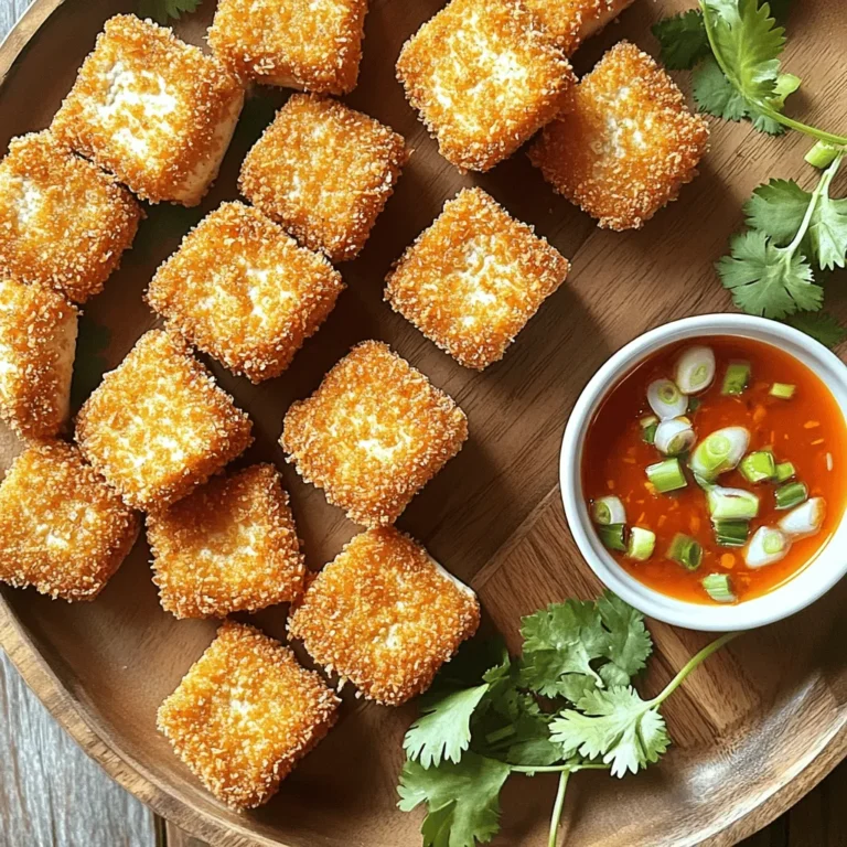 - 1 block (14 oz) firm tofu - 1/2 cup cornstarch - 1 teaspoon garlic powder - 1 teaspoon onion powder - 1 teaspoon smoked paprika - 1/2 teaspoon cayenne pepper (optional) - Salt and black pepper - 1 tablespoon soy sauce - 1 tablespoon olive oil - Cooking spray To make crispy air fryer tofu nuggets, you need a few simple ingredients. Start with firm tofu. It gives the best texture. You want to drain and press the tofu well. This step removes extra water, making it easier to crisp up. Next, you will need cornstarch. This is the secret for a crunchy coating. It helps absorb moisture and creates that crispy outside we all love. Then, gather your spices. Garlic powder, onion powder, and smoked paprika add depth of flavor. If you like a little heat, add cayenne pepper. Adjust the salt and black pepper to your taste. For flavor, soy sauce and olive oil are key. They help season the tofu and keep it moist. Lastly, don’t forget cooking spray. This helps prevent sticking and ensures even cooking. - Sweet chili sauce - Zesty vegan ranch Dipping sauces add fun! Sweet chili sauce gives a nice balance of sweet and spicy. Zesty vegan ranch adds a creamy touch. Both pair well with the crispy nuggets. You can mix and match to find your favorite. Happy cooking! 1. Drain and press tofu Start with a block of firm tofu. Remove it from the package and drain off the water. Wrap it in a clean kitchen towel. Place a heavy object on top for about 15 minutes. This helps remove excess moisture. 2. Cut into uniform cubes Once pressed, slice the tofu into even 1-inch cubes. This size helps them cook evenly in the air fryer. 1. Mix cornstarch and spices In a bowl, combine 1/2 cup cornstarch, 1 teaspoon garlic powder, 1 teaspoon onion powder, 1 teaspoon smoked paprika, and salt and pepper. Mix it well. 2. Toss tofu in soy sauce and olive oil In a separate bowl, drizzle 1 tablespoon of soy sauce and 1 tablespoon of olive oil over the tofu cubes. Gently toss to coat all pieces. 3. Coat tofu in seasoning mixture Gradually add the cornstarch mixture to the tofu. Toss until each nugget is fully covered. This coating makes your nuggets crunchy. 1. Preheat air fryer Set your air fryer to 400°F (200°C). Let it preheat for about 5 minutes. This ensures even cooking. 2. Arrange nuggets in basket Lightly spray the air fryer basket with cooking spray. Place the tofu nuggets in a single layer. Make sure they are not crowded. You may need to cook in two batches. 3. Cooking duration and temperature Air fry the tofu nuggets for 12-15 minutes. Shake the basket halfway through to help them cook evenly. They should be golden brown and crispy when done. For the full recipe, check the details above. Enjoy these tasty nuggets fresh from the air fryer! To get the best crispiness in your tofu nuggets, focus on two key things. First, make sure the coating is uniform. This means every piece of tofu needs the same amount of cornstarch and spice mix. A good coating helps to create that crunchy texture. Second, avoid overcrowding the air fryer. If you pack too many nuggets in at once, they won't cook evenly. Always leave space for air to flow around each nugget. If you have a lot of pieces, consider cooking them in batches. You can make these crispy tofu nuggets even easier to enjoy by preparing ahead. Marinating the tofu gives it more flavor. Use soy sauce, garlic, and even a splash of lime for a tasty blend. Let the tofu sit in the marinade for at least 30 minutes before cooking. If you want to save time later, freeze the coated tofu nuggets. After coating, place them on a baking sheet lined with parchment paper. Freeze them until firm, then transfer to a freezer bag. When you're ready to cook, you can air fry them straight from the freezer. Just add a few extra minutes to the cooking time. Find the full recipe for crispy air fryer tofu nuggets to start your tasty snack adventure! {{image_4}} You can easily change the taste of your crispy air fryer tofu nuggets by adding different spices. Try using cumin for a warm flavor or turmeric for a lovely color. You can also mix in some Italian herbs like oregano or basil for a fresh twist. Another fun option is to incorporate nutritional yeast. This ingredient adds a cheesy flavor without any dairy. Just sprinkle it in when you mix your spices. It boosts taste and adds some nutrients, too! Pair your crispy tofu nuggets with delicious sides. They go well with rice or a fresh salad. You can also serve them as a fun snack at a party. For dipping sauces, sweet chili sauce works great. You can also make a zesty vegan ranch by mixing vegan mayo, lemon juice, and your favorite herbs. For a unique experience, try different sauces like spicy mustard or a tangy barbecue sauce. These dips can change the whole meal. Feel free to get creative and mix your favorite flavors! For the full recipe, check the Crispy Air Fryer Tofu Nuggets section above. To keep your crispy air fryer tofu nuggets fresh, store them in an airtight container. Place a paper towel inside to absorb any moisture. This helps keep the nuggets crispy. You can store them in the refrigerator for up to three days. If you want to keep them longer, consider freezing them. When it’s time to enjoy your leftovers, reheating is key. The best way to reheat them is in the air fryer. Set the air fryer to 350°F (175°C) and cook for about 5-7 minutes. This method keeps the nuggets crunchy. Avoid using the microwave, as it makes them soggy. For added crispiness, you can lightly spray them with cooking oil before reheating. Yes, you can use soft or extra-firm tofu. Soft tofu gives a creamier texture. Extra-firm tofu is great for a firmer bite. However, I find that firm tofu works best for a crispy nugget. The key is to press it well to remove moisture. To make these nuggets gluten-free, swap regular soy sauce for a gluten-free version. Tamari is a great choice. Make sure to check the cornstarch too. Most cornstarches are gluten-free, but it’s good to confirm. These nuggets pair well with many sides. Try a fresh salad or steamed veggies for a healthy balance. You can also serve them with rice or quinoa for a filling meal. I enjoy them with a side of sweet chili sauce for dipping! To add heat, include more cayenne pepper or a dash of hot sauce. If you prefer milder nuggets, simply skip the cayenne. You can also choose a less spicy dipping sauce. Experiment to find your perfect balance! You can check the full recipe for crispy air fryer tofu nuggets above. It includes all the steps and tips you need to make the perfect snack! In this blog post, we explored how to make crispy air fryer tofu nuggets. We reviewed the main ingredients and their roles, including firm tofu, cornstarch, and spices. I shared step-by-step instructions for preparing, coating, and air frying the nuggets. We also discussed tips for maximum crispiness and variations for added flavor. In short, these nuggets are easy to make and fun to customize. Enjoy experimenting with dips and spices to fit your taste!