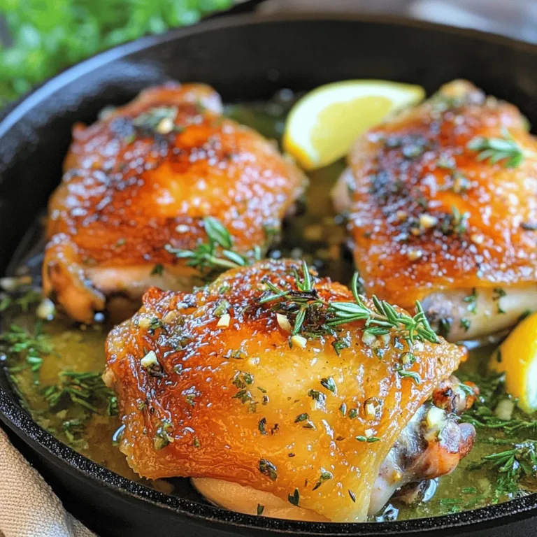 To make baked garlic herb chicken, you need these main ingredients: - 4 bone-in, skin-on chicken thighs - 4 cloves of garlic, finely minced - 2 tablespoons fresh rosemary, finely chopped - 2 tablespoons fresh thyme, finely chopped - 1 lemon (zested and juiced) - 3 tablespoons extra virgin olive oil - Sea salt and freshly cracked black pepper, to taste - 1 teaspoon smoked paprika - ½ cup low-sodium chicken broth - Fresh parsley, chopped (for garnish) These ingredients work together to create a tasty and fragrant dish. The garlic and herbs add depth, while the lemon gives it a bright touch. You can add these optional ingredients to make the dish even better: - 1 teaspoon Dijon mustard for a tangy kick - ½ teaspoon red pepper flakes for some heat - 1 tablespoon honey for a hint of sweetness These extras can bring new flavors and make the chicken even more special. To cook this dish, gather these tools: - Large mixing bowl or resealable ziplock bag - Oven-safe skillet or baking dish - Whisk for mixing the marinade - Meat thermometer to check chicken doneness - Paper towels to dry the chicken Having the right tools makes cooking easier. You’ll enjoy the process and the results even more. For the full recipe, check out the steps below. Start by making the marinade. In a small bowl, mix these ingredients: - 4 cloves of garlic, finely minced - 2 tablespoons fresh rosemary, finely chopped - 2 tablespoons fresh thyme, finely chopped - Zest and juice of 1 lemon - 3 tablespoons extra virgin olive oil - Sea salt and freshly cracked black pepper, to taste - 1 teaspoon smoked paprika Whisk these together until smooth. This mix adds flavor and moisture to your chicken. Next, get your chicken thighs ready. Pat them dry with paper towels. This helps the skin get crispy when baking. Place the chicken in a large bowl or a ziplock bag. Pour the marinade over the chicken. Make sure each piece is covered well. For the best taste, let the chicken sit. If you can, marinate it for at least 30 minutes at room temperature or 2 hours in the fridge. Now it’s time to cook! Preheat your oven to 400°F (200°C). Heat a drizzle of olive oil in an oven-safe skillet over medium-high heat. Once hot, add the chicken thighs skin-side down. Sear them for about 5-7 minutes until the skin is golden brown. Then, flip the chicken over. Pour ½ cup of low-sodium chicken broth around the chicken. Do not pour it over the skin. Move the skillet into the preheated oven. Bake for 25-30 minutes. The chicken should reach 165°F (75°C) inside. When it’s done, take it out and let it rest for 5 minutes. This helps keep it juicy. Finally, garnish with some freshly chopped parsley before serving. For the full recipe, check out the detailed instructions above. Enjoy your tasty dish! To get crispy skin on your chicken, start with dry thighs. Pat them with paper towels. This helps remove moisture, which is key for crispiness. Next, sear the chicken skin-side down in a hot skillet. Cook it for about 5-7 minutes until golden brown. The hot oil and direct heat will give you that crunchy texture. Finally, bake the chicken in the oven. This method keeps the skin crispy while cooking the meat evenly. You can mix up the marinade to suit your taste. Try adding different herbs like oregano or basil. For a spicy kick, include red pepper flakes. You can swap lemon juice for lime juice for a fresh twist. If you want a smoky flavor, add a bit more smoked paprika. Don’t hesitate to experiment. Each variation can make your chicken unique and delicious. Baked garlic herb chicken pairs well with many sides. Here are some ideas: - Roasted vegetables like carrots, broccoli, or Brussels sprouts - Creamy mashed potatoes or garlic mashed cauliflower - A fresh green salad with a light vinaigrette - Garlic bread or crusty French bread - Steamed rice or quinoa for a healthy touch These sides will balance the flavors and make your meal complete. Enjoy your cooking experience and feel free to explore! For a full recipe, check the link above. {{image_4}} You can change the herbs in this recipe to suit your taste. If you don't have rosemary or thyme, try using: - Oregano - Basil - Sage - Dill Mix and match to find your favorite blend. Each herb adds a unique flavor to the chicken. Fresh herbs work best, but dried herbs can work too. Just use less, as dried herbs are stronger. For a kick, add some heat. Mix in red pepper flakes for spice. You can also use: - Jalapeños - Chipotle powder - Hot paprika Adjust according to your spice level. For a spicy twist, marinate the chicken overnight. This lets the flavors soak in deeply. You can cook the chicken in two ways: the oven or an air fryer. Both methods work well but give different results. - Oven: This method gives juicy chicken with a crispy skin. Bake at 400°F (200°C) for about 25-30 minutes. - Air Fryer: This method cooks faster. Set your air fryer to 375°F (190°C) and cook for 20-25 minutes. The air fryer makes the skin extra crispy. Choose the method that fits your needs. For a quick meal, the air fryer is great. For a cozy family meal, the oven works best. Enjoy experimenting with both! To keep your baked garlic herb chicken fresh, let it cool first. Once cooled, place it in an airtight container. This helps prevent moisture loss. You can store it in the fridge for up to three days. If you plan to eat it later, consider slicing the chicken for easier serving. When you're ready to enjoy your leftovers, preheat the oven to 350°F (175°C). Place the chicken in an oven-safe dish. Add a splash of chicken broth to keep it moist. Cover the dish with foil to prevent drying. Heat for about 15-20 minutes or until the chicken reaches 165°F (75°C). You can also reheat in the microwave, but the oven gives better results. If you want to freeze your baked garlic herb chicken, wrap each piece tightly in plastic wrap. Then place them in a freezer-safe bag or container. This method helps avoid freezer burn. You can freeze the chicken for up to three months. To thaw, move it to the fridge overnight before reheating. Enjoy your tasty meal anytime with these easy storage methods! You should cook chicken thighs in the oven for 25-30 minutes at 400°F (200°C). This time ensures that the chicken is juicy and tender. Always check that the internal temperature reaches 165°F (75°C) to ensure it is safe to eat. Yes, you can use boneless chicken for this recipe. Boneless chicken cooks faster, so reduce the cooking time to about 20-25 minutes. Keep an eye on the temperature to avoid overcooking. If you don't have fresh herbs, you can use dried herbs. Use about one-third of the amount since dried herbs are stronger. For rosemary and thyme, this works well. You can also try Italian seasoning as a mix. Yes, this recipe is great for meal prep. You can cook multiple servings and store them in the fridge. Just let the chicken cool before you pack it in airtight containers. This way, you can enjoy tasty meals all week! Baked garlic herb chicken is simple and tasty. We covered key ingredients, tools, and step-by-step instructions. You learned how to marinate, cook, and achieve crispy skin. Plus, I shared tasty variations and storage tips. Cooking can be fun and rewarding. With these tips, you can impress family and friends. Enjoy your cooking journey, and don't forget to share your great results!