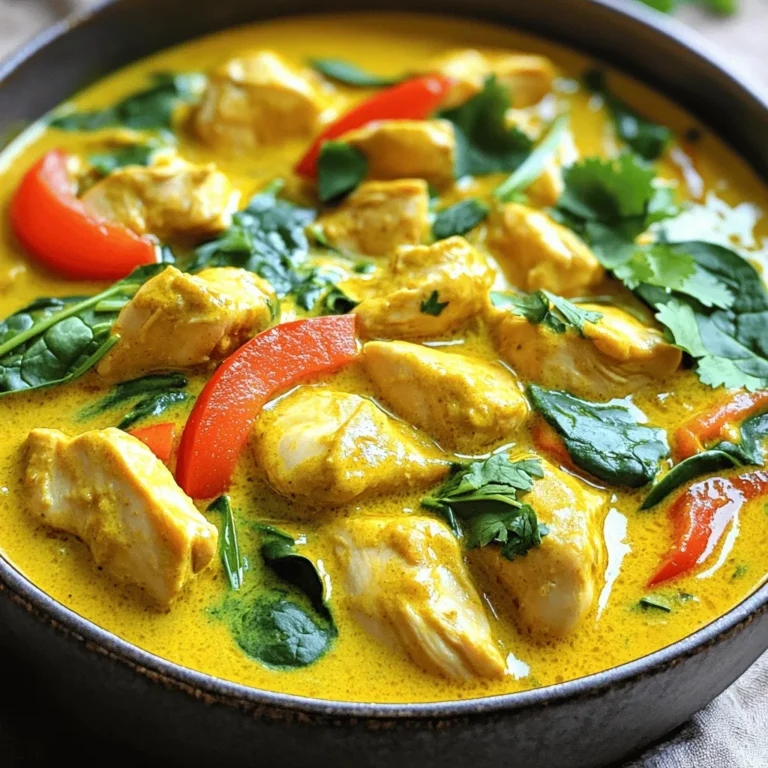 - Chicken: 500g chicken breast cut into bite-sized pieces - Coconut milk: 1 can (400ml) - Vegetables: 1 large onion, 1 red bell pepper, and 1 cup fresh spinach leaves - Aromatics: 3 cloves garlic, 1 tablespoon fresh ginger - Spices: 2 tablespoons curry powder, 1 teaspoon turmeric powder, 1 teaspoon cumin seeds - Cooking oil: 2 tablespoons vegetable oil - Seasoning: Salt and pepper to taste - Garnish: Fresh coriander leaves Gather these simple ingredients to make your chicken curry. Fresh chicken breast is the star. It cooks quickly and soaks up flavors well. Coconut milk adds a rich creaminess. It balances the spices perfectly. Onions, garlic, and ginger bring depth to the dish. They create a flavorful base. The curry powder gives warmth, while turmeric adds a lovely color. Cumin seeds add a nutty taste that shines through. The red bell pepper adds sweetness and crunch. Spinach brings a fresh, vibrant touch. Fresh coriander leaves will brighten your dish. Use them as a garnish for that pop of flavor. This list makes cooking easy. With these ingredients, you can create a delightful chicken curry. For the full recipe, check out the instructions that follow. 1. Heat 2 tablespoons of vegetable oil in a large pot over medium heat. 2. Add 1 teaspoon of cumin seeds and let them sizzle for about 30 seconds. 3. Next, add 1 large finely chopped onion, 3 minced garlic cloves, and 1 tablespoon of minced ginger. 4. Sauté this mix for about 5-7 minutes until the onions become soft and clear. 1. Now, stir in 2 tablespoons of curry powder and 1 teaspoon of turmeric powder. 2. Cook these spices for 1 minute to bring out their flavors. 3. Add 500g of chicken breast cut into bite-sized pieces. Season with salt and pepper. 4. Cook the chicken for about 5 minutes, stirring often, until it turns white and is no longer pink. 1. Carefully pour in 1 can of coconut milk, scraping the pot's bottom to get all the tasty bits. 2. Bring the mix to a gentle simmer, then lower the heat. Let it cook for 15 minutes, stirring occasionally. 3. After that, add 1 sliced red bell pepper and 1 cup of fresh spinach leaves. 4. Cook for another 5 minutes until the spinach wilts and the pepper is tender. This straightforward process makes a rich and tasty chicken curry. For the complete recipe, check out the Full Recipe section. To ensure even cooking of the chicken, cut it into uniform pieces. This helps each piece cook at the same rate. Sear the chicken until it changes color but remains juicy inside. For adjusting spice levels, start with a small amount of curry powder. Taste as you go. You can always add more but can’t take it out once added. Serve the dish in deep bowls for a cozy feel. Ladle the curry generously, showing off those vibrant colors. For garnish, sprinkle fresh coriander leaves on top. You can also add a slice of lime for extra zest. Pair it with fluffy steamed rice or warm naan for a complete meal. Prep time is about 15 minutes. While chopping, keep an eye on your ingredients. For cooking, aim for 40 minutes total for best flavor. Allow the curry to simmer gently to develop its rich taste. Stir it every few minutes to prevent sticking and ensure even heat throughout. For the full recipe, check the [Full Recipe]. {{image_4}} You can switch out chicken for other proteins. Tofu works well for a vegetarian option. Shrimp also adds a nice touch. If you want a dairy-free dish, try using almond milk instead of coconut milk. This keeps the dish light and tasty. Adding different spices can change the flavor a lot. Try adding cinnamon or cardamom for warmth. You can also use smoked paprika for a rich taste. Instead of just red bell pepper, add carrots or peas for extra color and nutrition. These veggies will make your curry even better. You can serve your chicken curry with many sides. Steamed rice is a classic choice. Warm naan bread is great for scooping up curry. If you want a lighter meal, serve it with a fresh salad. Think about the health benefits of each side to balance your meal. Each option can change the whole experience of enjoying your curry. Store your chicken curry in an airtight container. This keeps it fresh and tasty. Let it cool before sealing. Your curry lasts about 3 to 4 days in the fridge. When you are ready to eat, just warm it up on the stove or in the microwave. Stir it well to heat evenly. You can freeze chicken curry for longer storage. Use a freezer-safe container or a heavy-duty freezer bag. Leave some space at the top, as the curry will expand. It can stay good for up to 3 months. To reheat, thaw it in the fridge overnight. Heat it on the stove over low heat, stirring often. This helps the flavors come back to life. Enjoy your Simple Chicken Curry anytime! For the full recipe, check out the earlier section. Making Simple Chicken Curry takes about 40 minutes total. - Prep time: 15 minutes - Cook time: 25 minutes This quick recipe allows you to enjoy a warm meal in no time! Yes, you can easily make this recipe vegetarian. Try using tofu, chickpeas, or lentils as protein. These options absorb flavors well and add great texture. Simple Chicken Curry tastes great with various sides. - Steamed rice: Fluffy white or brown rice works well. - Naan bread: Soft and warm naan is perfect for dipping. - Salad: A fresh cucumber or tomato salad adds a nice crunch. These sides balance the meal and enhance the flavors. Yes, you can adjust the spice level easily. For a milder dish, use less curry powder and omit cumin seeds. To make it spicier, add more curry powder or a splash of hot sauce. Taste as you go to find your perfect heat level. For the full recipe, check out the previous sections! This blog post covered how to make a simple chicken curry. We explored essential ingredients and detailed each step, from sautéing to simmering. Cooking tips and variations helped you see how to customize your dish. Plus, we shared storage and serving options. In short, this recipe is easy and delicious. With practice, you'll impress your family and friends. Enjoy cooking your tasty curry!