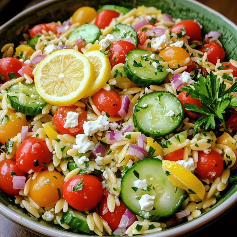 To make the Lemon Garlic Orzo Salad, gather these items: - 1 cup orzo pasta - 2 tablespoons extra virgin olive oil - 3 cloves garlic, finely minced - 1 large lemon (zest and juice) - 1 cup cherry tomatoes, halved - 1 medium cucumber, diced - 1/2 medium red onion, finely chopped - 1/4 cup fresh parsley, finely chopped - 1/4 cup feta cheese, crumbled (optional) - Sea salt and freshly cracked black pepper to taste - 1/2 teaspoon red pepper flakes (optional for a spicy kick) When choosing produce, look for bright colors and firm textures. - For tomatoes, pick ones that feel heavy for their size. - Cucumber skin should be smooth with no wrinkles. - Check that garlic cloves are firm and free of soft spots. - Parsley should be vibrant green. Avoid yellowed leaves. Fresh ingredients make a big difference in taste. If you need to swap ingredients, here are some options: - Use quinoa or couscous instead of orzo for a different grain base. - Swap cherry tomatoes with diced bell peppers for a crunch. - Use red wine vinegar if you do not have fresh lemon juice. - Try goat cheese if you want a different cheese flavor. These substitutions keep the essence of the salad while adding your twist. Check out the Full Recipe for more details! To start, bring a large pot of salted water to a boil. Add 1 cup of orzo pasta to the water. Cook it for about 8 to 10 minutes. Check the package for exact times. You want the orzo to be al dente, meaning firm to the bite. Once the pasta is ready, drain it using a colander. Rinse the orzo under cold water to cool it down. This step keeps the pasta from getting mushy. While the orzo is cooking, you can make the lemon-garlic dressing. In a small bowl, mix 2 tablespoons of extra virgin olive oil, 3 minced garlic cloves, the zest of 1 lemon, and the juice from that lemon. Add a pinch of sea salt and cracked black pepper. If you like heat, add 1/2 teaspoon of red pepper flakes. Whisk the mixture until it blends well. In a large mixing bowl, add the cooled orzo, 1 cup of halved cherry tomatoes, 1 diced cucumber, and 1/2 finely chopped red onion. Toss in 1/4 cup of freshly chopped parsley too. Gently mix all the ingredients together. Now, drizzle your lemon-garlic dressing over the salad. Toss everything again to coat the orzo and veggies evenly. If you enjoy feta cheese, sprinkle some on top. Taste the salad and adjust salt and pepper if needed. Serve it in a large bowl, garnished with lemon slices and parsley for a fresh look. Enjoy the bright, zesty flavors of your Lemon Garlic Orzo Salad! For the full recipe, check [Full Recipe]. When cooking orzo, start with a large pot of salted water. Salting the water adds flavor. Bring it to a boil before adding the orzo. Stir it well to prevent sticking. Cook the orzo until al dente, about 8-10 minutes. Always check the package for exact times. After cooking, drain the orzo and rinse it under cold water. This stops the cooking process and keeps it firm. To make your lemon-garlic dressing shine, use fresh garlic and a good quality olive oil. Grate the lemon zest finely to release its oils. Mix the zest with the lemon juice for a bright kick. Adding a pinch of sea salt elevates the flavor. If you like heat, the red pepper flakes can add a nice touch. Taste the dressing before using it. Adjust salt and pepper to suit your taste. Lemon garlic orzo salad is perfect for many events. Serve it at barbecues, picnics, or potlucks. It pairs well with grilled chicken or fish. For a light meal, enjoy it on its own. You can also serve it as a side dish at dinner parties. For extra flair, garnish with lemon slices and parsley. This simple touch makes the dish look beautiful. You can find the full recipe to guide you through every step. {{image_4}} You can easily boost the protein in your Lemon Garlic Orzo Salad. Adding grilled chicken gives it heartiness. Cook the chicken simply with salt and pepper, then slice it into strips. Shrimp is another great choice. Sauté shrimp in olive oil until pink and tender. You can also use chickpeas for a plant-based option. Just rinse and drain a can, and mix them in. If you need a gluten-free version, use gluten-free orzo. Many brands make orzo from rice or quinoa. This swap keeps the same texture. You can also use quinoa itself, which adds protein and fiber. Just cook it according to package directions. It offers a nutty flavor that pairs well with the lemon and garlic. You can change the salad based on what’s fresh. In spring, add peas or asparagus. Both bring a nice crunch. In summer, toss in diced bell peppers or zucchini. They add color and vitamins. Autumn calls for roasted butternut squash, giving a sweet touch. Winter can bring in roasted Brussels sprouts for depth. Use whatever is in season to keep your salad vibrant and delicious. For the full recipe, check out the detailed steps! To keep your Lemon Garlic Orzo Salad fresh, store it in an airtight container. This helps prevent moisture loss and keeps flavors intact. Make sure to let the salad cool to room temperature before sealing it. If you have feta in your salad, store it separately. This keeps the cheese from getting soggy. If you want to enjoy the salad warm, reheat it gently. Use the microwave and heat in short bursts, stirring in between. This ensures even warming. You can also reheat it on the stove over low heat. Add a splash of olive oil or lemon juice to revive flavors. Be careful not to overheat it, as this can make the orzo mushy. Your Lemon Garlic Orzo Salad stays fresh in the fridge for about 3 to 5 days. However, for the best taste, aim to eat it within 3 days. After that, the veggies might lose their crunch, and the flavors may fade. Always check for any signs of spoilage before enjoying leftovers. For the full recipe, check out the section above! Yes, you can make this salad ahead of time. I often prepare it in the morning for a lunch picnic. The flavors blend nicely when it sits for a while. Just keep it in the fridge until you are ready to serve. If you add feta cheese, do so right before serving to keep it fresh. To make this salad vegan, skip the feta cheese. Instead, you can add some avocado for creaminess. You can also use nutritional yeast to add a cheesy flavor without dairy. This keeps the salad light and fresh, perfect for any meal. Get creative with your ingredients! You can add roasted red peppers for a sweet touch. Try black olives for a salty bite. Fresh herbs like mint or basil can brighten the dish. For a spicy kick, mix in jalapeños or more red pepper flakes. The beauty of this salad is its versatility, so feel free to adjust to your taste. Check the [Full Recipe] for more ideas! This blog post covered all you need for a tasty Lemon Garlic Orzo Salad. We looked at the key ingredients, tips for picking fresh produce, and ideas for substitutes. I provided clear steps for cooking the orzo and making a flavorful dressing. We shared best practices and variations to suit your needs. Finally, it’s essential to know how to store leftovers and reheat them well. With these tips, you can create a delicious salad anytime. Enjoy making your own lemon garlic orzo!