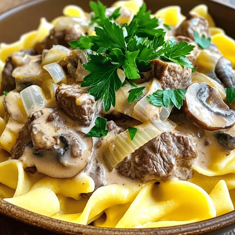 - 1 lb beef sirloin, thinly sliced - 1 medium onion, finely chopped - 3 cloves garlic, minced - 8 oz mushrooms, sliced (preferably cremini or button) - 1 cup beef broth (homemade or low-sodium) - 1 cup sour cream (full-fat for creaminess) - 2 tablespoons all-purpose flour - 2 tablespoons olive oil (or butter for extra flavor) - 1 tablespoon Worcestershire sauce (for depth of flavor) - Salt and pepper to taste - Fresh parsley, chopped (for garnish) - Egg noodles or cooked rice (for serving) When choosing beef sirloin, look for cuts that are bright red and well-marbled. This ensures the meat stays tender and juicy during cooking. For the aromatics, fresh onion and garlic add layers of flavor. Use a medium onion, as it balances well with the beef and mushrooms. You can also consider adding herbs like thyme or rosemary for extra taste. If you want a heartier meal, serve the stroganoff over egg noodles or rice. Egg noodles soak up the sauce really well, making each bite delightful. Feel free to adjust the seasoning. A pinch of paprika can add warmth, or a dash of lemon juice can brighten the dish. The recipe is adaptable, so make it your own! For the full recipe, check out the steps to create this creamy dream dish. Start by cutting 1 lb of beef sirloin into thin strips. This size helps the beef cook quickly. Heat 2 tablespoons of olive oil in a large skillet over medium-high heat. Once the oil is hot, add the beef to the pan. Season it well with salt and pepper. Cook the beef for about 3-4 minutes until it is browned but not fully cooked. Remove the beef from the skillet and keep it warm on a plate. This step is key. It locks in flavor and keeps the beef juicy. In the same skillet, add a finely chopped medium onion and 3 minced garlic cloves. Sauté these for about 2-3 minutes. Stir often until the onion turns translucent. This means it should look glassy and soft. Using fresh garlic adds a lovely aroma and taste. It enhances the dish and makes it extra special. Next, add 8 oz of sliced mushrooms to the skillet. Cook them with the onion and garlic for about 5 minutes. Stir frequently. This helps the mushrooms release their moisture and become tender. Avoid overcrowding the pan, as this can make the mushrooms soggy. The goal is a nice, firm texture that enhances the dish. Now, sprinkle 2 tablespoons of flour over the mushroom mixture. Stir well for about 1 minute to toast the flour. This step helps remove any raw taste. Gradually pour in 1 cup of beef broth while stirring continuously. This prevents lumps from forming. Stir until the mixture thickens, about 3-4 minutes. Once the sauce is thick, add 1 tablespoon of Worcestershire sauce and the browned beef back to the skillet. Mix it well and let it simmer for about 5 minutes. This allows all the flavors to meld together. Stir occasionally to keep it from sticking. Lower the heat and gradually mix in 1 cup of sour cream. Stir until the sauce is creamy. This adds richness to the dish. Taste the sauce and adjust the seasoning with more salt and pepper if needed. Serve the beef stroganoff over cooked egg noodles or rice. Garnish with fresh parsley for a bright touch. For the full recipe, check the section above. - Optimal pan choice: Use a large skillet for even cooking. A non-stick pan helps prevent sticking and makes cleanup easy. - Timing for sautéing: Sauté the beef until it is just brown. This keeps it tender. Remove it before it cooks fully to avoid tough meat. - Suggestions for additional spices: Try adding garlic powder, onion powder, or paprika for extra flavor. A pinch of cayenne can add a nice kick. - Acidity and depth through Worcestershire sauce: This sauce adds a rich umami flavor. It balances the creaminess and gives the dish a depth that brightens every bite. - Garnishing ideas: Fresh parsley adds color and freshness. You can also use chives or green onions for a bit of crunch. - Pairing suggestions for serving: Serve your beef stroganoff over egg noodles or rice. A side of steamed green beans or a simple salad works well too. For the full recipe, check out the detailed steps above. {{image_4}} You can switch the beef sirloin for other meats. Chicken or turkey works well and cooks fast. If you want a vegetarian option, use mushrooms or tofu. Both can soak up the flavors nicely. For dairy-free meals, swap sour cream with cashew cream or coconut yogurt. These give a creamy texture without dairy. You can also use almond milk with a bit of cornstarch for thickening. Want to spice things up? Add crushed red pepper flakes or a dash of hot sauce. This brings warmth without overpowering the dish. For a smoky flavor, consider adding smoked paprika. You can also play with herbs. Thyme and rosemary add depth to the dish. A pinch of nutmeg lends a warm, cozy taste that surprises the palate. Traditionally, beef stroganoff goes well with egg noodles. Try serving it over rice or quinoa for a healthy twist. These options soak up the sauce beautifully. For sides, roasted vegetables or a fresh salad balance the richness of the stroganoff. You can even add breadsticks or garlic bread to complete the meal. They are perfect for sopping up the creamy sauce. For the full recipe, check out the original guide! Beef stroganoff lasts about 3 to 4 days in the fridge. Store it in an airtight container. This keeps the dish fresh and flavorful. Make sure to let it cool before sealing. This helps prevent condensation inside the container. If you want to freeze beef stroganoff, use a freezer-safe container. Leave space at the top for expansion. It can last up to 2 months in the freezer. When you are ready to eat it, thaw it in the fridge overnight. For reheating, gently warm it on the stove over low heat. Add a splash of beef broth if it seems dry. Stir often to keep the texture smooth. You can also use the microwave. Heat it in short bursts, stirring in between. This ensures even heating without drying it out. Enjoy your creamy, dreamy beef stroganoff anytime! You can find the full recipe above. Beef Stroganoff has roots in Russia. It dates back to the 19th century. The dish is named after the Stroganov family, wealthy landowners. Early recipes used sautéed beef, mustard, and cream. Over time, variations spread across the world, adding ingredients like mushrooms and onions. Today, you can find many versions, each with unique flavors. Yes, you can prepare Beef Stroganoff ahead of time. Cook the beef and sauce, then store it in the fridge. I recommend waiting to add the sour cream until you are ready to serve. This keeps the dish creamy. Reheat it on low heat, stirring often. If it thickens too much, add a splash of broth or water. To make Beef Stroganoff gluten-free, you can swap regular flour for gluten-free flour. Cornstarch is another option. Mix it with a bit of water before adding it to the sauce. Make sure to check labels on broth and Worcestershire sauce. Some brands offer gluten-free options. Beef Stroganoff pairs well with several side dishes. Here are some great options: - Egg noodles or rice - Mashed potatoes - Steamed green beans - Roasted vegetables - A simple green salad These sides complement the rich, creamy sauce and enhance your meal. Yes, you can adapt Beef Stroganoff for a slow cooker. Brown the beef first to add flavor. Then, place it in the slow cooker with the onions, garlic, mushrooms, and broth. Cook on low for 6 to 8 hours. Add the sour cream just before serving for the best texture. This method makes the beef very tender and flavorful. For the full recipe, check out the main article. You learned how to make Beef Stroganoff step by step. We covered key ingredients, prep tips, and cooking methods. Paying attention to details helps boost flavor and texture. Experiment with spice levels and presentation for fun variations. Store leftovers correctly to keep them fresh. With these tips, you can create a tasty meal your whole family will love. Enjoy every bite and share your creation!