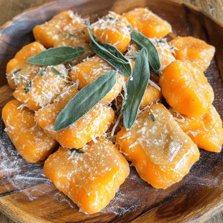 To make sweet potato gnocchi, you will need these key ingredients: - 2 large sweet potatoes (about 1 pound), cooked and mashed until smooth - 1 ½ cups all-purpose flour, plus extra for dusting - 1 large egg, lightly beaten - ½ teaspoon salt - ¼ teaspoon freshly grated nutmeg These ingredients create a smooth dough. The sweet potatoes add flavor and color. The egg helps bind the dough, while flour gives it structure. You can add extra ingredients for more flavor: - 6 tablespoons unsalted butter - 12 fresh sage leaves - Freshly grated Parmesan cheese for garnish - Additional salt and pepper, to taste The sage butter will bring a rich aroma. Parmesan cheese adds a salty finish. You can always adjust the seasoning to match your taste. If you have allergies or dietary needs, here are some substitutions: - Use gluten-free flour instead of all-purpose flour. - Replace butter with olive oil for a dairy-free option. - If you can't eat eggs, try using a flaxseed meal as a binder. These options can help you enjoy this dish without worry. Always check labels to avoid allergens. For the full recipe, refer to the previous section. To start, you need to prepare the sweet potato mixture. In a large mixing bowl, add your smooth, cooked sweet potatoes. Next, pour in the lightly beaten egg, salt, and nutmeg. Mix everything well until it is smooth and creamy. This step is crucial as it sets the flavor for your gnocchi. Now, let’s make the dough. Gradually add 1 ½ cups of all-purpose flour to the sweet potato mixture. Use a fork or your hands to combine the ingredients. Mix until a soft dough forms. Be careful not to over-knead; you want it soft, not sticky. If it feels sticky, sprinkle in a little more flour. After your dough is ready, it’s time to shape the gnocchi. Transfer the dough to a floured surface. Divide it into four equal parts. Roll each part into a long rope, about ¾ inch thick. Use a sharp knife to cut each rope into 1-inch pieces. To create ridged gnocchi, take a fork and gently press down on each piece. This textured surface helps the sauce cling better when cooking. Next, bring a large pot of salted water to a rolling boil. Carefully add the gnocchi in small batches. Cook them until they float to the top, which should take about 2-3 minutes. Use a slotted spoon to remove them and place them on a plate. Now for the sage butter. In a large skillet over medium heat, melt 6 tablespoons of unsalted butter. Once melted, add 12 fresh sage leaves. Let the sage infuse the butter for about 2-3 minutes, stirring occasionally. The leaves should get crispy, and the butter will turn a light golden brown color. It’s time to combine the gnocchi with the sage butter. Gently add the cooked gnocchi to the skillet. Toss them in the fragrant sage butter for about one minute. This allows the gnocchi to soak up all those delicious flavors. To serve, taste and adjust with extra salt and pepper if needed. Serve the gnocchi right away for the best flavor and texture. For a lovely presentation, drizzle the sage butter over the gnocchi. Top with freshly grated Parmesan cheese and a few crispy sage leaves. Enjoy your colorful, aromatic delight! For more details, check the Full Recipe. Making gnocchi can be tricky. Here are mistakes to watch for: - Using too much flour: This makes gnocchi dense and heavy. - Over-kneading the dough: This can lead to tough gnocchi. Mix just until combined. - Not rolling the dough enough: If the ropes are too thick, the gnocchi won't cook evenly. - Ignoring salt in the water: Salting the water is key for flavor. The right texture makes gnocchi shine. Here’s how to get it right: - Use starchy sweet potatoes: They absorb less flour. This keeps the gnocchi light. - Keep the dough soft: Add flour slowly. Aim for a soft, slightly tacky dough. - Create ridges: Pressing with a fork helps sauce cling better and adds flair. Cooking gnocchi perfectly makes a big difference. Here are my top methods: - Boiling: This is the classic method. Boil until they float; this means they are done. - Pan-frying: For added flavor, fry them after boiling in sage butter. This gives a crispy edge. - Baking: You can bake gnocchi with cheese for a fun twist. This creates a crunchy top. For the full recipe, check the complete instructions provided above. {{image_4}} If you want to add protein to your sweet potato gnocchi, there are tasty options. You can top the dish with cooked chicken, shrimp, or sausage. Simply sauté the protein in the sage butter before adding the gnocchi. For a hearty meal, try crispy bacon or pancetta. These meats bring a savory crunch and extra flavor to your dish. For a vegetarian twist, add seasonal vegetables to your gnocchi. Roasted mushrooms, spinach, or zucchini work well. You can also use butternut squash for a sweet touch. Sauté these veggies in the sage butter before tossing in the gnocchi. This not only adds color but also makes the meal more filling and nutritious. If you need a gluten-free option, substitute the all-purpose flour with gluten-free flour. You can use almond flour or a gluten-free blend. Keep in mind that the texture may differ slightly. Make sure to adjust the amount of flour, as gluten-free flours can absorb liquids differently. This way, you can still enjoy the delicious flavors of sweet potato gnocchi without gluten. After you make the gnocchi, store any leftovers in a tight container. You want to keep them fresh. Let the gnocchi cool before sealing them up. They can last in the fridge for three days. Be sure to add a piece of parchment paper between layers to prevent sticking. To reheat the gnocchi, use a skillet. Add a bit of water or butter to keep them moist. Heat on medium until warm. Stir gently so they don't break apart. You can also microwave them for about 30 seconds, but this may dry them out. You can freeze gnocchi for up to two months. To freeze, lay the uncooked gnocchi on a tray in a single layer. Once frozen, transfer them to a freezer bag. Cook them straight from frozen, adding an extra minute to the cooking time. This keeps the flavors fresh and ready for your next meal. For the complete cooking process, check out the Full Recipe. To cook sweet potato gnocchi, bring a large pot of salted water to a boil. Gently add the gnocchi in small batches. Cook them for about 2 to 3 minutes. They are done when they float to the surface. Use a slotted spoon to take them out. This method keeps the gnocchi soft and tender. Yes, you can make sweet potato gnocchi ahead of time. You can prepare the dough and shape the gnocchi. After that, freeze them on a baking sheet. Once frozen, transfer them to a bag for storage. They will last in the freezer for up to 2 months. When ready to eat, cook them straight from frozen. You know gnocchi is done cooking when they float to the surface of the water. This usually takes about 2 to 3 minutes. If you want to be sure, you can taste one. It should feel soft and tender, not mushy or hard. Sweet potato gnocchi pairs well with many dishes. You can serve it with a simple green salad. A light vinaigrette complements the flavors well. Roasted vegetables also make a great side. For protein, grilled chicken or sautéed shrimp work nicely. The full recipe for sweet potato gnocchi with sage butter takes about 30 minutes. It serves four people. You will need two large sweet potatoes, flour, and sage leaves, among other ingredients. For complete steps, check the Full Recipe. In this article, we explored how to make delicious sweet potato gnocchi. We covered essential ingredients, step-by-step instructions, and tips for perfecting your dish. We also talked about variations, storage, and common questions. Remember, great gnocchi starts with the right mixture and ends with the perfect cooking method. Enjoy this dish fresh or store it for later. Happy cooking!