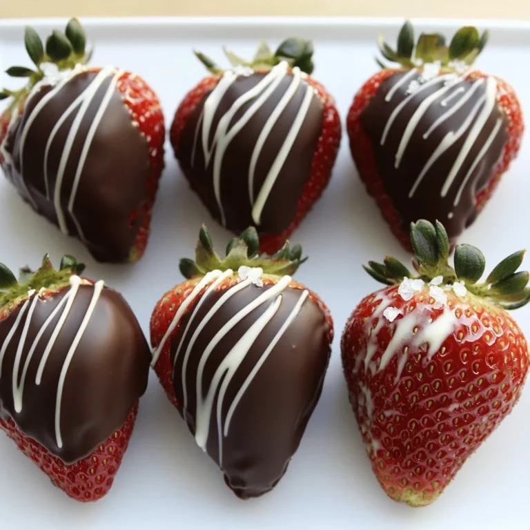 - Fresh strawberries - Dark chocolate - White chocolate (optional) - Coconut oil - Sea salt or crushed nuts - Microwave-safe bowl or double boiler - Parchment paper - Baking sheet Fresh strawberries are key. Choose ripe, large ones for the best taste. Dark chocolate gives great flavor. Aim for 60% cocoa or more. White chocolate is optional but looks nice for drizzling. Coconut oil makes the chocolate smoother. It helps it melt better, too. A sprinkle of sea salt or nuts adds a fun crunch. For the equipment, you need a microwave-safe bowl or a double boiler. Parchment paper helps keep the strawberries from sticking. A baking sheet is perfect for letting them set. This simple list helps you create a treat that is both tasty and pretty. Check out the Full Recipe for all the details on how to make these delicious chocolate dipped strawberries. First, rinse your strawberries under cold water. Use a gentle stream to avoid bruising them. After rinsing, use paper towels to pat them dry. This step is very important. If the strawberries are wet, the chocolate won’t stick well. The moisture can make the chocolate clump up, ruining your dip. You can melt chocolate in two easy ways. The first method is using the microwave. Place the dark chocolate in a microwave-safe bowl. Add coconut oil if you want a smoother dip. Heat it in 30-second bursts. Stir after each time until it is smooth. If you prefer the stovetop, use a double boiler. Fill a pot with water and bring it to a simmer. Place the chocolate in a bowl above the pot. Stir until melted. This method gives you more control over the heat. Once your chocolate is ready, it’s time to dip! Hold the stem of a strawberry and dip it into the melted chocolate. Swirl it gently to cover it evenly. Let any excess chocolate drip back into the bowl. Place the dipped strawberry on a baking sheet lined with parchment paper. For a fun touch, melt white chocolate in the same way as dark chocolate. Use a fork or piping bag to drizzle it over the dipped strawberries. This makes them look extra special! If you like, sprinkle some sea salt or crushed nuts on the wet chocolate. This will add a nice flavor and crunch. After dipping all the strawberries, put the baking sheet in the fridge. Let them chill for about 30 minutes. This will help the chocolate harden perfectly. For the full recipe, check out the complete guide on making these delightful treats. To find ripe and large strawberries, look for these signs: - Color: Choose bright red strawberries. Avoid pale or green parts. - Size: Select large berries. They hold more chocolate and look great. - Shape: Pick firm berries with a nice shape. Round strawberries dip better. - Freshness: Check for freshness. Avoid any with mold or brown spots. Picking the right strawberries matters. Ripe berries taste sweet and juicy. They make every bite more enjoyable. To avoid chocolate seizing, follow these tips: - Keep it Dry: Make sure your bowl and tools are dry. Any water can cause trouble. - Low Heat: Melt chocolate slowly. Use a microwave or double boiler on low heat. Stir often for a smooth texture. When dipping, ensure an even coat by: - Swirling: Immerse the strawberry and swirl it gently. This helps cover all sides. - Drip Off Excess: Let the excess chocolate drip back into the bowl. This keeps the coating nice and neat. A great coating makes your strawberries shine. It also creates that satisfying crunch when you bite in. Creative serving options can elevate your chocolate dipped strawberries: - Platter Style: Arrange them on a pretty plate. This adds a pop of color. - Mint Leaves: Add fresh mint leaves around the strawberries. They add freshness to the look. For an elegant finish, consider garnishing: - Sea Salt: Lightly sprinkle sea salt for contrast. It enhances the chocolate flavor. - Crushed Nuts: Add crushed nuts for texture. They make each bite fun. A beautiful presentation makes your dessert even more tempting. Enjoy how it looks as much as how it tastes! {{image_4}} You can add fun flavors to your chocolate. Try adding spices like cinnamon or nutmeg. A drop of vanilla or almond extract can also make a big difference. Each flavor brings its own twist. You can also use different types of chocolate. Milk chocolate is sweet and creamy, while dark chocolate is rich and bold. White chocolate adds a sweet touch too. For a fun twist, look for flavored chocolates like mint or orange. If you're feeling adventurous, dip other fruits besides strawberries. Bananas, pineapple, or apple slices work great too. You can also try dipping pretzels for a salty-sweet mix. Nut butters like peanut or almond butter make a tasty dip. They add creaminess and flavor that pairs well with chocolate. Get creative with your chocolate dipped strawberries for holidays or special events. For Valentine's Day, sprinkle red sprinkles or drizzle pink chocolate. At Easter, use pastel colors and edible glitter. For birthday parties, add colorful candies or themed toppings. Think of the occasion and let your imagination run wild. Each dip can tell a story and add joy to your celebrations. To keep chocolate dipped strawberries fresh, store them in a single layer. Use a flat container with a lid. Place parchment paper at the bottom to prevent sticking. Make sure the lid is not too tight, as moisture can build up. The ideal temperature for storage is between 35°F and 40°F (1°C to 4°C). This keeps the strawberries firm and the chocolate smooth. Chocolate dipped strawberries taste best within 24 hours. After that, they can lose their texture. You may notice the chocolate starting to dull. The strawberries can also become mushy. If you see any mold or an off smell, it’s time to throw them away. Always check for these signs to ensure quality. Freezing chocolate dipped strawberries can change their texture, but you can do it if needed. First, let them cool completely. Then, place them on a baking sheet in a single layer. Freeze them for about an hour. After they are frozen, transfer them to a freezer bag. Remove as much air as possible to prevent freezer burn. When you want to eat them, thaw them in the fridge. Avoid thawing at room temperature. This helps keep the chocolate from melting. Enjoy your chocolate dipped strawberries anytime with these storage tips! For the full recipe, check out the previous sections. To stop chocolate from seizing, keep it dry. Moisture is the enemy here. Always wash strawberries gently and dry them well. Use paper towels to remove any water. If the chocolate gets wet, it will clump and harden. Avoid using metal bowls, as they can retain moisture. Stick to glass or silicone. Yes, you can use milk chocolate! It gives a sweeter taste and a creamy texture. However, dark chocolate has a richer flavor and a slight bitterness. If you love sweet, go for milk chocolate. If you prefer bold, stick with dark. Both options can be delicious, so choose what you like best! Chocolate dipped strawberries are best enjoyed fresh. They last about 1 to 2 days in the fridge. Store them in an airtight container to keep them fresh. Avoid stacking them, as they can get squished. Look for any signs of spoilage like moisture or a soft texture. Enjoy them while they are still tasty! You have learned how to make chocolate dipped strawberries from scratch. We covered the best ingredients and tools. The right techniques can help you create a perfect treat. Remember, fresh strawberries make a big difference. You can customize flavors and designs for any occasion. Store them carefully to enjoy longer. With practice, you can impress anyone with your skills. Enjoy your chocolate adventures!