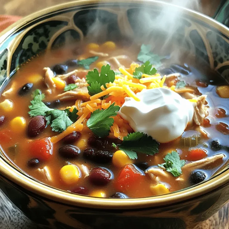 - 1 lb boneless, skinless chicken breasts - 1 can (15 oz) black beans, drained and rinsed - 1 can (15 oz) kidney beans, drained and rinsed - 1 can (15 oz) corn, drained - 1 can (14 oz) diced tomatoes, undrained - 1 can (10 oz) diced tomatoes with green chilies - 1 packet (1 oz) taco seasoning - 1 medium onion, finely diced - 1 bell pepper (any color), finely diced - 2 cloves garlic, minced - 4 cups chicken broth - 1 tablespoon fresh lime juice - Salt and pepper to taste - Sour cream - Shredded cheese - Diced avocado - Fresh cilantro Each ingredient adds a special touch to the soup. I love how the chicken cooks slowly, soaking up all the flavors. The black and kidney beans give it a nice texture. The corn adds sweetness, and the diced tomatoes bring freshness. Taco seasoning ties it all together. You can customize it. Try different beans or add your favorite veggies. I often use more peppers for a kick. You can find the full recipe to see all the details. - Layer chicken breasts in crockpot. - Add black beans, kidney beans, and corn. First, take the boneless chicken breasts and place them in the bottom of your crockpot. This will be the base of your soup. Next, open the cans of black beans, kidney beans, and corn. Make sure to drain and rinse the beans before adding them to the pot. Layer these ingredients right on top of the chicken. This builds a strong foundation for flavor. - Pour in diced tomatoes and chili mixture. - Sprinkle taco seasoning evenly. Now, it's time to add some juicy flavor. Pour in the diced tomatoes, including one can with green chilies. This adds a nice kick! Then, take your taco seasoning and sprinkle it all over the top. This ensures that every bite bursts with that taco flavor we all love. - Add onion, bell pepper, and garlic. - Pour chicken broth over the mixture. - Set cooking time on crockpot. Next, chop the onion and bell pepper, and add them to the pot. Don’t forget the minced garlic; it’s key for a rich taste! Once all the fresh ingredients are in, pour the chicken broth over everything. This will create a savory base. Finally, cover the crockpot with its lid and set it to cook. You can choose to cook it on low for 6-8 hours or high for 3-4 hours, depending on your schedule. - Remove cooked chicken from the crockpot. - Shred chicken and return to soup. Once the cooking time is up, carefully remove the chicken breasts from the crockpot. Use two forks to shred the chicken into bite-sized pieces. This step makes the chicken more enjoyable to eat. After shredding, return the chicken to the soup. Mix it well to combine all the flavors. - Stir in lime juice. - Season with salt and pepper. To brighten the soup, stir in fresh lime juice. This adds a zesty touch that balances the richness of the dish. Taste your soup and adjust the seasoning with salt and pepper as needed. These small changes can make a big difference! - Serve hot and garnish as desired. Now, it's time to enjoy your creation! Ladle the hot soup into bowls. You can add toppings like sour cream, shredded cheese, diced avocado, or fresh cilantro for extra flavor and color. Each topping adds a unique twist to your meal, making it even more delightful. Enjoy every bite of your Crockpot Chicken Taco Soup! For the detailed instructions, check out the Full Recipe. To get the best texture, layer your ingredients right. Start with the chicken at the bottom. This helps retain moisture. Next, add your beans, corn, and tomatoes. Make sure to spread everything evenly. This way, each bite has great flavor. Adjusting cooking time is key too. If you use fresh chicken, cook for 6-8 hours on low. For frozen chicken, you might need 8-10 hours. Always check the chicken. It should shred easily when done. Seasoning is where you can really shine. The taco seasoning is a great start. But you can add more! Try a pinch of cumin or smoked paprika for depth. If you want it spicier, add cayenne pepper or diced jalapeños. Start small and taste as you go. This helps you find your perfect heat level. Adding fresh lime juice at the end really brightens the soup. It balances the flavors and adds a nice zing. If you don’t have a crockpot, no worries! You can make this soup on the stovetop. Just follow the same steps, but cook it on medium heat. It should take about 30-40 minutes. Stir it often to prevent sticking. For an Instant Pot, use the sauté function first. Brown the onions and garlic, then add the rest. Cook on high pressure for about 15 minutes. Let it release naturally for 10 minutes before opening. This way, you keep all the flavors locked in. For the full recipe, click here: [Full Recipe]. {{image_4}} For those who need gluten-free options, this soup is easy to adapt. All the main ingredients are gluten-free. Just check your taco seasoning to ensure it has no gluten. You can keep enjoying this tasty soup without worry. If you want a vegan alternative, you can swap out the chicken for plant-based meat. Use a meat substitute like lentils or chickpeas. This keeps the soup hearty and full of flavor while making it plant-based. You can change up the beans in this recipe. Try pinto beans or black-eyed peas for a different taste. Mixing in various beans also adds fun colors and textures. Adding vegetables like zucchini or carrots can boost nutrition. Chop them into small pieces and toss them in with the other ingredients. This makes the soup even more filling and colorful. To kick up the flavor, consider a Southwest seasoning blend. This can give your soup a spicy twist that warms you up. You can mix in cumin, paprika, or even a pinch of cayenne for heat. Another great option is a cilantro lime variation. Add fresh cilantro and more lime juice to give your soup a fresh, zesty taste. This brightens up the dish and makes it feel light and refreshing. For the full recipe, check out the [Full Recipe]. To keep your soup fresh, store it in the fridge. Use an airtight container for best results. Divide the soup into smaller portions for easy access. This way, you can enjoy it later without hassle. If you want to freeze it, use freezer-safe containers. Leave some space at the top for expansion as it freezes. You can reheat the soup on the stove or in the microwave. If using the stove, warm it gently over low heat. Stir often to keep it from sticking. In the microwave, heat it in short bursts. Stir after each burst to keep the heat even. To maintain flavor, add a splash of chicken broth if it seems thick. In the fridge, your leftovers last about 3 to 4 days. Always check for signs of spoilage. If it smells bad or has an off color, it's time to toss it. When frozen, the soup can last up to 3 months. Thaw it in the fridge overnight before reheating. This helps keep the taste fresh and delicious. Cooking this soup takes time, but it's worth it. On the low setting, it takes 6 to 8 hours. If you choose the high setting, it cooks in 3 to 4 hours. The longer cook time makes the chicken tender and the flavors richer. Yes, you can use frozen chicken. Just add the frozen chicken directly to the crockpot. You may need to increase the cooking time by 1 to 2 hours. Ensure the chicken reaches a safe temperature before serving. This method saves prep time and works great! This soup pairs well with many sides. Try serving it with tortilla chips for a crunchy bite. You can also add a fresh salad or some cornbread. Rice is another good choice to soak up the tasty broth. Absolutely! Doubling the recipe is easy. Just use a larger crockpot to fit all the ingredients. Keep an eye on the cooking time. If you double it, the cooking time may stay the same, but monitor the soup for doneness. Yes, this recipe is great for meal prep. You can make a big batch and store leftovers in the fridge. Use airtight containers for best results. You can also freeze portions for later. Just reheat before serving for a quick meal. Remember to add toppings fresh for extra flavor! For the full recipe, visit the detailed instructions above. This blog post covered how to make delicious Crockpot Chicken Taco Soup. We explored key ingredients like chicken, beans, and veggies. I shared step-by-step instructions for cooking and shredding the chicken. You also learned tips for flavor, variations, and storing leftovers. This soup is easy, tasty, and great for meal prep. Try it tonight and enjoy a warm bowl of comfort. You will love customizing it with your favorite toppings!