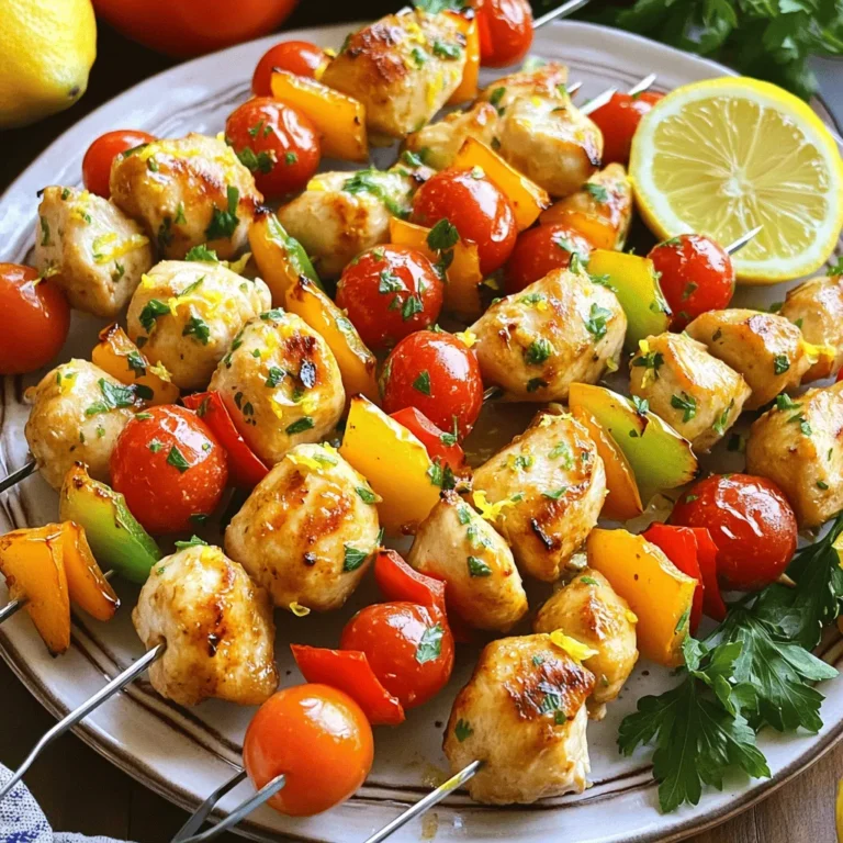 - Chicken and Vegetables - 1 lb boneless, skinless chicken breasts, cut into 1-inch cubes - 1 cup cherry tomatoes - 1 bell pepper (any color), cut into 1-inch pieces - Marinade Components - 2 large lemons (zest and juice) - 3 tablespoons olive oil - 3 cloves garlic, minced - 1 teaspoon dried oregano - 1 teaspoon smoked paprika - 1 teaspoon salt - ½ teaspoon freshly ground black pepper - Garnish and Skewers - Fresh parsley, finely chopped (for garnish) - Wooden or metal skewers (if using wooden skewers, soak them in water for at least 30 minutes prior to grilling) Gather these ingredients before you start. Fresh lemon zest and juice give your dish a bright flavor. The chicken should be cut into equal pieces for even cooking. Use good-quality olive oil to enhance the taste. Don’t skip the garlic; it adds depth. Skewers can be wooden or metal, but soak wooden ones first. This step helps prevent burning on the grill. The cherry tomatoes and bell peppers not only add color but also sweetness. The balance of flavors in the marinade makes every bite unforgettable. For the best taste, use fresh herbs and spices. Once you have all these ingredients ready, you can move on to the next step. The full recipe will guide you through each part of the cooking process. Enjoy the vibrant flavors of these skewers! To start, grab a large mixing bowl. Add the zest of the lemons and their juice. Next, pour in the olive oil. Then, add the minced garlic, dried oregano, smoked paprika, salt, and black pepper. Whisk the mixture until it blends well. This marinade brings bright flavors to the chicken. Now, add the cubed chicken breasts to the bowl. Make sure each piece is coated with the marinade. Cover the bowl with plastic wrap or a lid. Place it in the refrigerator for at least 30 minutes. If you have time, let it sit for up to 2 hours. This step is key for enhancing the flavor. While the chicken marinates, preheat your grill or grill pan over medium-high heat. Once the chicken is ready, take it out of the fridge. Start threading the chicken onto the skewers. Alternate with cherry tomatoes and bell pepper chunks. This makes the skewers colorful and tasty. Carefully place the skewers on the grill. Cook them for about 10-12 minutes. Turn the skewers often to cook evenly. The chicken is done when its internal temperature hits 165°F (75°C). After grilling, let the skewers rest for a few minutes. This helps keep the chicken juicy. Before serving, sprinkle fresh parsley on top. For the full recipe, check the details above. Enjoy your meal! To get the most flavor, always marinate the chicken. Use fresh lemons for zest and juice. The acid in lemon helps tenderize the meat. Mix the lemon juice, olive oil, garlic, and spices well. This creates a vibrant marinade. Let the chicken sit in the marinade for at least 30 minutes. For deeper flavor, aim for two hours. This simple step makes a big difference. When cooking, heat your grill to medium-high. This ensures the chicken cooks evenly. As you thread the chicken onto skewers, alternate with cherry tomatoes and bell pepper. This adds color and flavor. Grill the skewers for about 10-12 minutes. Turn them often for even cooking. Check the chicken's internal temperature; it should reach 165°F (75°C). Let the skewers rest after grilling to keep them juicy. Make your dish appealing with a nice presentation. Place the skewers on a large serving platter. Drizzle some of the cooked marinade over them for added taste. Fresh lemon slices and parsley can brighten the look. This not only enhances flavor but also adds a pop of color. Serve your zesty lemon chicken skewers with pride! For the full recipe, check out the details above. {{image_4}} You can switch up the chicken with shrimp or tofu. Both options soak up the marinade well. For a fun twist, try adding pineapple chunks or zucchini slices. These add sweetness and color. You can also use different herbs like thyme or rosemary for varied flavors. Grilling gives a smoky flavor and nice char. It takes about 10-12 minutes over medium-high heat. If you prefer oven-baking, it works too! Preheat your oven to 400°F (200°C). Arrange the skewers on a baking sheet and bake for about 15-20 minutes. Check the chicken's temperature to ensure it's 165°F (75°C). Both methods yield juicy results. Pair your skewers with a fresh salad or rice. A tangy cucumber salad complements the zesty chicken. For dips, try tzatziki or a lemony hummus. These add creaminess and extra flavor. You can find the full recipe online to explore even more serving ideas! To keep your Zesty Lemon Chicken Skewers fresh, store them in an airtight container. Make sure the skewers cool down to room temperature first. This prevents moisture buildup that can cause sogginess. Place the container in the fridge. Enjoy your leftovers within three days for best taste. When it's time to eat your leftovers, reheat them safely. The best way is to use an oven. Preheat it to 350°F (175°C). Place the skewers on a baking tray and cover with foil. Heat for about 10-15 minutes until warmed through. This method keeps the chicken juicy and the veggies crisp. If you want to save some skewers for later, freezing works great! Wrap each skewer in plastic wrap or foil. Place them in a freezer bag, squeezing out the air. They can last up to three months. When ready to eat, let them thaw in the fridge overnight before reheating. This keeps the flavors intact. For the full recipe, check the earlier section. You should marinate the chicken for at least 30 minutes. This time allows the flavors to soak in. For even better taste, try to marinate it for up to 2 hours. The longer the chicken sits in the marinade, the more flavorful it becomes. Just remember to keep it in the fridge while it marinates. Yes, you can definitely use different vegetables! Feel free to swap bell peppers for zucchini or red onions. You can also add mushrooms or even pineapple for a sweet twist. The key is to cut the vegetables into similar sizes for even cooking. This way, all the flavors meld together nicely on the grill. Zesty Lemon Chicken Skewers pair well with many sides. I suggest serving them with a fresh salad or some grilled corn. Rice or quinoa also complements the dish nicely. You can add a tangy yogurt sauce or a simple lemon vinaigrette for extra flavor. For the full recipe, check back to enjoy this tasty meal! This post covered how to make tasty Zesty Lemon Chicken Skewers. We started with ingredients, from chicken to marinade and garnish. Next, I outlined simple steps to prepare, marinate, and cook. You learned tips for flavor and juicy chicken. We also explored variations, cooking methods, and serving ideas. Lastly, I shared best practices for storage and reheating. Remember, cooking should be fun! Experiment with flavors and make it yours. Enjoy sharing these delicious skewers with friends and family. Happy cooking!