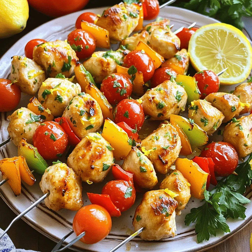 - Chicken and Vegetables - 1 lb boneless, skinless chicken breasts, cut into 1-inch cubes - 1 cup cherry tomatoes - 1 bell pepper (any color), cut into 1-inch pieces - Marinade Components - 2 large lemons (zest and juice) - 3 tablespoons olive oil - 3 cloves garlic, minced - 1 teaspoon dried oregano - 1 teaspoon smoked paprika - 1 teaspoon salt - ½ teaspoon freshly ground black pepper - Garnish and Skewers - Fresh parsley, finely chopped (for garnish) - Wooden or metal skewers (if using wooden skewers, soak them in water for at least 30 minutes prior to grilling) Gather these ingredients before you start. Fresh lemon zest and juice give your dish a bright flavor. The chicken should be cut into equal pieces for even cooking. Use good-quality olive oil to enhance the taste. Don’t skip the garlic; it adds depth. Skewers can be wooden or metal, but soak wooden ones first. This step helps prevent burning on the grill. The cherry tomatoes and bell peppers not only add color but also sweetness. The balance of flavors in the marinade makes every bite unforgettable. For the best taste, use fresh herbs and spices. Once you have all these ingredients ready, you can move on to the next step. The full recipe will guide you through each part of the cooking process. Enjoy the vibrant flavors of these skewers! To start, grab a large mixing bowl. Add the zest of the lemons and their juice. Next, pour in the olive oil. Then, add the minced garlic, dried oregano, smoked paprika, salt, and black pepper. Whisk the mixture until it blends well. This marinade brings bright flavors to the chicken. Now, add the cubed chicken breasts to the bowl. Make sure each piece is coated with the marinade. Cover the bowl with plastic wrap or a lid. Place it in the refrigerator for at least 30 minutes. If you have time, let it sit for up to 2 hours. This step is key for enhancing the flavor. While the chicken marinates, preheat your grill or grill pan over medium-high heat. Once the chicken is ready, take it out of the fridge. Start threading the chicken onto the skewers. Alternate with cherry tomatoes and bell pepper chunks. This makes the skewers colorful and tasty. Carefully place the skewers on the grill. Cook them for about 10-12 minutes. Turn the skewers often to cook evenly. The chicken is done when its internal temperature hits 165°F (75°C). After grilling, let the skewers rest for a few minutes. This helps keep the chicken juicy. Before serving, sprinkle fresh parsley on top. For the full recipe, check the details above. Enjoy your meal! To get the most flavor, always marinate the chicken. Use fresh lemons for zest and juice. The acid in lemon helps tenderize the meat. Mix the lemon juice, olive oil, garlic, and spices well. This creates a vibrant marinade. Let the chicken sit in the marinade for at least 30 minutes. For deeper flavor, aim for two hours. This simple step makes a big difference. When cooking, heat your grill to medium-high. This ensures the chicken cooks evenly. As you thread the chicken onto skewers, alternate with cherry tomatoes and bell pepper. This adds color and flavor. Grill the skewers for about 10-12 minutes. Turn them often for even cooking. Check the chicken's internal temperature; it should reach 165°F (75°C). Let the skewers rest after grilling to keep them juicy. Make your dish appealing with a nice presentation. Place the skewers on a large serving platter. Drizzle some of the cooked marinade over them for added taste. Fresh lemon slices and parsley can brighten the look. This not only enhances flavor but also adds a pop of color. Serve your zesty lemon chicken skewers with pride! For the full recipe, check out the details above. {{image_4}} You can switch up the chicken with shrimp or tofu. Both options soak up the marinade well. For a fun twist, try adding pineapple chunks or zucchini slices. These add sweetness and color. You can also use different herbs like thyme or rosemary for varied flavors. Grilling gives a smoky flavor and nice char. It takes about 10-12 minutes over medium-high heat. If you prefer oven-baking, it works too! Preheat your oven to 400°F (200°C). Arrange the skewers on a baking sheet and bake for about 15-20 minutes. Check the chicken's temperature to ensure it's 165°F (75°C). Both methods yield juicy results. Pair your skewers with a fresh salad or rice. A tangy cucumber salad complements the zesty chicken. For dips, try tzatziki or a lemony hummus. These add creaminess and extra flavor. You can find the full recipe online to explore even more serving ideas! To keep your Zesty Lemon Chicken Skewers fresh, store them in an airtight container. Make sure the skewers cool down to room temperature first. This prevents moisture buildup that can cause sogginess. Place the container in the fridge. Enjoy your leftovers within three days for best taste. When it's time to eat your leftovers, reheat them safely. The best way is to use an oven. Preheat it to 350°F (175°C). Place the skewers on a baking tray and cover with foil. Heat for about 10-15 minutes until warmed through. This method keeps the chicken juicy and the veggies crisp. If you want to save some skewers for later, freezing works great! Wrap each skewer in plastic wrap or foil. Place them in a freezer bag, squeezing out the air. They can last up to three months. When ready to eat, let them thaw in the fridge overnight before reheating. This keeps the flavors intact. For the full recipe, check the earlier section. You should marinate the chicken for at least 30 minutes. This time allows the flavors to soak in. For even better taste, try to marinate it for up to 2 hours. The longer the chicken sits in the marinade, the more flavorful it becomes. Just remember to keep it in the fridge while it marinates. Yes, you can definitely use different vegetables! Feel free to swap bell peppers for zucchini or red onions. You can also add mushrooms or even pineapple for a sweet twist. The key is to cut the vegetables into similar sizes for even cooking. This way, all the flavors meld together nicely on the grill. Zesty Lemon Chicken Skewers pair well with many sides. I suggest serving them with a fresh salad or some grilled corn. Rice or quinoa also complements the dish nicely. You can add a tangy yogurt sauce or a simple lemon vinaigrette for extra flavor. For the full recipe, check back to enjoy this tasty meal! This post covered how to make tasty Zesty Lemon Chicken Skewers. We started with ingredients, from chicken to marinade and garnish. Next, I outlined simple steps to prepare, marinate, and cook. You learned tips for flavor and juicy chicken. We also explored variations, cooking methods, and serving ideas. Lastly, I shared best practices for storage and reheating. Remember, cooking should be fun! Experiment with flavors and make it yours. Enjoy sharing these delicious skewers with friends and family. Happy cooking!