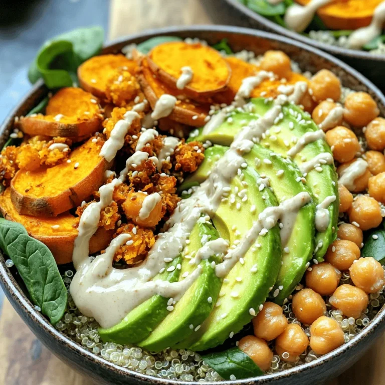 - Sweet Potatoes - Chickpeas - Quinoa - Fresh Vegetables Sweet potatoes are the star of this dish. They are sweet, creamy, and full of nutrients. Chickpeas add protein and a nice texture. Quinoa serves as a hearty base. You can use any fresh vegetables you like. I enjoy adding avocado and baby spinach for a fresh flavor. - Olive Oil - Smoked Paprika - Ground Cumin - Sea Salt and Black Pepper The spices elevate the sweet potatoes. Olive oil helps them roast well and adds richness. Smoked paprika gives a warm, smoky taste. Ground cumin adds earthiness. Sea salt and black pepper enhance all the flavors, making the dish pop. - Tahini - Lemon Juice - Water - Sesame Seeds The tahini dressing ties everything together. It adds creaminess and zest. Lemon juice brightens the flavor. Water adjusts the dressing's thickness. Finally, sesame seeds add crunch and a nutty finish. For the full recipe, check out the details above! Preheat the Oven Start by preheating your oven to 425°F (220°C). This helps the sweet potatoes roast evenly and get that nice, crispy texture we all love. Prepare Sweet Potatoes Peel and cut your sweet potatoes into 1-inch cubes. Place them in a medium bowl. Drizzle with one tablespoon of extra virgin olive oil. Add one teaspoon of smoked paprika, half a teaspoon of ground cumin, and a sprinkle of sea salt and black pepper. Toss well until all the cubes are coated. Season and Arrange on Baking Sheet Spread the seasoned sweet potatoes on a baking sheet lined with parchment paper. Make sure they lay in a single layer to roast properly. Roast and Check Doneness Roast the sweet potatoes for 25-30 minutes. Halfway through, flip them for even cooking. They should be golden brown and tender when done. A fork should slide in easily. Whisk Tahini, Lemon Juice, and Water While the sweet potatoes roast, grab a small bowl. Add a quarter cup of tahini, two tablespoons of freshly squeezed lemon juice, and two tablespoons of water. Whisk until smooth and creamy. If it feels too thick, add a bit more water until it’s pourable. Layer Quinoa, Vegetables, and Toppings In four bowls, start with a base of warm quinoa. Then, add the roasted sweet potatoes on top. Next, layer in chickpeas, avocado slices, and fresh baby spinach. Arrange them nicely for a beautiful look. Drizzle with Dressing and Garnish Finish by drizzling the tahini dressing over each bowl. Sprinkle sesame seeds on top for that added crunch and flair. Enjoy your vibrant and tasty meal! For the full recipe, check out the details above. Timing and Temperature Considerations The key to great sweet potatoes is the right timing and temperature. Roast them at 425°F (220°C) for 25-30 minutes. This high heat gives you a nice caramelization. Check them halfway through to see if they need flipping. They should be golden brown and soft inside. Ensuring Even Cooking To cook sweet potatoes evenly, cut them into 1-inch cubes. This size helps them roast well. Spread them out on the baking sheet in a single layer. Avoid crowding them, as this can lead to steaming instead of roasting. Adding Proteins You can make your Buddha bowl heartier by adding proteins. Chickpeas are a great start, but you can also add grilled chicken, tofu, or beans. This boosts the meal's nutrition and keeps you full longer. Incorporating Different Vegetables Feel free to mix in different vegetables. Roasted broccoli, bell peppers, or kale add color and flavor. You can also use fresh veggies like cucumbers or radishes for crunch. Best Pairings Pair your Buddha bowl with a refreshing drink like lemon water or iced tea. This balances the dish's richness. You can also enjoy it with crusty bread for a complete meal. Presentation Tips Presentation is key! Use deep, colorful bowls to show off the layers of your ingredients. Drizzle the tahini dressing right before serving. This keeps it fresh and appealing. Add a lemon wedge on the side for a pop of color and extra flavor. For the complete recipe, check out the [Full Recipe]. {{image_4}} You can easily switch grains in your Buddha bowl. Instead of quinoa, try brown rice or farro. Both add a nice texture and flavor. Each grain gives a different feel to your meal. When it comes to dressings, don’t hesitate to get creative. Soy sauce can add a salty kick. A balsamic reduction brings sweetness and tang. Each option can change the whole taste of the bowl. For vegan options, this recipe is already set. All the ingredients are plant-based. You can enjoy this bowl without any animal products. It’s perfect for anyone looking to eat more plants. If you need gluten-free variations, quinoa is a great choice. It is naturally gluten-free, so you can enjoy it freely. Just make sure any dressings or sauces are gluten-free too. Using seasonal produce can elevate your Buddha bowl. In spring, add fresh asparagus or peas. In summer, try ripe tomatoes or zucchini. Fall brings great choices like roasted Brussels sprouts. Winter can include hearty root veggies. Adjust your bowl for the weather or occasion. On cold days, warm your grains and toppings. For hot days, serve it cold and refreshing. This makes the meal fit for any time of year. Refrigeration Tips After you enjoy your Roasted Sweet Potato Buddha Bowl, store leftovers in an airtight container. Keep it in the fridge for up to three days. Make sure to separate the dressing from the other ingredients to keep everything fresh. Freezing Instructions If you want to save your Buddha bowl for later, you can freeze certain parts. The sweet potatoes and chickpeas freeze well. Place them in a freezer-safe container. They can last up to three months. However, avoid freezing the avocado and tahini dressing, as they do not thaw well. Best Practices for Reheating When you're ready to enjoy your leftovers, reheat the sweet potatoes and chickpeas in the oven or microwave. If using the oven, set it to 350°F (175°C) and heat for about 10-15 minutes. For the microwave, heat in short bursts of 30 seconds, stirring in between. Maintaining Texture and Flavor To keep the sweet potatoes from getting soggy, avoid using too much moisture while reheating. If you prefer a crisp texture, reheat in the oven. This method helps revive the original flavors of the dish. How Long Ingredients Last Cooked sweet potatoes can last in the fridge for about three days. Chickpeas stored properly can last for up to four days. Quinoa, if kept in an airtight container, can last up to a week in the fridge. Signs of Spoilage Always check for signs of spoilage. Look for any unusual odors, changes in color, or slimy textures. If anything seems off, it’s best to discard it to avoid any health risks. To get crispy sweet potatoes, follow these tips: - Cut Smaller: Chop sweet potatoes into smaller pieces. This helps them cook faster and crisp up. - Use Enough Oil: Coat them well in extra virgin olive oil. This helps in achieving that nice golden color. - Single Layer: Spread the sweet potatoes in a single layer on the baking sheet. Crowding them can lead to steaming instead of roasting. - High Heat: Roast at 425°F (220°C). The higher the heat, the crispier they will get. - Flip Halfway: Turn them halfway through cooking. This helps both sides get nice and crispy. Yes, you can prepare this Buddha bowl ahead of time. Here’s how: - Cook Quinoa and Sweet Potatoes: Make these items in advance and store them in the fridge. - Store Separately: Keep the quinoa, sweet potatoes, and dressing in separate containers. This keeps everything fresh. - Assemble Before Eating: When ready to eat, just assemble your bowl. This keeps the ingredients crunchy and delicious. If you want to switch from quinoa, try these grains: - Brown Rice: A great source of fiber and has a nutty flavor. - Farro: Chewy and hearty, it adds a nice texture. - Barley: Adds a slightly sweet taste and is rich in nutrients. - Bulgur: Quick to cook and has a light, fluffy texture. Yes, this recipe works well for meal prep. To help with portioning and storing: - Divide Evenly: Split the ingredients into four equal portions. This makes it easy to grab and go. - Use Containers: Store in airtight containers to keep the food fresh. - Reheat Gently: When eating, reheat the sweet potatoes and quinoa gently in the microwave. Absolutely! Here are some great protein options: - Grilled Chicken: Adds a nice flavor and pairs well with sweet potatoes. - Shrimp: Quick to cook and tastes fantastic with the tahini dressing. - Tofu: A good plant-based protein that soaks up flavors well. - Eggs: Soft-boiled or poached eggs add creaminess and protein. Try these tips for a tasty twist on your Roasted Sweet Potato Buddha Bowl! For the full recipe, check out the detailed instructions above. This Buddha bowl recipe brings healthy ingredients together for a tasty meal. Sweet potatoes, chickpeas, and quinoa form a great base. Fresh veggies add crunch, while spices and tahini dressing boost flavor. Roasting sweet potatoes perfectly requires attention to time and temperature. You can customize your bowl with different grains or proteins. Use these tips to store leftovers and reheat them without losing taste. I hope you feel inspired to try this recipe. Enjoy creating your own delicious and healthy Buddha bowl!
