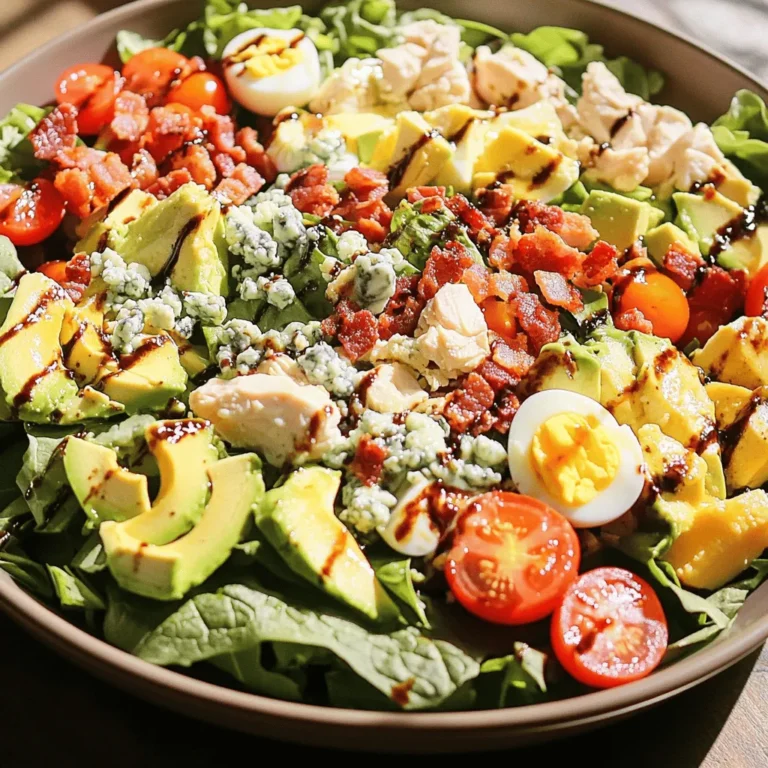 - 4 cups mixed salad greens (a blend of romaine, arugula, and spinach for varied textures) - 1 cup diced cooked chicken breast - 4 slices of crispy turkey bacon - 2 hard-boiled eggs - 1 ripe avocado - 1 cup cherry tomatoes - 1/2 cup crumbled blue cheese - 1/4 cup red onion - 1/4 cup balsamic vinaigrette dressing - Salt and pepper Classic Cobb Salad is all about fresh flavors and great textures. Each ingredient plays a key role. First, the mixed salad greens provide a nice crunch. I love using romaine, arugula, and spinach for this. Then, you have the diced cooked chicken breast, which adds protein and heartiness. Turkey bacon brings in a smoky flavor and crispness that everyone enjoys. Hard-boiled eggs add creaminess and richness to the mix. I like to slice them into rounds for a pretty look. The diced avocado gives the salad a smooth texture, while cherry tomatoes burst with sweetness. Crumbled blue cheese adds a bold flavor that contrasts nicely with the other ingredients. Don’t forget the red onion! It adds a mild sharpness that rounds out the dish. Finally, drizzle it all with balsamic vinaigrette for a tangy finish. Adding salt and pepper will enhance all those bright flavors. This mix creates a salad that's not just colorful but also packed with taste. For the complete recipe, check out the Full Recipe link. To make a Classic Cobb Salad, follow these steps closely. Each step builds flavor and texture. - Assemble the base with mixed greens: Start with 4 cups of mixed greens. I like using romaine, arugula, and spinach. This mix adds great texture and taste. - Layer chicken and bacon over the greens: Next, add 1 cup of diced cooked chicken breast. Spread it evenly over the greens. Then, sprinkle 4 slices of crumbled crispy turkey bacon on top. This adds a wonderful crunch. - Add hard-boiled eggs in a decorative pattern: Take 2 hard-boiled eggs and slice them into rounds. Place these slices around the salad for a lovely visual touch. - Distribute avocado and tomatoes across the salad: Now, chop 1 ripe avocado and halve 1 cup of cherry tomatoes. Scatter them over the salad. They provide creaminess and a burst of sweetness. - Sprinkle with blue cheese and red onions: Add 1/2 cup of crumbled blue cheese for a bold flavor. Then, sprinkle 1/4 cup of thinly sliced red onions. This adds a hint of sharpness. - Drizzle with dressing and seasoning before serving: Pour 1/4 cup of balsamic vinaigrette dressing over the salad. Feel free to add salt and pepper to taste. This enhances all the flavors. - Toss gently before serving to incorporate flavors: Just before serving, toss the salad gently. This mixes all the ingredients while keeping the layers intact. By following these steps, you'll create a beautiful and tasty salad. Don’t forget to check the Full Recipe for more details. - Use fresh ingredients for the best flavor Fresh ingredients make a big difference. Use crisp greens, ripe avocados, and juicy tomatoes. They add color and taste. Always choose what is in season. This ensures you get the best quality. - Recommended cheese and dressing pairings Blue cheese gives strong flavor to the salad. If you prefer a milder taste, try feta cheese instead. For dressings, balsamic vinaigrette works well. You can also use ranch for a creamier option. Both enhance the salad's taste. - How to achieve the perfect hard-boiled eggs To make hard-boiled eggs, place eggs in cold water. Bring it to a boil, then cover and turn off the heat. Let them sit for 10-12 minutes. After that, put them in cold water to stop cooking. This method gives you eggs that are firm and easy to peel. Feel free to explore more tips in the [Full Recipe]. {{image_4}} You can switch up the classic Cobb salad in many fun ways. If you're vegetarian or vegan, you can use plant-based proteins. Tofu or chickpeas are great options. They add protein and keep the salad filling and satisfying. When it comes to dressings, think outside the box. While balsamic vinaigrette is a classic, you might try ranch or a tangy vinaigrette blend. These can really change the flavor of your salad. For toppings, feel free to be creative! You can add roasted vegetables or nuts for extra crunch. Sunflower seeds or pumpkin seeds can also add a nice texture and flavor. These variations make the Cobb salad more personal. You can mix it up based on what you like or what you have at home. This way, every time you make it, you can enjoy something new. For the classic version, check out the Full Recipe. To keep your Classic Cobb Salad fresh, follow these easy steps: - Store toppings separately: Place chicken, bacon, eggs, and other toppings in separate containers. This keeps them crisp and fresh. - Best practices for refrigerating salad: Use an airtight container for greens and dressing. This prevents wilting and keeps flavors intact. - Reheating tips for chicken and bacon if needed: If you want to warm the chicken or bacon, heat them in a skillet over medium-low heat. This will restore their texture without making them tough. These simple steps help you enjoy your Cobb Salad for days! What is a Classic Cobb Salad? A Classic Cobb Salad is a hearty dish made with greens, protein, and toppings. It usually includes chicken, bacon, eggs, avocado, tomatoes, blue cheese, and dressing. Each ingredient adds a unique flavor and texture. Can I make it ahead of time? Yes, you can make it ahead. Prepare the salad but keep the dressing separate. This way, the greens stay crisp. You can mix in the dressing just before serving. What are the healthiest ingredients to include? Focus on fresh greens and lean proteins. Use grilled chicken, ripe avocado, and colorful veggies. Cherry tomatoes and red onion add vitamins and flavor. Choose a light dressing, like balsamic vinaigrette, for a healthier option. How do I customize my Cobb Salad to suit dietary needs? You can easily modify it. For a vegetarian dish, skip the chicken and bacon. Use chickpeas or tofu instead. For a low-carb option, replace the dressing with olive oil and lemon juice. Swap out blue cheese for a dairy-free option if needed. What are the typical serving sizes for a Cobb Salad? A Classic Cobb Salad usually serves four. Each serving is about one-fourth of the salad. For a larger group, you can double the recipe. Enjoy the full recipe for more guidance on servings! This blog post covered the classic Cobb salad, step-by-step. We explored key ingredients, from mixed greens to crumbled blue cheese. I shared tips for perfecting this dish and suggested variations, including vegan options. Proper storage methods can keep leftovers fresh. Remember, a great Cobb salad is about fresh ingredients and your personal touch. Enjoy making this dish your own!