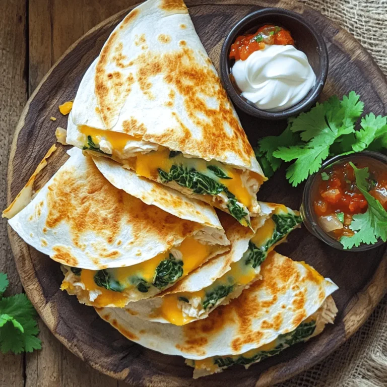 - Chicken: 2 cups cooked, shredded - Spinach: 2 cups fresh, chopped - Cheese: 1 cup mozzarella and 1 cup cheddar - Tortillas: 4 large flour tortillas - Seasoning: Cumin, smoked paprika, salt, pepper - Onion and garlic: 1 small onion, 2 cloves garlic - Toppings: Sour cream, salsa, fresh cilantro When making Chicken and Spinach Quesadillas, use fresh and quality ingredients. The chicken should be tender and juicy. Shredded chicken works well as it mixes easily with the other ingredients. Fresh spinach adds color and nutrition. The cheese melts beautifully, creating a rich filling. For this recipe, I use both mozzarella and cheddar cheese. This mix gives a creamy texture and a nice flavor. Flour tortillas are my go-to choice. They are soft and hold the filling well. If you want to add more flavor, consider using onion and garlic. They enhance the taste of the chicken and spinach. You can also add toppings like sour cream, salsa, or fresh cilantro for extra zest. You can find the Full Recipe at the end. 1. Sauté onion and garlic: Start by heating 1 tablespoon of olive oil in a large skillet over medium heat. Add the finely chopped onion and sauté it for 3 to 4 minutes. The onion should become soft and clear. Next, add the minced garlic and cook for about 1 minute until it smells great. 2. Combine chicken and spinach: Now, add the shredded chicken and chopped spinach to the skillet. Stir everything together and cook for another 3 to 4 minutes. The spinach should wilt down nicely in the heat. 3. Season and add cheese: Sprinkle in the ground cumin, smoked paprika, salt, and pepper. Mix well to coat all the ingredients with the spices. Remove the skillet from heat and fold in the mozzarella and cheddar cheese until they melt into a creamy filling. 1. Heat the skillet: In a separate skillet, heat the remaining 1 tablespoon of olive oil over medium-high heat. 2. Fill and fold tortillas: Place one large flour tortilla in the skillet. Spoon a good amount of the chicken and cheese filling onto half of the tortilla. Fold the other half over to cover the filling. 3. Cook until golden brown: Cook the quesadilla for 2 to 3 minutes until the bottom is golden brown. Carefully flip it with a spatula and cook for another 2 to 3 minutes. The cheese should be melted and the quesadilla hot throughout. 1. Cutting and plating: Once cooked, take the quesadilla out of the skillet and place it on a cutting board. Cut it into wedges. Serve them warm on a colorful plate. 2. Ideal dipping accompaniments: Pair your quesadillas with small bowls of sour cream and salsa. For extra flair, add fresh cilantro as a garnish. For the full recipe, check out the details above! - Ensuring crispy quesadillas: To get crispy quesadillas, heat your skillet well. Use medium-high heat. This helps the tortillas crisp up quickly. Apply a thin layer of olive oil. Too much oil can make them soggy. - Perfect cheese melting techniques: Use a mix of mozzarella and cheddar cheese. These cheeses melt well and add great flavor. You can also cover the skillet for a minute. This traps heat and helps the cheese melt evenly. - Suggested spice adjustments: If you love spice, add more ground cumin or smoked paprika. You can also try cayenne pepper for a kick. Just a pinch will do! - Additional ingredients for added flavor: Consider adding diced bell peppers or corn. These add sweetness and texture. Fresh herbs like cilantro or basil can brighten the dish. Mix them in just before serving for a fresh taste. {{image_4}} You can switch the chicken for turkey or beef. Ground turkey works well. Just cook it until brown. You can also use shredded beef or steak. For a vegetarian option, try black beans or mushrooms. They add great texture and flavor. Mixing different cheeses can enhance your quesadilla. Try pepper jack for a spicy kick. You can also use gouda or feta for a unique twist. If you prefer dairy-free, look for plant-based cheese. Many brands offer tasty options that melt well. You can serve quesadillas in different ways. Try folding them or cutting them into strips. This makes them easy to share. For sauces, salsa is classic, but you can drizzle chipotle mayo or guacamole. Each adds a new layer of flavor to your meal. For the full recipe, check the provided details. To keep your chicken and spinach quesadillas fresh, store them in an airtight container. Place parchment paper between layers if stacking. This helps prevent them from sticking together. Make sure to refrigerate them within two hours of cooking. They will stay good for about 3-4 days. When you’re ready to eat them again, reheat the quesadillas in a skillet. Heat them on medium for about 3-5 minutes on each side. This method keeps them crispy. You can also use a microwave, but this may make them soggy. If using a microwave, heat for 1-2 minutes, checking often. If you want to save some quesadillas for later, you can freeze them. For uncooked quesadillas, stack them with parchment paper between each one. Place them in a freezer bag, and remove as much air as you can. They can stay in the freezer for up to three months. For cooked quesadillas, let them cool completely before freezing. Wrap each one in plastic wrap, and then place them in a freezer bag. To thaw, move them from the freezer to the fridge overnight. You can also microwave them on low power for a quick thaw. Once thawed, reheat in a skillet or oven. Enjoy your chicken and spinach quesadillas as if they were just made! For the full recipe, click here. To make Chicken and Spinach Quesadillas, you start by cooking onion and garlic in a skillet. Then, add shredded chicken and chopped spinach. Cook until the spinach wilts. Season this mix with spices and stir in cheese until it melts. Next, fill large flour tortillas with this mixture. Fold and cook them in a skillet until golden brown on both sides. That's it! You can find the Full Recipe for more details. Yes, you can use frozen spinach! Just remember to thaw and drain it first. This step removes extra water. If you skip it, your quesadillas might become soggy. Measure out 2 cups of thawed spinach. It works just as well as fresh. Frozen spinach saves time and still gives great flavor. You can serve quesadillas with many tasty sides. Here are some ideas: - Sour cream for dipping - Salsa for a fresh kick - Guacamole for creaminess - Fresh salad for crunch - Rice or beans for a hearty meal These sides add flavor and balance to your meal. Enjoy the mix! In this blog post, we explored how to make delicious chicken and spinach quesadillas. We covered key ingredients like chicken, spinach, and cheese. I shared step-by-step instructions for preparing, assembling, and serving your quesadillas. We also discussed tips, storage options, and answered common questions. Cooking can be simple and fun. Try these tips to make your meals better. Enjoy your tasty quesadillas!