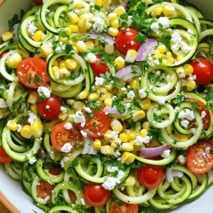 - 2 medium zucchinis - 1 cup cherry tomatoes, halved - 1 red bell pepper, diced - 1/2 cup corn kernels - 1/4 cup feta cheese, crumbled - 2 tablespoons extra virgin olive oil - 1 tablespoon freshly squeezed lemon juice - Salt and freshly ground black pepper to taste - 1/2 teaspoon garlic powder - 1/4 teaspoon crushed red pepper flakes (optional) - Fresh parsley, finely chopped - Additional cheese options (e.g., goat cheese, parmesan) - Other vegetables (cucumbers, carrots, etc.) When I make zucchini noodle salad, I love to start with these fresh ingredients. The zucchinis serve as the base, and they add a nice crunch. I like to spiralize the zucchinis for fun, curly noodles. You can also use a peeler for thin ribbons if you don’t have a spiralizer. Cherry tomatoes bring sweet bursts of flavor. I always halve them for even bites. The red bell pepper adds color and crunch. Corn kernels add a sweet taste and texture. Feta cheese gives a lovely creaminess and tang. For the dressing, I mix olive oil and lemon juice. These two ingredients create a bright flavor. I add salt, black pepper, and garlic powder for extra taste. If you want a kick, toss in crushed red pepper flakes. You can also customize the salad. Adding fresh parsley gives a fresh taste. You can use goat cheese or parmesan for a different cheese flavor. Feel free to add other veggies like cucumbers or carrots. This base recipe is versatile, and it’s easy to change according to your tastes. For the full recipe, check the complete guide! Start by spiralizing the zucchinis. Use a spiralizer to create long zoodles. If you don’t have one, you can use a vegetable peeler. This will give you thin, long ribbons. Next, place the zoodles in a mixing bowl. Sprinkle them with a pinch of salt. Let them sit for about 10 minutes. This helps to draw out extra moisture. After 10 minutes, gently pat the zoodles dry with a paper towel. In the bowl with the zucchini noodles, add the other ingredients. Toss in the halved cherry tomatoes, diced red bell pepper, corn, red onion, crumbled feta, and chopped parsley. Use a spatula to mix everything gently. In a separate bowl, prepare the dressing. Whisk together olive oil, lemon juice, garlic powder, salt, black pepper, and red pepper flakes. This dressing brings all the flavors together. Now, drizzle the dressing over your salad mixture. Carefully toss everything until well mixed. Taste the salad and adjust the flavors. Add more salt, pepper, or lemon juice if needed. You can serve it right away for a fresh taste. For even better flavor, let it chill in the fridge for 15-30 minutes. This salad is great for any meal. For the full recipe, refer to the complete list of ingredients and instructions. Choosing the right zucchini When picking zucchinis, choose firm ones with shiny skin. Look for medium-sized zucchinis. They are ideal for making noodles. Avoid zucchinis with soft spots or blemishes. Fresh zucchinis yield the best taste. Tips for spiralizing without a spiralizer If you don’t have a spiralizer, use a vegetable peeler. Start at one end of the zucchini and peel long ribbons. Turn the zucchini as you peel to create even strips. This method gives you nice, thin noodles that still taste great. Suggested herbs and spices to elevate taste Fresh herbs like basil and mint add a burst of flavor. You can also try dill for a different twist. Sprinkle in some oregano for a Mediterranean vibe. A pinch of garlic powder brings out the flavors too. Adjusting acidity and salt Taste your salad as you mix. If it feels flat, add more lemon juice. This brightens the flavors. If it needs depth, try adding a little more salt. Balance is key for a flavorful dish. Serving in unique bowls Choose a large, shallow bowl for a beautiful presentation. This allows the colors of the salad to shine. You can also use rustic wooden bowls for a homey feel. It makes the salad look even more inviting. Additional garnishes for visual appeal Garnish with extra parsley or feta for a pop of color. Even a few whole cherry tomatoes around the edge looks stunning. Use colorful plates to make the dish stand out. A little creativity goes a long way in making your salad eye-catching. {{image_4}} You can change the taste of your zucchini noodle salad with various dressings. For an Asian twist, try a dressing made from soy sauce and sesame oil. This adds a nice, savory flavor. You can also make creamy dressings. Use yogurt or tahini for a rich texture. Both options will keep your salad fresh and exciting. Want to make your salad heartier? Adding protein is a great choice. Grilled chicken or shrimp works well. For a plant-based option, use tofu. It absorbs flavors nicely and adds a good texture. You can try marinating the proteins in your favorite sauce for even more flavor. Make your salad unique by adding seasonal vegetables. In summer, throw in some fresh corn, or in fall, add roasted butternut squash. You can also use leftovers creatively. If you have extra veggies from dinner, toss them in. This not only cuts waste but also makes each salad special. For a full recipe, check out the details above. To keep your zucchini noodle salad fresh, store it in an airtight container. Place it in the fridge right after serving. The salad stays fresh for about 2 to 3 days. You may notice the zoodles release water, so enjoy it within this time frame for the best taste. You can prepare the ingredients ahead of time. Spiralize the zucchinis and chop the veggies a day in advance. Keep them in separate containers in the fridge. This way, you can quickly assemble the salad right before serving. This keeps your meal fresh and crunchy. Can you freeze zucchini noodles? Yes, but they lose their texture when thawed. It’s best not to freeze the salad. If you have leftovers, use them in a stir-fry or a soup. This way, you won’t waste any delicious food. For the best taste, enjoy the salad fresh! Zucchini is low in calories and high in water. This makes it great for hydration. It also has fiber, which helps your digestion. Here are some key benefits: - Rich in Nutrients: Zucchini contains vitamins A and C, which boost your immune system. - Low in Carbs: It is a smart choice for low-carb diets. - Heart Health: The potassium in zucchini supports healthy blood pressure levels. - Weight Management: Its high fiber content keeps you full longer, aiding in weight control. Yes, you can use store-bought zucchini noodles. They save time and effort. Here are some pros and cons: - Pros: - Quick and easy; no need to spiralize. - Consistent shape and size. - Cons: - They may have extra preservatives. - Freshness can vary; some brands are soggy. Zucchini Noodle Salad lasts about 2-3 days in the fridge. To keep it fresh: - Store it in an airtight container. - Avoid adding the dressing until you are ready to eat. This keeps the salad crunchy. Yes, you can serve this salad warm. To make it warm: - Sauté the zucchini noodles in a pan for a few minutes. - Add your other ingredients after cooking. - Toss everything together with the dressing. Warm salads can be comforting and delicious! For the full recipe, check out the Zesty Zucchini Noodle Salad section. Zucchini Noodle Salad is fresh, healthy, and easy to make. We covered key ingredients, like zucchinis and cherry tomatoes, plus tasty dressings and fun add-ins. I showed you how to prepare, mix, and serve this dish perfectly. Remember, you can adjust flavors and try new variations, like different dressings or proteins. Enjoy this versatile salad with your favorite toppings, and make it your own. It's not just a meal; it's a great way to eat more veggies!