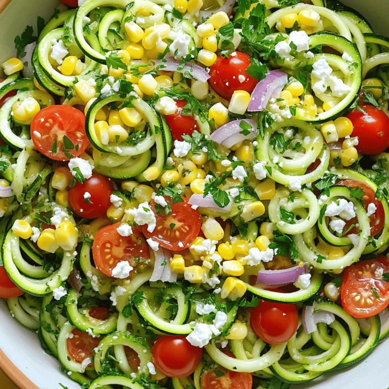 - 2 medium zucchinis - 1 cup cherry tomatoes, halved - 1 red bell pepper, diced - 1/2 cup corn kernels - 1/4 cup feta cheese, crumbled - 2 tablespoons extra virgin olive oil - 1 tablespoon freshly squeezed lemon juice - Salt and freshly ground black pepper to taste - 1/2 teaspoon garlic powder - 1/4 teaspoon crushed red pepper flakes (optional) - Fresh parsley, finely chopped - Additional cheese options (e.g., goat cheese, parmesan) - Other vegetables (cucumbers, carrots, etc.) When I make zucchini noodle salad, I love to start with these fresh ingredients. The zucchinis serve as the base, and they add a nice crunch. I like to spiralize the zucchinis for fun, curly noodles. You can also use a peeler for thin ribbons if you don’t have a spiralizer. Cherry tomatoes bring sweet bursts of flavor. I always halve them for even bites. The red bell pepper adds color and crunch. Corn kernels add a sweet taste and texture. Feta cheese gives a lovely creaminess and tang. For the dressing, I mix olive oil and lemon juice. These two ingredients create a bright flavor. I add salt, black pepper, and garlic powder for extra taste. If you want a kick, toss in crushed red pepper flakes. You can also customize the salad. Adding fresh parsley gives a fresh taste. You can use goat cheese or parmesan for a different cheese flavor. Feel free to add other veggies like cucumbers or carrots. This base recipe is versatile, and it’s easy to change according to your tastes. For the full recipe, check the complete guide! Start by spiralizing the zucchinis. Use a spiralizer to create long zoodles. If you don’t have one, you can use a vegetable peeler. This will give you thin, long ribbons. Next, place the zoodles in a mixing bowl. Sprinkle them with a pinch of salt. Let them sit for about 10 minutes. This helps to draw out extra moisture. After 10 minutes, gently pat the zoodles dry with a paper towel. In the bowl with the zucchini noodles, add the other ingredients. Toss in the halved cherry tomatoes, diced red bell pepper, corn, red onion, crumbled feta, and chopped parsley. Use a spatula to mix everything gently. In a separate bowl, prepare the dressing. Whisk together olive oil, lemon juice, garlic powder, salt, black pepper, and red pepper flakes. This dressing brings all the flavors together. Now, drizzle the dressing over your salad mixture. Carefully toss everything until well mixed. Taste the salad and adjust the flavors. Add more salt, pepper, or lemon juice if needed. You can serve it right away for a fresh taste. For even better flavor, let it chill in the fridge for 15-30 minutes. This salad is great for any meal. For the full recipe, refer to the complete list of ingredients and instructions. Choosing the right zucchini When picking zucchinis, choose firm ones with shiny skin. Look for medium-sized zucchinis. They are ideal for making noodles. Avoid zucchinis with soft spots or blemishes. Fresh zucchinis yield the best taste. Tips for spiralizing without a spiralizer If you don’t have a spiralizer, use a vegetable peeler. Start at one end of the zucchini and peel long ribbons. Turn the zucchini as you peel to create even strips. This method gives you nice, thin noodles that still taste great. Suggested herbs and spices to elevate taste Fresh herbs like basil and mint add a burst of flavor. You can also try dill for a different twist. Sprinkle in some oregano for a Mediterranean vibe. A pinch of garlic powder brings out the flavors too. Adjusting acidity and salt Taste your salad as you mix. If it feels flat, add more lemon juice. This brightens the flavors. If it needs depth, try adding a little more salt. Balance is key for a flavorful dish. Serving in unique bowls Choose a large, shallow bowl for a beautiful presentation. This allows the colors of the salad to shine. You can also use rustic wooden bowls for a homey feel. It makes the salad look even more inviting. Additional garnishes for visual appeal Garnish with extra parsley or feta for a pop of color. Even a few whole cherry tomatoes around the edge looks stunning. Use colorful plates to make the dish stand out. A little creativity goes a long way in making your salad eye-catching. {{image_4}} You can change the taste of your zucchini noodle salad with various dressings. For an Asian twist, try a dressing made from soy sauce and sesame oil. This adds a nice, savory flavor. You can also make creamy dressings. Use yogurt or tahini for a rich texture. Both options will keep your salad fresh and exciting. Want to make your salad heartier? Adding protein is a great choice. Grilled chicken or shrimp works well. For a plant-based option, use tofu. It absorbs flavors nicely and adds a good texture. You can try marinating the proteins in your favorite sauce for even more flavor. Make your salad unique by adding seasonal vegetables. In summer, throw in some fresh corn, or in fall, add roasted butternut squash. You can also use leftovers creatively. If you have extra veggies from dinner, toss them in. This not only cuts waste but also makes each salad special. For a full recipe, check out the details above. To keep your zucchini noodle salad fresh, store it in an airtight container. Place it in the fridge right after serving. The salad stays fresh for about 2 to 3 days. You may notice the zoodles release water, so enjoy it within this time frame for the best taste. You can prepare the ingredients ahead of time. Spiralize the zucchinis and chop the veggies a day in advance. Keep them in separate containers in the fridge. This way, you can quickly assemble the salad right before serving. This keeps your meal fresh and crunchy. Can you freeze zucchini noodles? Yes, but they lose their texture when thawed. It’s best not to freeze the salad. If you have leftovers, use them in a stir-fry or a soup. This way, you won’t waste any delicious food. For the best taste, enjoy the salad fresh! Zucchini is low in calories and high in water. This makes it great for hydration. It also has fiber, which helps your digestion. Here are some key benefits: - Rich in Nutrients: Zucchini contains vitamins A and C, which boost your immune system. - Low in Carbs: It is a smart choice for low-carb diets. - Heart Health: The potassium in zucchini supports healthy blood pressure levels. - Weight Management: Its high fiber content keeps you full longer, aiding in weight control. Yes, you can use store-bought zucchini noodles. They save time and effort. Here are some pros and cons: - Pros: - Quick and easy; no need to spiralize. - Consistent shape and size. - Cons: - They may have extra preservatives. - Freshness can vary; some brands are soggy. Zucchini Noodle Salad lasts about 2-3 days in the fridge. To keep it fresh: - Store it in an airtight container. - Avoid adding the dressing until you are ready to eat. This keeps the salad crunchy. Yes, you can serve this salad warm. To make it warm: - Sauté the zucchini noodles in a pan for a few minutes. - Add your other ingredients after cooking. - Toss everything together with the dressing. Warm salads can be comforting and delicious! For the full recipe, check out the Zesty Zucchini Noodle Salad section. Zucchini Noodle Salad is fresh, healthy, and easy to make. We covered key ingredients, like zucchinis and cherry tomatoes, plus tasty dressings and fun add-ins. I showed you how to prepare, mix, and serve this dish perfectly. Remember, you can adjust flavors and try new variations, like different dressings or proteins. Enjoy this versatile salad with your favorite toppings, and make it your own. It's not just a meal; it's a great way to eat more veggies!