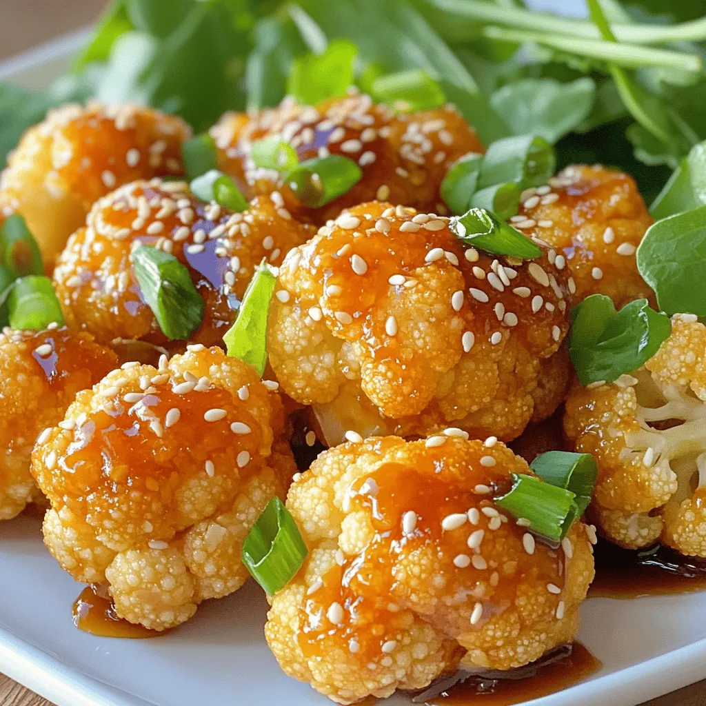- 1 large head of cauliflower, cut into bite-sized florets - 1 cup all-purpose flour - 1/2 cup cornstarch - 1/2 teaspoon garlic powder - 1/2 teaspoon onion powder - 1/2 teaspoon salt - 1/4 teaspoon black pepper - 1 cup water (adjust as needed for batter consistency) - 1/4 cup soy sauce - 1/4 cup honey or maple syrup - 2 tablespoons sesame oil - 2 tablespoons rice vinegar - 1 tablespoon sriracha (optional) - 1 tablespoon freshly grated ginger - 2 cloves garlic, minced - 1 tablespoon sesame seeds - Chopped green onions for garnish To make sticky sesame cauliflower, start with fresh cauliflower. Cut it into small florets for even cooking. Use a large mixing bowl to prepare the batter. Combine the flour, cornstarch, garlic powder, onion powder, salt, and black pepper. Mix these dry ingredients well. Add water slowly while whisking. Adjust the water until the batter is smooth. It should coat the cauliflower well. For the sticky sauce, you need soy sauce, honey or maple syrup, and sesame oil. Rice vinegar adds a nice tang. If you like heat, add sriracha. Fresh ginger and minced garlic bring depth to the sauce. Sprinkle in sesame seeds for crunch. Chopped green onions make a great topping. This recipe is simple and fun. You can find the full recipe above to make it at home! - Combine the dry ingredients in a bowl. You need flour, cornstarch, garlic powder, onion powder, salt, and black pepper. - Gradually mix in water until the batter is smooth. It should be thick enough to coat the cauliflower. - Dip each cauliflower floret into the batter evenly. Make sure they are all well-coated for crunch. - Heat oil in a pan to the right temperature. You want it hot, but not smoking. - Fry the battered florets until golden brown. This takes about 4-5 minutes per batch. - Drain the fried florets on paper towels. This helps remove excess oil. - Simmer the sauce ingredients in a saucepan. Use soy sauce, honey or maple syrup, sesame oil, rice vinegar, ginger, and garlic. - Stir constantly until thickened. This should take about 4-5 minutes. - Toss the fried florets in the sticky sauce. Make sure each piece is coated well. - Transfer to a platter. Garnish with sesame seeds and chopped green onions. This makes it look bright and appealing. To see all the steps in detail, check out the Full Recipe for Sticky Sesame Cauliflower. To get that perfect crunch on your sticky sesame cauliflower, you need to focus on the batter. Adjust the batter consistency by adding more water if it feels too thick. A thinner batter helps create a lighter coating. When frying, avoid overcrowding the pan. Fry in small batches. This keeps the oil hot and helps each floret fry evenly. You can easily boost the flavor of this dish. Try adding extra spices like paprika or cayenne for a kick. Fresh herbs like cilantro or basil can also brighten the dish. Always use fresh ingredients for the sauce. Fresh ginger and garlic enhance the sauce's brightness and taste. Presentation matters! Use a colorful platter to serve your sticky sesame cauliflower. It makes the dish pop and looks inviting. Drizzle any remaining sauce over the top for extra visual appeal. This makes the dish not only tasty but beautiful as well. For the full recipe, check out the complete guide! {{image_4}} You can make this dish vegan by swapping honey for maple syrup. Maple syrup gives the sauce a sweet flavor and keeps it plant-based. This change makes the dish friendly for everyone. Plus, it adds a unique twist to the taste. If you like heat, add more sriracha or chili flakes to the sauce. This gives the dish a fiery kick. You can start with a little and taste as you go. Adjust to your liking for the best balance of flavors. For a fun crunch, sprinkle crushed peanuts or cashews on top. These toppings add texture and flavor to your meal. They also make the dish more visually appealing. You can mix and match to find your perfect combo. Store your sticky sesame cauliflower in an airtight container in the fridge. This keeps it fresh and tasty. It should last for about three days. If you want to keep the crunch, don’t stack the cauliflower too high. This helps avoid sogginess. To get the best texture when reheating, use the oven. Preheat your oven to 350°F (175°C). Place the cauliflower on a baking sheet. Heat it for about 10-15 minutes. This way, it stays crispy and delicious. Avoid using the microwave as it can make the cauliflower soft. You can freeze uncooked battered cauliflower for later frying. Make sure to coat it well in the batter. Place the florets on a baking sheet in a single layer. Freeze them until solid, then move them to a freezer bag. This way, you can fry them fresh when you're ready. Just add a few extra minutes to the frying time. Enjoy them crispy and hot! Yes, but adjust cooking times accordingly. Frozen cauliflower cooks faster than fresh. Start with shorter frying times. Check for crispiness before removing. Substitute all-purpose flour with a gluten-free flour blend. Many brands work well. Just ensure your blend has a good binding agent. This keeps the batter consistent. Yes, adjust cooking times and follow your air fryer instructions. Air frying gives a nice crunch with less oil. Start with about 10 minutes, checking for doneness. Pair with rice, stir-fried vegetables, or noodles for a complete meal. These sides complement the flavors well. You can also add a fresh salad for balance. This sticky sesame cauliflower recipe is simple and fun to make. Start with fresh cauliflower and a tasty batter. Fry until golden for the right crunch, then toss in a sweet and spicy sauce. You can also switch ingredients for vegan or spicy options. With these tips and ideas, you'll serve a dish that pleases everyone. Enjoy your tasty creation and let your cooking shine!
