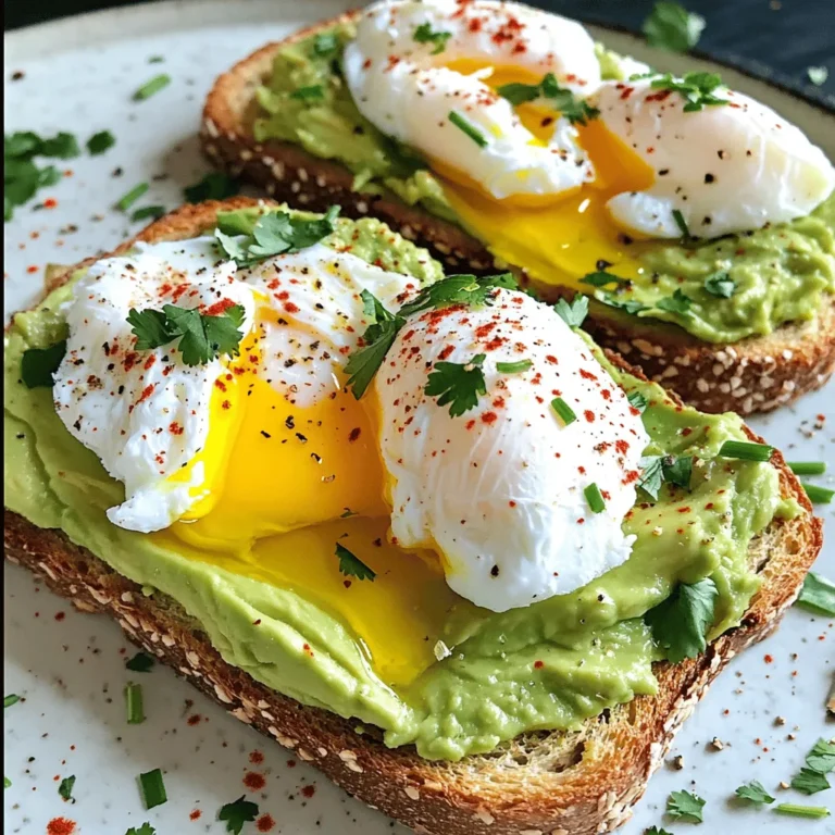- Slices of whole-grain bread - Ripe avocado - Large eggs - Freshly squeezed lemon juice - Garlic powder - Salt and freshly ground black pepper - Extra virgin olive oil - Red pepper flakes (optional) - Fresh herbs for garnish Using fresh ingredients makes a big difference in taste. Whole-grain bread adds fiber and flavor to the meal. Choose ripe avocados, as they are creamy and easy to mash. When you pick avocados, gently press them. If they yield slightly, they are ripe. For the eggs, large eggs work best. They fit nicely on the toast and cook well. Freshly squeezed lemon juice adds a bright flavor to the avocado. Garlic powder gives a subtle kick, while salt and pepper enhance all the flavors. Extra virgin olive oil adds richness. It also makes the dish look tantalizing. If you like a bit of heat, red pepper flakes are a fun touch. Finally, use fresh herbs like cilantro or chives to bring color and freshness to your plate. For the complete process, check out the Full Recipe. Toasting the bread is the first step. I like to use whole-grain bread for its nutty flavor. You can toast it in a toaster or a skillet. Aim for 3-5 minutes until it’s golden brown. Check often to avoid burning. Next, let’s prepare the avocado. Cut it in half and remove the pit. Scoop the flesh into a bowl. Use a fork to mash it until creamy. I like to add a tablespoon of lemon juice and a pinch of garlic powder. This adds a nice flavor. Mix it well and season with salt and pepper. Now it's time to poach the eggs. Fill a medium saucepan with water and heat it until it simmers. Crack each egg into a small bowl. Use a spoon to stir the water and create a whirlpool. This helps the eggs stay together. Gently slide the eggs into the water. Poach them for 3-4 minutes for runny yolks. Once the eggs are done, it’s time to assemble. Take your toasted bread and spread the avocado mixture generously on top. Then, carefully place one poached egg onto each slice. Center the egg for a nice look. To finish, drizzle a bit of extra virgin olive oil over the eggs. You can sprinkle red pepper flakes for some heat. Finally, add freshly chopped herbs like cilantro or chives for a pop of color. Enjoy this simple yet tasty meal! For detailed ingredient lists and full instructions, check the Full Recipe. To make poached eggs, start with fresh eggs. Fresh eggs hold their shape better. Next, heat water in a saucepan until it simmers. Avoid boiling. Create a gentle whirlpool with a spoon. This helps the egg white wrap around the yolk. Gently slide the egg in. Cook for 3-4 minutes for runny yolks. For firmer yolks, cook a bit longer. Common mistakes include using water that is too hot. This can break apart the egg. Also, avoid adding salt to the water. Salt can cause the egg whites to spread out. A ripe avocado is key for creamy toast. Look for avocados that feel slightly soft when you press them. If they are hard, they need more time to ripen. You can speed this up by placing them in a brown paper bag. Once ripe, store them in the fridge to slow down the ripening. When cutting, use a sharp knife to slice down to the pit. Twist to separate the two halves. Use a spoon to scoop out the flesh easily. To complement your avocado toast, consider adding a side salad. A light green salad with lemon dressing works well. You can also serve it with fresh fruit like berries or melon. For drinks, a fresh juice or herbal tea pairs nicely. A light coffee can also complement the meal. The goal is to balance the rich flavors of the avocado and egg. For the complete recipe, check out the Full Recipe. {{image_4}} You can easily make avocado toast gluten-free. Start by choosing gluten-free bread. Many stores offer a variety of options. Look for bread made from almond flour or brown rice. These choices give you a nice texture. If you want a vegan version, skip the eggs. Use tofu instead. Silken tofu works well. It has a creamy texture. You can also add sliced tomatoes or radishes for a fresh taste. Another option is to use hummus as a spread. It adds flavor and protein. To make your toast even tastier, think about unique toppings. Feta cheese crumbles add a salty kick. Smoked salmon brings a rich flavor. You can also try seasonal toppings like sliced peaches in summer or roasted pumpkin in fall. Each topping offers a new twist to your avocado toast. For more ideas, check the Full Recipe. Storing leftover avocado toast can be tricky. Avocado turns brown quickly. If you have extra toast, wrap it tightly in plastic wrap. This helps to keep air out. You can also put it in an airtight container. Store it in the fridge for up to 24 hours. Toast may lose its crunch, but it remains tasty. Keeping avocados fresh requires some care. Choose avocados that are firm but yield slightly to pressure. To slow browning, use lemon juice. Coat the exposed flesh with lemon juice. You can also store halved avocados in an airtight container with the pit in. This method helps maintain freshness longer. If an avocado ripens too fast, store it in the fridge to slow down the process. Reheating avocado toast needs a gentle touch. To bring back some crispness, place the toast in a toaster for a minute. You can also use an oven. Preheat it to a low setting and warm the toast for a few minutes. Avoid the microwave, as it makes the toast soggy. If you want the egg warm, place it on the toast just before serving. This keeps the dish enjoyable without losing quality. For the full recipe, check out the [Full Recipe]. For avocado toast, whole-grain bread is my top choice. It offers a hearty texture and nutty flavor. Sourdough also works well. Its tang complements the avocado nicely. Rye bread adds a unique taste and is rich in fiber. You can even use gluten-free options if needed. Just look for bread with good structure. This helps support the toppings without getting soggy. To achieve firmer poached eggs, simply increase the cooking time. Aim for 5 to 6 minutes for a firmer yolk. Start by bringing water to a gentle simmer. Creating a whirlpool helps the egg whites wrap around the yolk. You can add a splash of vinegar to the water. This will help the egg whites set faster. If you desire a less runny yolk, keep a close eye on the clock. Yes, you can prep some parts of this recipe ahead of time. Toast the bread and store it in an airtight container. You can also mash the avocado and keep it in the fridge. Just squeeze some lemon juice over it to prevent browning. Poach the eggs right before serving. This keeps them warm and fresh. Enjoy your avocado toast with poached egg as a quick meal any time! For the full recipe, check out the earlier sections. This article covers everything you need to make perfect avocado toast. We discussed the key ingredients, from fresh avocados to poached eggs. You learned the step-by-step process for toasting bread, mashing avocados, and poaching eggs. We shared tips for selecting ripe avocados and achieving the perfect poached egg. Don't forget to explore variations and storage tips to keep your toast fresh. Whether you enjoy it vegan or with extra toppings, avocado toast can be tasty and satisfying. Enjoy creating your delicious meals!