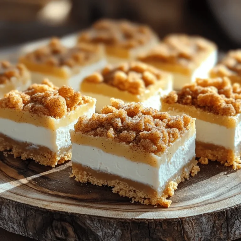 - 16 oz cream cheese, softened to room temperature - 3/4 cup granulated sugar - 1 teaspoon vanilla extract - 2 large eggs - 1/4 cup sour cream - 1 cup all-purpose flour - 1/4 teaspoon baking powder - 1/4 teaspoon baking soda - 1/2 teaspoon ground cinnamon - 1/4 teaspoon salt - 1/2 cup unsalted butter, melted - 1/2 cup packed brown sugar - 1 tablespoon ground cinnamon (for the topping) - 1/4 cup granulated sugar (for finishing) The ingredients are key to making these churro cheesecake bars a hit. For the cheesecake layer, you need cream cheese, sugar, vanilla, eggs, and sour cream. The cream cheese gives the bars their rich, creamy texture. The sugar adds sweetness, while the vanilla brings out the flavors. Sour cream adds a nice tang. For the churro crust and topping, you will need flour, baking powder, baking soda, cinnamon, salt, melted butter, and brown sugar. The flour forms the base. The baking powder and baking soda help the crust rise. Cinnamon gives that classic churro taste. Brown sugar adds a deep sweetness. This mix of flavors makes the bars unique. You can find the full recipe for detailed steps. Enjoy making these tasty treats! - Set the oven to 350°F (175°C). - Prepare an 8x8-inch baking pan with parchment paper. First, we need to make the churro crust. Start by whisking the dry ingredients in a bowl. Combine 1 cup of all-purpose flour, 1/4 teaspoon baking powder, 1/4 teaspoon baking soda, 1/2 teaspoon ground cinnamon, and 1/4 teaspoon salt. In another bowl, mix 1/2 cup melted unsalted butter with 1/2 cup packed brown sugar. Stir until smooth. Then, add the dry mix to the wet mix. Keep stirring until you form a soft dough. Now, let's make the cheesecake filling. In a large bowl, beat 16 oz of softened cream cheese with 3/4 cup granulated sugar until smooth. Next, add 1 teaspoon of vanilla extract and 2 large eggs, one at a time. Mix well after each egg. Finally, blend in 1/4 cup of sour cream until the filling is creamy. It’s time to bake! Take about two-thirds of the churro dough and press it evenly into the bottom of your pan. Bake this crust for 10-12 minutes until the edges turn golden brown. Pour the cheesecake filling over the baked crust. Crumble the remaining dough on top. Bake for another 25-30 minutes until the cheesecake is set and looks cracked on top. After baking, let the bars cool completely in the pan. Chill them in the fridge for at least 2 hours. When they are cold, lift the bars out using the parchment paper. Cut them into squares. Enjoy these delicious churro cheesecake bars! For the full recipe, see the previous section. Using room temperature ingredients is key. When your cream cheese warms up, it mixes better. Cold cream cheese can lead to lumps. This makes your cheesecake dense and less creamy. When mixing, use a hand mixer or stand mixer. Start on low speed, then increase. Mix just until smooth. Overmixing adds too much air, which can cause cracks during baking. To check if your cheesecake is done, look for slight cracks on the surface. A gentle jiggle in the center is fine. If it wobbles too much, it needs more time. Avoid overbaking. This can make your cheesecake dry. Keep an eye on the timer. You want a smooth, creamy texture that feels soft but set. Top your bars with whipped cream or chocolate sauce. Fresh fruit also adds a nice touch. Try sliced strawberries or a berry compote for a burst of flavor. Beverages can enhance the experience. Serve with coffee or a sweet dessert wine. A glass of cold milk works well, too. These drinks balance the sweetness of the bars perfectly. For the full recipe, check out the detailed instructions above. Enjoy your baking! {{image_4}} You can easily change the flavor of your cheesecake. Adding fruit purées or extracts gives it a fresh twist. For example, mix in pureed strawberries or raspberries for a fruity touch. You can also use a few drops of almond or lemon extract for a different flavor kick. Another fun way to switch things up is by swapping flavors. Try chocolate instead of plain cheesecake. Just melt some chocolate and mix it with the cream cheese. You can also recreate fall vibes by using pumpkin puree and pumpkin spice. The options are endless! If you want to try a different crust, there are several tasty options. A graham cracker crust adds a classic crunch. Simply crush the crackers and mix them with melted butter. If you're a fan of chocolate, an Oreo crust will make your dessert extra special. Just crush the cookies and mix them with melted butter for a sweet base. For those who need gluten-free options, almond flour or gluten-free cookie crumbs work well. You can easily make a delicious gluten-free crust that everyone can enjoy! You can also make churro cheesecake bars to fit different diets. For a vegan option, swap cream cheese for a plant-based alternative and use flax eggs instead of regular eggs. You can find many great dairy-free cream cheese brands that work perfectly. If you want a low-sugar version, use a sugar substitute. Look for options like stevia or erythritol. These substitutes can keep your bars sweet without the extra sugar. For the full recipe, check out the sections above! To keep your churro cheesecake bars fresh, use an airtight container. This will help keep them moist. I recommend placing parchment paper between layers to avoid sticking. Store the bars in the fridge. They will stay good for about a week. If you want to freeze these bars, start by cutting them into squares. Use a freezer-safe container. Place parchment paper between layers to prevent them from sticking. For the best taste and texture, eat them within three months. To thaw, place them in the fridge overnight. This keeps them from getting too soggy. In the fridge, your churro cheesecake bars will last about one week. If you see any signs of spoilage, like mold or an off smell, throw them away. Always check before eating to ensure they are still good. Yes, you can use low-fat cream cheese. It makes the bars lighter. However, the flavor and texture may change. The cheesecake might be less creamy and rich. If you want the full taste, stick with regular cream cheese. Look for a few signs to know when they are done. The edges should look set, but the center may still jiggle slightly. You can also check for cracks on the surface. These cracks show that the cheesecake is baked just right. Yes, you can make Churro Cheesecake Bars ahead of time. Bake them and let them cool. Then, store them in the fridge. They taste great after chilling for a few hours or even overnight. This can help the flavors blend better. You can use Greek yogurt as a great substitute for sour cream. It has a similar tangy taste and creamy texture. You can also use buttermilk or cream cheese. Keep in mind, these may change the flavor a bit. The original recipe is not gluten-free. To make them gluten-free, use a gluten-free flour mix. This will help keep the texture and taste great. Always check labels to ensure other ingredients are gluten-free. Serve Churro Cheesecake Bars chilled for the best taste. You can cut them into squares and arrange them on a plate. Add a sprinkle of cinnamon sugar on top for flair. Pair them with whipped cream or fresh berries for a fun touch. For even more flavor, try a drizzle of chocolate sauce or caramel. Enjoy these sweet treats with friends and family! In this post, we explored how to make delicious Churro Cheesecake Bars. We covered the key ingredients, step-by-step instructions, helpful tips, and variations. Remember, using room temperature ingredients is crucial for a silky cheesecake. You can switch flavors to make it your own or opt for gluten-free options. These bars are perfect for sharing or enjoying at home. With these simple steps, you can delight friends and family with an amazing treat. Enjoy baking, and don't be afraid to get creative!