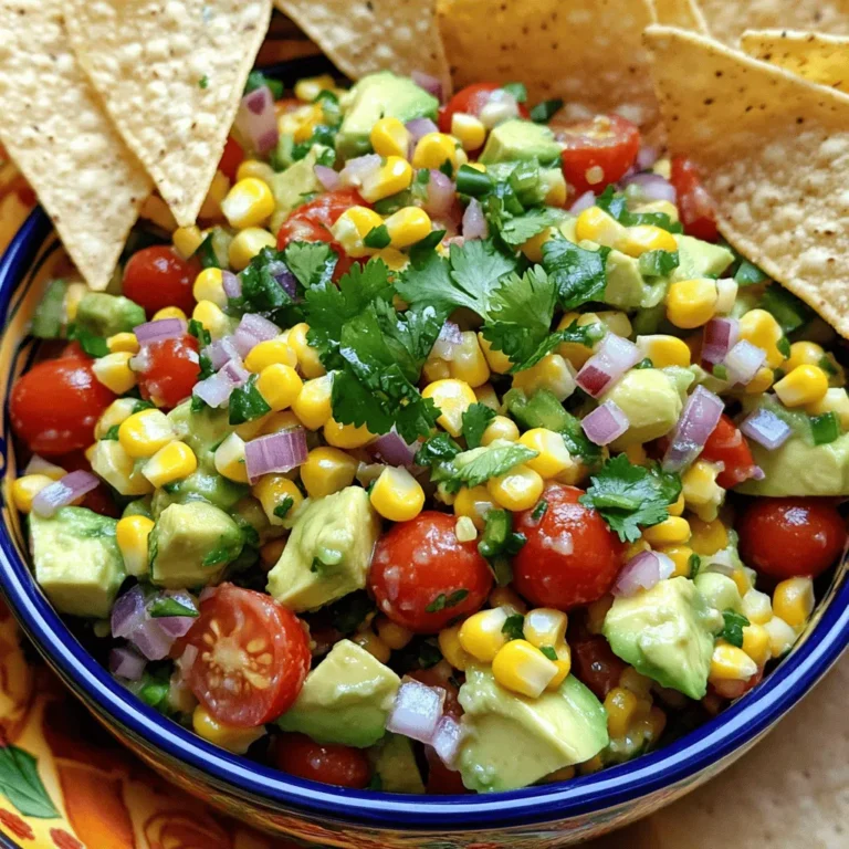 - Ripe avocados - Sweet corn - Cherry tomatoes - Red onion - Jalapeño pepper - Fresh limes - Fresh cilantro - Salt and pepper - Smoked paprika (optional) Choosing the right ingredients is key to a great dish. Start with ripe avocados. They should feel slightly soft when you gently press them. A good avocado adds creaminess to the salsa. Next, select sweet corn. Fresh corn on the cob is best, but canned corn works too. If you use canned corn, drain it well. Fresh corn has a crisp bite that enhances the texture. Cherry tomatoes add a burst of flavor and color. Look for bright, firm tomatoes. They should be juicy and sweet. Slice them in half for easy mixing. Red onion gives a nice crunch and mild flavor. Pick a small onion for this recipe. Chop it finely so it blends well with other ingredients. If you like a kick, add a jalapeño pepper. Remove the seeds for less heat. Mince it finely to spread the spice evenly. Adjust the amount to suit your taste. Fresh limes are a must for bright flavor. Squeeze the juice right before mixing to keep it fresh. You can also use bottled lime juice, but fresh tastes best. Cilantro brings freshness to this recipe. Choose bright green, fragrant leaves. Chop it finely to mix well with the other ingredients. Season your salsa with salt and pepper to taste. Adjust these based on your preference. Smoked paprika adds a nice touch if you want a hint of smokiness. In summary, gathering fresh and quality ingredients makes your Zesty Avocado Corn Salsa shine. For the full recipe, check out the links provided. 1. Start with a large bowl. Add the diced avocados, sweet corn, halved cherry tomatoes, and chopped red onion. Use a spatula to combine them gently. You want to keep the avocado chunks intact. 2. Now, it’s time for some heat! Add the minced jalapeño. Adjust the amount based on how spicy you like it. If you want a mild salsa, use less. 3. Squeeze the juice of two fresh limes over the mixture. Gently fold everything together. This step adds a bright flavor and keeps the avocados fresh. 4. Next, mix in the chopped cilantro. Season with salt, freshly ground black pepper, and smoked paprika if you want a smoky flavor. Taste and adjust the seasoning to your liking. 5. Let the salsa sit for about 10 minutes. This resting time allows the flavors to blend nicely. - Serve this vibrant salsa in a colorful bowl. A ceramic or glass bowl works well. - For an attractive touch, garnish with a sprig of cilantro and a lime wedge. - Enjoy it with crispy tortilla chips. This combination makes for a perfect snack or side dish. For the complete recipe, check the [Full Recipe]. To make your salsa even better, adjust the seasoning to fit your taste. Start with salt and pepper. Add more if needed. You can also try extra herbs. Fresh parsley or basil can add a nice twist. If you want more heat, add more jalapeño. You can also use other spices. A pinch of cumin or coriander can bring new life to your salsa. To keep your avocados green, store them with the pit. You can also spritz some lime juice on them before mixing. This helps slow browning. Once you mix your salsa, cover it tightly with plastic wrap. Press the wrap against the surface. This cuts off air and helps keep it fresh. If you do see browning, a quick stir will help mix things up again. Enjoy your Zesty Avocado Corn Salsa at its best! {{image_4}} You can give your Zesty Avocado Corn Salsa a kick by adding more jalapeño. If you love heat, try using different peppers too, like serrano or habanero. Each pepper brings its own unique flavor. You can also add spices like cumin or coriander for warmth and depth. These spices enhance the taste and make your salsa stand out. Don’t hesitate to swap ingredients based on your taste. You can use black beans or chickpeas instead of corn for added protein. Mixing in different veggies, like bell peppers or diced cucumbers, also works well. If you're not a fan of cilantro, try fresh parsley or basil. These changes can create a whole new flavor profile while keeping the dish fresh and exciting. For the full recipe, check out Zesty Avocado Corn Salsa. To keep your leftover salsa fresh, use an airtight container. Glass or plastic containers work well. Make sure to press a piece of plastic wrap directly on top of the salsa before sealing the lid. This method helps prevent air from getting in and keeps the flavors intact. Store the salsa in the refrigerator right after serving. If you leave it out for more than two hours, it is best to toss it. The cold will help keep your salsa tasting great. Zesty avocado corn salsa can last in the fridge for about 3 to 5 days. After that, the taste and texture may change. You can tell if the salsa is bad by looking for a change in color or a sour smell. If the avocados turn brown or mushy, it’s time to say goodbye to your leftovers. Always trust your senses. If it looks or smells off, do not eat it. Keeping track of your salsa's freshness helps you enjoy this tasty dish to the fullest. For the full recipe, check out the Zesty Avocado Corn Salsa section. To prevent browning, use lime juice right away. The acid from the lime slows down oxidation. You can also keep the pit of one avocado in the salsa. This can help keep it fresh longer. Cover the salsa tightly with plastic wrap, pressing it to touch the surface. This minimizes air exposure. Yes, you can make this salsa ahead of time. It tastes great after sitting for a bit. However, to keep the avocado fresh, add it just before serving. You can mix all other ingredients and chill them. Then, fold in the avocado right before you enjoy it. This salsa pairs well with many foods. You can serve it with grilled chicken or fish. It also works great as a topping for tacos or burritos. Try it with quesadillas or even on a salad for a fresh twist. You can freeze avocado salsa, but the texture may change. To freeze, scoop the salsa into a freezer-safe bag. Remove as much air as possible. When ready to eat, thaw it in the fridge overnight. Note that the avocado may become mushy, so it’s best to use it in cooked dishes or as a spread. For fresh taste, check out the Full Recipe. In this blog post, we explored fresh ingredients for a delicious salsa. We discussed how to pick ripe avocados, and the right veggies to use. You learned step-by-step instructions for making your salsa and tips for storage. Remember, you can adjust the flavors to suit your taste. Use these ideas to create your perfect Zesty Avocado Corn Salsa. Enjoy it fresh, and get creative with variations to keep things exciting!