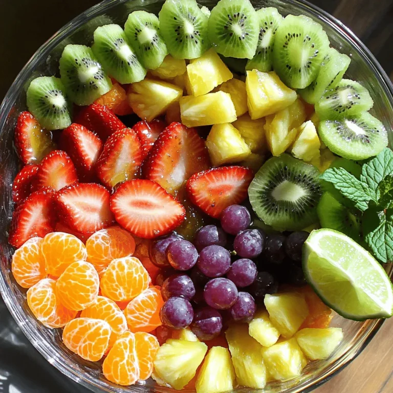 - 1 cup strawberries, hulled and sliced - 1 cup oranges, segmented - 1 cup fresh pineapple, diced - 1 cup kiwi, peeled and sliced - 1 cup blueberries - 1 cup green grapes, halved - 1 cup purple grapes, halved - 2 tablespoons honey - 1 tablespoon fresh mint leaves, finely chopped - Juice of 1 lime - Quantity of servings: 6 - Recommended garnishes: additional mint leaves and lime wedges The ingredients for this Rainbow Fruit Salad bring joy to your table. Each fruit shines with color and flavor. Strawberries offer a bright red hue. Oranges add a vibrant orange splash. Fresh pineapple brings a sunny yellow tone. Kiwi adds a refreshing green. Blueberries contribute deep blue, while grapes provide a lovely purple finish. For the dressing, I use honey to add natural sweetness. Fresh mint leaves bring a burst of flavor. A squeeze of lime juice brightens the taste and ties everything together. This salad serves six, perfect for sharing. Top it with extra mint leaves and lime wedges for a fun touch. Each bite is a colorful delight, making it a feast for both the eyes and the palate. For the full recipe, click here. 1. Begin with the strawberries. Hull them and slice into thin pieces. 2. Next, segment the oranges into juicy wedges. 3. For the pineapple, dice it into bite-sized cubes. 4. Peel and slice the kiwi into rounds. 5. Finally, halve the green and purple grapes. 1. Take a large mixing bowl. 2. Combine all your prepared fruits in the bowl. 3. Use gentle stirring to mix everything together. 4. Be careful not to bruise the fruits. 1. In a small bowl, whisk together the honey, lime juice, and mint leaves. 2. Make sure the dressing has a smooth consistency. 1. Drizzle the dressing over the mixed fruit. 2. Gently toss the fruit and dressing together. 3. Let the salad sit for about 10 minutes. This helps the flavors meld. 1. Present your colorful fruit salad in a decorative bowl or in cups. 2. For a lovely display, add extra mint leaves and lime wedges. 3. You can layer the fruits in a clear bowl for a stunning look. Follow the Full Recipe for a complete guide! To make your Rainbow Fruit Salad even better, you can add extra ingredients. Consider mixing in coconut flakes for a tropical twist or nuts for crunch. If you want a sweeter dressing, add more honey. For a tangy taste, squeeze in more lime juice. These small changes can boost the salad's flavor. For a stunning look, use clear glass bowls. This helps show off the colorful layers of fruit. You can also garnish the top with mint leaves or lime wedges. These simple touches make your salad more appealing and fun to eat. If you want to make your salad ahead of time, it’s easy. Prepare the fruits a few hours before serving. Store them in the fridge in separate containers. This keeps them fresh and crisp. Just mix them together with the dressing right before serving for the best taste. For the full recipe, check the earlier section. {{image_4}} To make a tropical version, swap in mango and papaya. These fruits add sweetness and a new texture. You can also try adding bananas for creaminess. This mix will give your salad an island vibe. The bright colors of tropical fruits will make it even more appealing. If you love berries, focus on a berry-heavy mix. Combine strawberries, blueberries, and raspberries for a burst of flavor. You can add blackberries, too, for a richer taste. This variation is perfect for summer. The tartness of berries contrasts nicely with sweeter fruits. Using seasonal fruits can enhance freshness. In spring, try adding cherries and peaches. In fall, apples and pears can give a cozy feel. Adjusting your fruit choices keeps your salad exciting. Each season brings new tastes and colors to enjoy. After making your Rainbow Fruit Salad, store it in an airtight container. This keeps it fresh and flavorful. In the fridge, it will last about 2 to 3 days. If you notice excess liquid, drain it before serving. This way, your salad stays crisp and delicious. Some fruits freeze well, while others do not. Strawberries, blueberries, and pineapple are great for freezing. Kiwi and grapes often get mushy after thawing. When using frozen fruits, let them thaw in the fridge overnight. Use them in smoothies or as toppings for yogurt or oatmeal. If you have leftover salad, don’t worry! You can transform it into fun snacks. Mix it into yogurt or serve it over pancakes. You can also blend it into a smoothie for a quick drink. Another idea is to make fruit popsicles. Just blend the leftovers and freeze them in molds! Yes, you can prepare Rainbow Fruit Salad in advance. I suggest cutting the fruit a few hours before serving. Keep the fruits in separate bowls to avoid sogginess. Mix them just before serving. This method keeps the salad fresh and vibrant. If you need to prepare it the night before, store it in the fridge. Use an airtight container for best results. No, you do not need to use all the fruits. Feel free to swap fruits based on your taste or what you have at home. For example, if you dislike kiwi, replace it with mango. You can also add fruits like peaches or cherries for variety. The key is to maintain the colorful look and tasty flavors. To prevent browning, use lemon or lime juice. Squeeze a little over cut fruits like apples or bananas. The acid slows down oxidation, keeping your salad looking fresh. Another option is to store the fruits whole until just before serving. This way, they stay crisp and colorful longer. Yes, adding protein can make the salad more filling. Greek yogurt is a great choice. It adds creaminess and pairs well with fruit. You can also sprinkle nuts like almonds or walnuts for a crunchy texture. Both options enhance the flavor and nutrition of your Rainbow Fruit Salad. In this article, we covered how to make a fresh Rainbow Fruit Salad. We explored the right fruits, a simple dressing, and expert tips for flavor and presentation. You can create delicious variations and even store leftovers wisely. Remember, this salad is not just about taste; it also brings bright colors to your table. Enjoy the fun of mixing fruits and don’t hesitate to try your own ideas. The key is to experiment and make it your own!