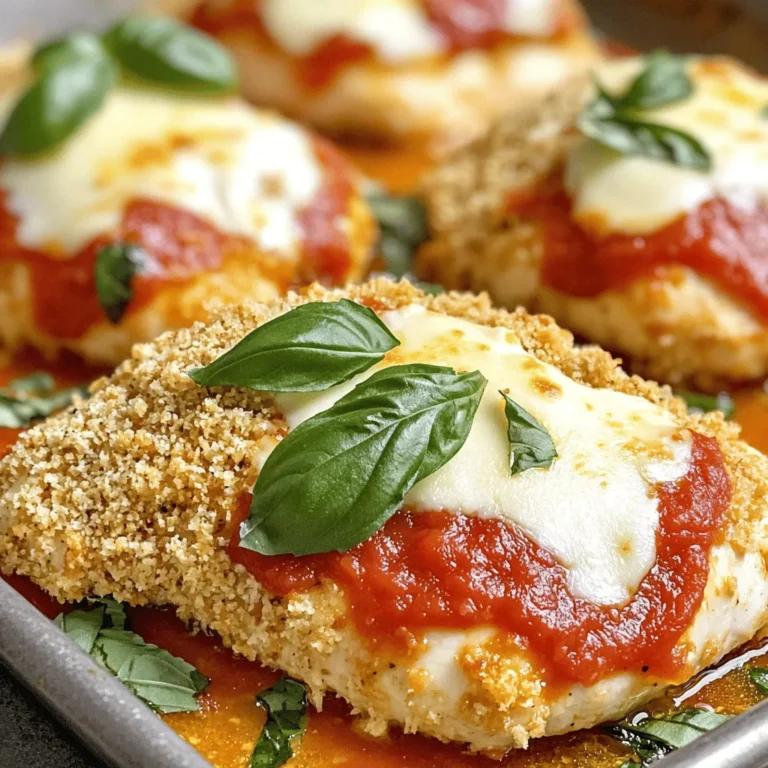 - 4 boneless, skinless chicken breasts - 1 cup Italian seasoned breadcrumbs - 1/2 cup freshly grated Parmesan cheese - 1 teaspoon garlic powder - 1 teaspoon dried oregano - 1/2 teaspoon salt - 1/4 teaspoon freshly ground black pepper - 2 large eggs - 1 cup marinara sauce - 1½ cups shredded mozzarella cheese - Fresh basil leaves for garnish Gathering these ingredients is simple and fun. Start with the chicken. I like using boneless, skinless chicken breasts for their ease. Then, grab that cup of Italian seasoned breadcrumbs. They bring great flavor and crunch to the dish. Next, get some Parmesan cheese. I recommend freshly grated for the best taste. You’ll also need garlic powder and dried oregano. These spices add depth and warmth to your meal. Don’t forget the salt and pepper for seasoning. You’ll need two large eggs to help the breadcrumbs stick to the chicken. Marinara sauce is next. Use homemade sauce if you can; it adds a personal touch. Finally, grab mozzarella cheese. Shredded mozzarella melts beautifully on top. If you want, you can add fresh basil leaves for garnish. They add color and a fresh taste to your dish. This is everything you need to make an amazing Baked Chicken Parmesan. For the complete recipe, check out the Full Recipe section. - Preheat the oven to 400°F (200°C). - Line a baking sheet with parchment paper. Start by setting your oven to the right temperature. This helps the chicken cook evenly. Lining the baking sheet with parchment makes cleanup easy. It also keeps the chicken from sticking. - Mix breadcrumbs, Parmesan, garlic powder, oregano, salt, and pepper. - Whisk the eggs in a separate bowl. In a large bowl, combine the breadcrumbs, Parmesan cheese, and spices. Mix them well so every bite is tasty. In another bowl, whisk the eggs until they are smooth. This egg wash helps the breadcrumbs stick to the chicken. - Dip chicken in eggs then coat with breadcrumb mixture. - Arrange coated chicken on the baking sheet. Take each chicken breast and dip it in the egg. Let any extra egg drip off. Next, press it into the breadcrumb mix. Make sure the chicken is fully coated. Place the coated chicken on your baking sheet, leaving space between each piece. This helps them cook well. - Bake initial layer for 25-30 minutes until golden. - Add marinara and mozzarella, bake for an additional 5-7 minutes. Put the baking sheet in the oven. Bake the chicken for 25 to 30 minutes. Look for a golden color on top. Use a meat thermometer to check if the chicken hits 165°F (75°C). Once done, take it out and spoon marinara sauce on each piece. Top with mozzarella cheese. Return it to the oven for 5-7 more minutes. The cheese should melt and become bubbly. Now, you have a delicious Baked Chicken Parmesan ready to enjoy! For the full recipe, check the details provided earlier. - Use fresh ingredients for best flavor. Fresh herbs and cheese make a big difference. - Ensure chicken is pounded to even thickness for uniform cooking. This helps it cook evenly. - Lightly spray the tops with cooking spray before baking. This adds a nice crunch. - Broil the chicken at the end for extra crispiness. Keep an eye on it to avoid burning. - Serve with pasta or a fresh salad. These sides balance the dish well. - Pair with crusty bread for a delightful meal. It’s perfect for soaking up the sauce. For detailed steps on preparing this dish, check the Full Recipe. {{image_4}} You can make simple swaps to change this dish. Try using chicken thighs instead of breasts. Thighs are juicier and add more flavor. If you want a gluten-free option, use crushed cornflakes instead of breadcrumbs. They give a nice crunch too! Add some heat to your dish by including red pepper flakes. Just a pinch can make a big difference. Fresh herbs also add great flavor. Try thyme or parsley for a tasty twist. These herbs brighten the dish and make it more aromatic. The cheese you choose can change the whole dish. Provolone cheese melts beautifully and has a nice flavor. You can also mix mozzarella with cheddar for a richer taste. Each cheese brings its own unique flavor, so feel free to experiment! For the full recipe, check out the Crispy Baked Chicken Parmesan section. To keep your baked chicken parmesan fresh, store it in an airtight container. This helps maintain moisture and flavor. Consume it within 3-4 days for the best quality. If you wait too long, it may lose its taste and texture. You can freeze baked chicken parmesan, either before or after baking. To do this, securely wrap it in plastic wrap or foil. This prevents freezer burn. It stays good for up to 2 months. When you're ready to eat, reheat it properly in the oven. This helps restore its crispy texture and yummy flavor. Yes, it can be prepared in advance and stored in the fridge before baking. This makes meal planning easy. Just follow the steps up to coating the chicken. Then, cover it tightly. When you’re ready, bake it right from the fridge. This saves time on busy nights. This baked version uses less oil and is lower in calories. Baking gives it a crispy texture without frying. You still enjoy the same great taste. Plus, you add more nutrition with fresh ingredients. This makes it a smart choice for families. Serve with steamed vegetables, spaghetti, or garlic bread. These sides balance the meal nicely. You can also add a fresh salad for some crunch. A side of garlic bread soaks up the extra sauce too. It creates a delightful dining experience. Chicken should reach an internal temperature of 165°F (75°C). Use a meat thermometer to check. This step ensures the chicken is safe to eat. If it’s golden brown outside and juicy inside, you have a winner! Baked Chicken Parmesan is simple and delicious. We covered easy ingredients and clear steps to make this dish. Remember to use fresh items for the best taste. You can mix it up with different cheeses or add spices. Don’t forget to check the chicken’s temperature to ensure it's safe. Enjoy this meal with your favorite sides for a complete dinner. By following these tips, you’ll impress your family and friends every time you cook!