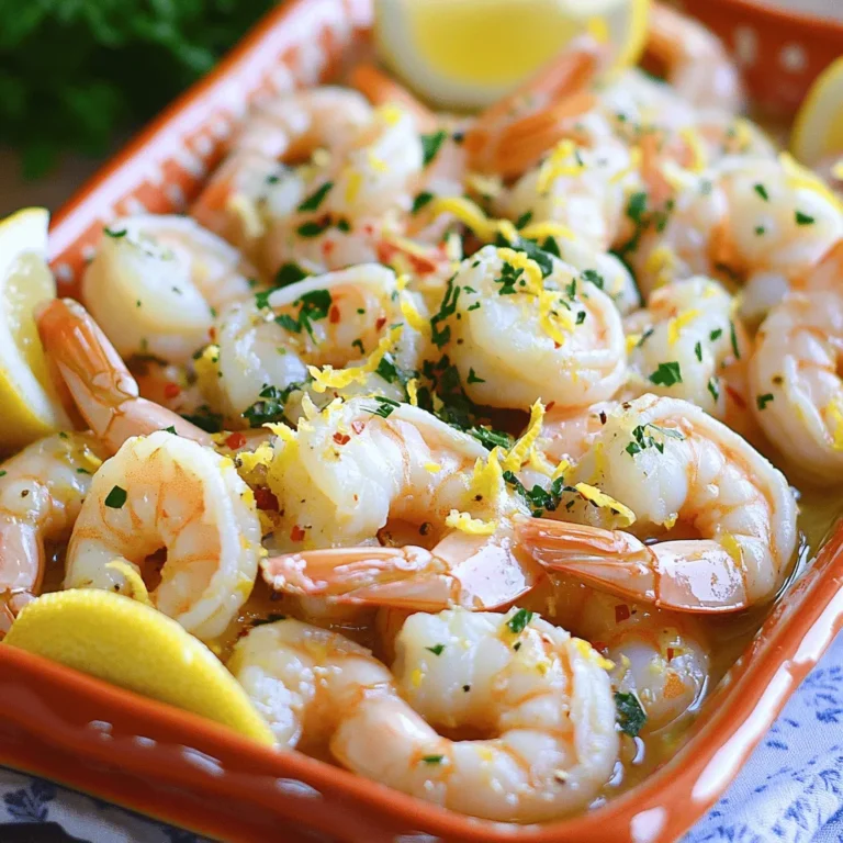 - 1 pound large shrimp, peeled and deveined - 4 cloves garlic, minced - Zest and juice of 2 fresh lemons - 3 tablespoons extra virgin olive oil - 1 teaspoon red pepper flakes - Salt and freshly ground black pepper - 1 tablespoon fresh parsley, finely chopped - Lemon wedges for serving - If you want a change from shrimp, use scallops or chicken. - You can swap olive oil with butter or coconut oil. - Fresh herbs give a bright flavor, while dried herbs are more subtle. To start, combine the shrimp with minced garlic, lemon zest, and lemon juice. In a medium mixing bowl, add 1 pound of peeled and deveined shrimp. Then, mix in 4 cloves of minced garlic, the zest, and juice of 2 fresh lemons. Drizzle in 3 tablespoons of extra virgin olive oil and sprinkle with salt and black pepper. Don’t forget to add 1 teaspoon of red pepper flakes for some heat. Stir the mixture well so every shrimp gets covered in the flavors. Allow it to marinate for 15-20 minutes. This step is key for making the shrimp flavorful and juicy. While the shrimp marinate, heat a large skillet over medium-high heat. You want the skillet hot but not smoking. Once it’s ready, add the shrimp in a single layer. Avoid overcrowding the pan; this helps them cook evenly. Cook the shrimp for about 2-3 minutes on one side until they start to turn pink. Then, flip them with tongs or a spatula and cook for another 2 minutes. Watch closely to prevent overcooking, which can make shrimp tough. After the shrimp cook through, remove the skillet from the heat. Transfer the shrimp to a serving dish and pour any leftover marinade over them for extra flavor. To make the dish look great, garnish it with finely chopped parsley. Serve the shrimp with lemon wedges on the side. This adds an invigorating touch, as each person can squeeze fresh lemon juice over their shrimp for a zesty kick. You can find the full recipe [here](link). Adjust spice levels to your taste by using red pepper flakes. Start with one teaspoon. If you like it spicy, add more. This will give your dish a nice kick. For the perfect texture, do not overcook the shrimp. Cook them just until they turn pink and opaque. This usually takes about 4-5 minutes total. Do not overcrowd the pan. If you add too many shrimp, they will steam instead of sauté. This will ruin their texture. Cook in batches if you need to. Use a thermometer to check doneness. Shrimp should reach an internal temperature of 120°F. This ensures they are perfectly cooked and tender. For added depth, consider adding wine or broth to the pan. This creates a rich sauce that complements the shrimp. You can also swap herbs for different flavors. Try basil or dill for a unique twist. Fresh herbs brighten the dish and make it even more delicious. For more details, check the Full Recipe. {{image_4}} You can make your Zesty Lemon Garlic Shrimp even better by adding fresh veggies. Good choices include bell peppers, zucchini, and asparagus. These vegetables add color and nutrition to your meal. To cook them, add the veggies to the skillet before adding the shrimp. Sauté them for a few minutes until they soften. Then, add the marinated shrimp and cook as usual. This way, you create a complete meal in one pan. The flavors of your dish can change with the seasons. In summer, use fresh herbs like basil or mint. They give a bright taste. In winter, try hearty herbs like rosemary or thyme. They add warmth to the dish. You can also swap lemons for limes in warmer months. This twist keeps the dish refreshing. You can give your shrimp an exciting twist by using different flavors. To make it Cajun, add spices like paprika and cayenne. This will give it a kick. For a Mediterranean flair, use olives and feta cheese. You might also try mixing in some coconut milk for a tropical feel. These fun variations will keep your meals interesting and tasty. To store leftover Zesty Lemon Garlic Shrimp, place it in an airtight container. Keep it in the fridge. This way, the shrimp stays fresh and safe. Zesty Lemon Garlic Shrimp lasts up to three days in the fridge. Make sure to check for any strange smells or colors before eating. If you want to freeze your shrimp, follow these steps: - Let the shrimp cool completely. - Place it in a freezer-safe container or bag. - Remove as much air as possible to avoid freezer burn. - Label the container with the date for easy tracking. When you’re ready to eat, thaw the shrimp in the fridge overnight. For reheating, use a skillet over low heat. This keeps the shrimp juicy and flavorful. To reheat Zesty Lemon Garlic Shrimp, use these methods: - Skillet: Heat on low and add a splash of olive oil. - Microwave: Use a covered dish and heat in short bursts. Avoid high heat, as it can make the shrimp tough. Always check for warmth throughout, ensuring even heating. Yes, you can use frozen shrimp. Frozen shrimp is often just as good as fresh. It is picked and frozen right after being caught. This helps keep its flavor and nutrients. However, you should thaw it before cooking. To thaw, place it in the fridge overnight or run it under cold water for a few minutes. Pat it dry before you marinate. This ensures the marinade sticks well and gives great taste. You can pair Zesty Lemon Garlic Shrimp with many tasty sides. Here are some ideas: - Rice: White or brown rice soaks up the sauce well. - Pasta: A light pasta tossed in olive oil makes a great match. - Salad: A fresh salad with greens and a light dressing adds crunch. - Vegetables: Steamed or roasted veggies like asparagus or broccoli boost nutrients. These sides create a balanced meal that you will enjoy. Cooked shrimp turn a bright pink color. They also curl slightly. If they look gray or translucent, they need more time. The shrimp should feel firm to the touch, not soft or mushy. Overcooked shrimp can be tough, so watch them closely during cooking. You can prepare some parts ahead of time. Marinate the shrimp a few hours before cooking. Just keep it in the fridge. Cooked shrimp can also be stored. If you have leftovers, place them in an airtight container. They will last for up to three days. When ready to eat, reheat them gently on the stove. To get the most juice from lemons, try these methods: - Roll the Lemon: Press down on the lemon while rolling it on the counter. This helps break down the fruit's insides. - Cut it in Half: Cut the lemon in half horizontally. Use a citrus juicer or squeeze by hand. - Use Warm Water: Soak the lemon in warm water for a few minutes before squeezing. This can help release more juice. These tips will help you get all the zesty goodness from your lemons. For the full recipe, check out the Zesty Lemon Garlic Shrimp instructions above. You learned about creating Zesty Lemon Garlic Shrimp with simple steps and tips. We explored ingredient options, marinating techniques, and serving ideas. You can also adapt this dish by adding veggies or trying international flavors. Remember to store leftovers properly for later enjoyment. This dish can impress anyone. Enjoy cooking and experimenting with flavors in your kitchen!