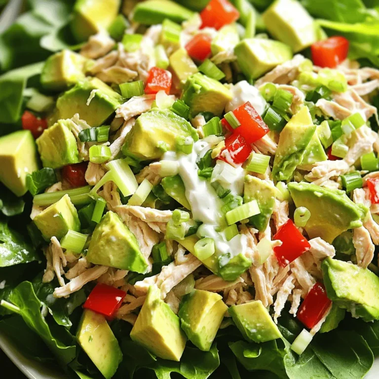 For a tasty Avocado Chicken Salad, gather these fresh ingredients: - 2 cups cooked chicken, shredded - 1 ripe avocado, peeled and diced - 1/4 cup plain Greek yogurt - 1 tablespoon Dijon mustard - 1 tablespoon freshly squeezed lemon juice - 1/4 cup celery, finely chopped - 1/4 cup red bell pepper, diced - 1/4 cup green onions, sliced - Salt and black pepper to taste - Optional: Mixed greens for serving Each ingredient plays a key role in making this salad special. The chicken adds protein. The avocado brings creaminess and flavor. Greek yogurt keeps it light while adding depth. Dijon mustard gives it a nice zing, and lemon juice brightens the dish. Celery adds crunch, while red bell pepper and green onions add color and taste. Don't forget to season with salt and pepper for the best flavor! If you want to dive into the full cooking process, check out the Full Recipe. You’ll find easy steps to make this dish shine on your table! - In a large bowl, combine chicken, avocado, Greek yogurt, and Dijon mustard. - Squeeze in lemon juice and fold gently to mix. - Next, mix in celery, red bell pepper, and green onions. - Season with salt and black pepper to taste. - Cover the bowl and chill the mixture for 30 minutes. - Serve the salad on mixed greens or in pita pockets. - For garnishes, add more green onions or a sprinkle of paprika. This Avocado Chicken Salad is not only tasty but also packed with nutrients. You can find the Full Recipe above for more detailed steps. Enjoy your cooking adventure! To make your avocado chicken salad creamy, choose a ripe avocado. A ripe avocado will mash easily and blend well. If it's too firm, it won't mix smoothly. I love using Greek yogurt for extra creaminess. It adds a nice tang and keeps the salad light and healthy. You can boost the flavor by adding fresh herbs or spices. Try chopped cilantro or parsley for freshness. A pinch of garlic powder can also add depth. For dressings, a drizzle of olive oil or a splash of balsamic vinegar pairs well. These options can give your salad a unique twist. Serve your avocado chicken salad cold or at room temperature. Chilling it for 30 minutes helps the flavors blend well. If you prefer it warm, serve it right after mixing. Just remember, it tastes best when the ingredients are fresh and cool. {{image_4}} You can swap proteins in this salad. Try using canned tuna or shrimp for a quick change. Both options add a nice twist to the recipe. If you want a vegan version, replace chicken with chickpeas or lentils. They offer protein and fiber. You can also use a plant-based yogurt to keep it creamy. Add more veggies to boost flavor and crunch. Cucumbers give a fresh taste, while shredded carrots add sweetness. You can mix in nuts or seeds for extra texture. Walnuts or sunflower seeds work well. They add a delightful crunch that pairs nicely with the creamy avocado. Make it a Mexican-inspired dish by adding lime juice, cilantro, and black beans. These ingredients will give your salad a zesty flair. For a Mediterranean style, mix in crumbled feta cheese and kalamata olives. This twist brings a salty bite that complements the salad perfectly. Feel free to explore these variations and make this avocado chicken salad your own! For the full recipe, check out the link above. To store leftover salad, place it in an airtight container. This keeps air out and helps maintain freshness. If possible, try to consume it within three days. For best results, keep the salad in the fridge right after serving. Adding a layer of plastic wrap on top can help too. This extra layer can slow down browning and keep the avocado green. You should not freeze avocado chicken salad. Freezing can change the texture of the avocado and chicken. If you freeze it, the salad may turn mushy when thawed. If you want to save the chicken, you can freeze just the chicken. You can add the fresh avocado later when you are ready to eat. In the fridge, avocado chicken salad lasts about three days. After this time, the avocado may brown, and the chicken may lose its flavor. To enjoy the best taste and texture, eat the salad fresh. If you notice any off smells or changes in color, it’s best to discard it. Yes, you can use canned chicken. It saves time and is easy to find. Just drain and shred the chicken before adding it to the salad. This can make your prep quick and simple. Absolutely! This salad is full of protein and healthy fats. Chicken provides lean protein, while avocado adds good fats and fiber. Greek yogurt gives creaminess without too many calories. This salad helps you feel full and satisfied. Yes, you can prepare it in advance. Just keep it in the fridge for a few hours to let the flavors mix. If making it a day ahead, add the avocado just before serving. This keeps it fresh and green. You can serve it with many sides. Try whole wheat pita pockets, fresh veggies, or whole grain crackers. It also works well on a bed of mixed greens for a light meal. To keep avocado green, add lemon juice right after cutting it. The acid in lemon juice slows down browning. You can also store the salad in an airtight container. This helps keep the avocado fresh longer. For the full recipe, check out the delicious Avocado Chicken Salad Delights! In this post, we explored a tasty avocado chicken salad. You learned the key ingredients and step-by-step preparation. I shared tips for ensuring creaminess, enhancing flavor, and serving it at the right temperature. We also discussed fun variations and proper storage. Make this salad your own by mixing in different flavors. Enjoy it cold, fresh, and healthy!