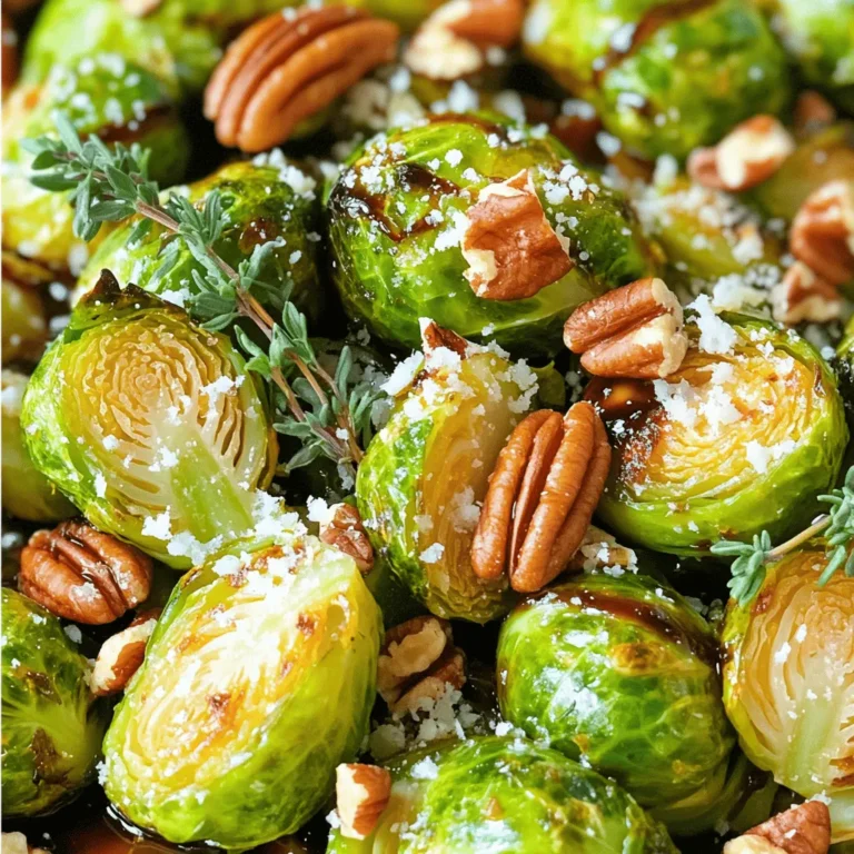 - Brussels sprouts - Balsamic vinegar - Honey or maple syrup - Olive oil - Pecans or walnuts - Thyme - Salt - Black pepper - Optional: Parmesan cheese - Baking sheet - Mixing bowl - Saucepan - Skillet When I make balsamic glazed Brussels sprouts, I focus on fresh and tasty ingredients. First, I grab 1 pound of Brussels sprouts. I make sure they are trimmed and halved for even cooking. Next, I measure out 3 tablespoons of balsamic vinegar and 1 tablespoon of honey or maple syrup. This sweet and tangy mix gives the sprouts a rich flavor. I also use 2 tablespoons of extra-virgin olive oil to help the sprouts roast perfectly. For that crunchy texture, I add 1/4 cup of chopped pecans or walnuts. Finally, I sprinkle in 1 tablespoon of fresh thyme leaves for a hint of earthiness. For seasoning, I keep it simple. A generous pinch of salt and freshly ground black pepper brings out the flavors. If I want to make it even more special, I optionally add freshly grated Parmesan cheese just before serving. To cook these delicious sprouts, I need a few tools. A baking sheet helps me roast them evenly. I use a mixing bowl to toss the sprouts with oil and seasoning. A saucepan is handy for making the balsamic glaze. Finally, a skillet lets me toast the nuts to perfection. This recipe is all about flavor and fun, and you can find the full recipe to enjoy this dish at home! - Preheat the oven to 425°F (220°C). - Trim and halve the Brussels sprouts. - Toss with olive oil and seasoning. - Arrange on the baking sheet with cut sides down. - Roast for 20-25 minutes, tossing halfway for even cooking. - Combine balsamic vinegar and honey in a saucepan. - Simmer until thickened, about 5 minutes. - Set aside to cool. - Heat a skillet over medium heat. - Toast pecans or walnuts until golden brown, about 3-5 minutes. - Drizzle balsamic glaze over roasted sprouts. - Toss to coat evenly. - Add herbs and toasted nuts on top. - Optional: Sprinkle with freshly grated Parmesan cheese. You can find the full recipe above. This dish pairs well with many main courses. Enjoy! To get those lovely caramelized Brussels sprouts, start by setting your oven to 425°F (220°C). This high heat helps the sprouts brown nicely. When you toss them halfway through cooking, it ensures they cook evenly. Spread them out on the baking sheet, cut side down. This way, they can crisp up beautifully. You can switch up the sweetness in the glaze. Try using maple syrup instead of honey for a different taste. If you prefer a thicker glaze, simmer it longer on low heat. This will give you that perfect syrupy texture that clings to the sprouts. If you want to try other nuts, almonds or hazelnuts work well too. You can also use seeds like pumpkin or sunflower seeds for a nut-free option. They add a nice crunch and flavor without the nuts. For more details, check out the Full Recipe! {{image_4}} You can make Balsamic Glazed Brussels Sprouts even better with some easy tweaks. Adding minced garlic or chopped shallots gives a rich, savory flavor. Just toss them in with the sprouts before roasting. If you like a bit of heat, sprinkle in some red pepper flakes. This will add a spicy kick and balance the sweetness of the glaze. These Brussels sprouts fit many diets. They are naturally vegan, but you can easily swap honey for maple syrup for a fully vegan dish. If you need it gluten-free, this recipe is already safe. Just ensure your balsamic vinegar is gluten-free. You can enjoy this dish without worries. When it comes to serving, these Brussels sprouts shine as a side dish. They pair well with roasted chicken, grilled salmon, or a hearty grain bowl. For a beautiful presentation, arrange the sprouts on a colorful plate. Sprinkle fresh herbs or additional nuts on top for a lovely touch. For more creative ideas, check the Full Recipe for additional serving tips. To keep your Balsamic Glazed Brussels Sprouts fresh, store them in an airtight container. This method helps maintain their flavor and texture. Place the sprouts in the fridge right after cooling. They last for about 3 to 4 days. If you want to enjoy them later, make sure to keep them sealed well. When it is time to reheat, the oven is best. Preheat it to 350°F (175°C). Spread the sprouts on a baking sheet and heat for about 10 minutes. This method keeps them crispy. You can also use a microwave, but they may lose some texture. If you microwave, heat in short bursts and stir them gently. Yes, you can freeze Brussels sprouts! However, it is best to freeze them before cooking. To freeze, wash and trim the sprouts, then blanch them in boiling water for 2-3 minutes. After that, place them in ice water to stop cooking. Drain and dry, then pack them in freezer bags. They can last up to 6 months in the freezer. When you're ready to use them, thaw in the fridge overnight before cooking. You can enjoy Balsamic Glazed Brussels Sprouts with many main dishes. Here are some great options: - Grilled chicken or turkey - Roasted pork tenderloin - Salmon or other fish - Quinoa or couscous - A hearty grain salad These pairings create a balanced meal that is both tasty and filling. Yes, you can use frozen Brussels sprouts. Here are some tips: - Thaw them before cooking. - Drain any excess water to avoid sogginess. - Roasting time may be a bit longer. - Fresh sprouts often taste better, but frozen can work in a pinch. To thicken your balsamic glaze, try these techniques: - Simmer it longer to reduce the liquid. - Add a bit of cornstarch mixed with water. - Stir in a small amount of honey for added thickness. These methods give you a rich glaze that clings to the sprouts. Brussels sprouts are very healthy! Here’s why: - Low in calories - High in fiber - Packed with vitamins C and K - Contains antioxidants Eating Brussels sprouts can help boost your immune system and improve digestion. Enjoy them guilt-free! In this post, we covered how to make delicious balsamic glazed Brussels sprouts. We discussed key ingredients like Brussels sprouts, olive oil, and nuts. You learned step-by-step instructions from roasting to glazing. We also shared tips for perfecting your dish and variations to customize it. Remember, cooking is about experimenting and enjoying the flavors. Try adding your twist to make this recipe your own. Enjoy these tasty sprouts as a side or a main event!