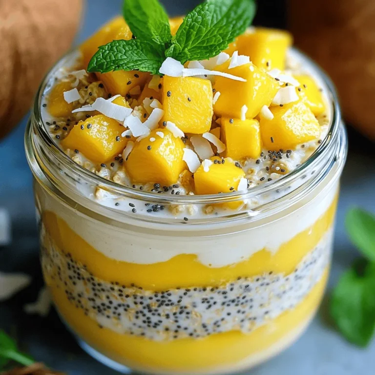 To make Coconut Mango Overnight Oats, you need some simple and fresh ingredients. Each one plays a key role in creating a tasty and healthy breakfast. Here’s what you will need: - 1 cup rolled oats - 1 cup coconut milk (canned or carton) - 1/2 ripe mango, diced into small cubes - 1 tablespoon chia seeds - 1 tablespoon honey or maple syrup (optional, adjust to taste) - 1/4 teaspoon pure vanilla extract - 1/4 teaspoon sea salt - Fresh mint leaves, for garnish - Toasted coconut flakes, for a crunchy topping These ingredients come together to create a creamy and fruity dish. The rolled oats give you fiber and energy. Coconut milk adds a rich flavor and creaminess. Fresh mango brings a sweet and tropical taste. Chia seeds add texture and boost nutrition. You can add sweeteners like honey or maple syrup if you like it sweeter. The vanilla extract and sea salt enhance all the flavors. Don’t forget the garnishes! Mint leaves and toasted coconut flakes make your oats look and taste amazing. With these ingredients, you can make a nourishing breakfast delight. For the full recipe, check the details above. 1. Mixing the ingredients Start by taking a medium mixing bowl. Add 1 cup of rolled oats and 1 tablespoon of chia seeds to the bowl. Next, pour in 1 cup of coconut milk. Then, add 1/2 ripe mango, diced into small cubes. If you like sweetness, add 1 tablespoon of honey or maple syrup. Finally, add 1/4 teaspoon of pure vanilla extract and 1/4 teaspoon of sea salt. Stir everything well. Make sure each oat flake is coated. 2. Refrigeration time Cover the bowl tightly with a lid or plastic wrap. Place it in the refrigerator for at least 4 hours. For best results, let it chill overnight. This allows the oats and chia seeds to soak up the coconut milk. 3. Final stirring before serving The next morning, take the bowl out of the fridge. Give the mixture a good stir. If you want it creamier, add a splash more coconut milk and stir again. This will make the oats even more delicious. 1. Portioning into bowls or jars Now it’s time to serve. Spoon the overnight oats into serving bowls or jars. This makes it easy to enjoy your meal. 2. Topping ideas for presentation For a beautiful touch, add more diced mango on top. Sprinkle some toasted coconut flakes for crunch. Finally, add a few fresh mint leaves for color and flavor. Enjoy your tasty breakfast! For the full recipe, check out the Coconut Mango Overnight Oats section. To make your coconut mango overnight oats perfect, soaking time is key. Let the oats sit in the fridge for at least 4 hours. Ideally, leave them overnight. This allows the oats and chia seeds to soak up the coconut milk. The longer they sit, the softer they become. You can adjust the creaminess too. If you like a richer texture, add more coconut milk before serving. Just stir it in until it’s smooth. Choosing the right sweetener can change your oats game. You can use honey or maple syrup. Both options work well. You might want to start with a tablespoon. Taste it and see if you want more. This lets you personalize the taste to your liking. If you prefer, you can skip the sweetener altogether. The mango adds natural sweetness. You can also try other sweeteners if you want something different. For the full recipe, follow the instructions and enjoy a delightful breakfast! {{image_4}} You can switch up the fruits in your Coconut Mango Overnight Oats. Try using berries, bananas, or even diced apples. Each fruit adds a unique taste and texture. For a tropical twist, pineapple or kiwi work well too. For non-dairy milk, coconut milk is a great choice. However, you can also use almond milk, oat milk, or soy milk. Each type of milk can change the flavor slightly. Choose the one you like best. Adding spices can take your oats to the next level. A dash of cinnamon gives warmth and depth. You can also try nutmeg or cardamom for a different flair. Just a pinch can make a big difference. Don't forget about toppings! You can add fresh fruit, nuts, or seeds for crunch. Granola also makes a great topping. Experiment with different combinations to keep your breakfast exciting. Enjoy the journey of flavors! To store your leftover Coconut Mango Overnight Oats, place them in an airtight container. This helps keep them fresh. You can keep them in the fridge for up to 2-3 days. After that, the oats may lose their nice texture. If you want the best taste and texture, eat them within this time frame. You can enjoy your oats cold right from the fridge. They are creamy and refreshing that way. If you prefer warm oats, simply heat them in the microwave for about 30 seconds. Stir them well before serving to ensure even warmth. If the oats seem dry after storage, add a splash of coconut milk. This will help refresh them and make them creamy again. Overnight oats are a simple, no-cook way to prepare oatmeal. You mix oats with liquid, like milk or yogurt, and let them sit overnight. This soaking process makes the oats soft and ready to eat in the morning. Benefits of making overnight oats include: - They save time in the morning. - You can customize them with many flavors. - They are easy to prepare in bulk. Yes, you can make Coconut Mango Overnight Oats ahead of time. I recommend prepping them the night before. This way, they will be ready for breakfast the next morning. These oats last in the fridge for about 2-3 days. Just keep them in an airtight container. You can use leftover coconut milk in many ways: - Add it to smoothies for a creamy texture. - Use it in curries or soups for extra flavor. - Mix it into baked goods like muffins or pancakes. For storage, keep coconut milk in a sealed container in the fridge. It stays fresh for up to a week. Use any leftover coconut milk quickly to enjoy its best taste. Coconut mango overnight oats are easy and fun to make. You need simple ingredients like rolled oats, coconut milk, and ripe mango. Mixing them and letting them sit overnight gives you a tasty breakfast. You can adjust the sweetness to fit your taste and try different fruits or spices for fun variations. Store leftovers properly to keep them fresh. With just a little prep, you can enjoy this healthy meal any day. Try it out, and see how delicious and customizable it can be!