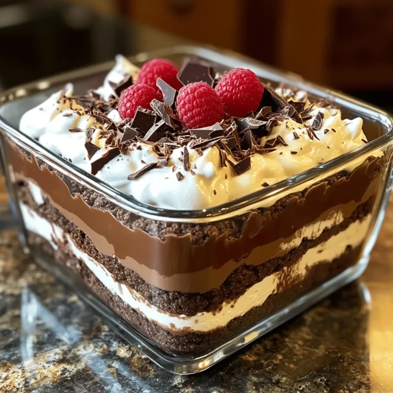 To make this tasty no bake chocolate lasagna, you will need: - 1 package (about 15 oz) chocolate cream cookies - 1/2 cup unsalted butter, melted - 2 cups cream cheese, softened to room temperature - 1 cup powdered sugar - 2 cups whipped cream (or Cool Whip) - 1 cup chocolate pudding mix - 2 1/2 cups milk - 1 teaspoon pure vanilla extract - Shaved chocolate or chocolate chips for garnish You can add some fun twists to your lasagna. Here are a few ideas: - Fresh raspberries or strawberries for a fruity touch - Mint leaves for a fresh flavor - Different flavored pudding mixes like vanilla or butterscotch Having the right tools makes cooking easier. Here are some tools you'll need: - A large mixing bowl - An electric mixer for the cream cheese - A food processor or rolling pin for crushing cookies - A 9x13 inch dish for layering - A spatula to smooth out layers Start by crushing the chocolate cream cookies. You can use a food processor or a rolling pin for this. Aim for fine crumbs. Next, pour in the melted butter and mix. You want all the crumbs to be coated. Once mixed, press this mixture firmly into the bottom of a 9x13 inch dish. This forms the crust layer. Make sure it is even and solid. In a clean bowl, beat the softened cream cheese with an electric mixer. Keep going until it is smooth and creamy. Gradually sift in the powdered sugar. Continue mixing until it is fluffy and well combined. Now, gently fold in one cup of whipped cream. Mix until both are airy and smooth. This filling is rich and delicious. Spread the cream cheese mixture over the cookie crust. Use a spatula to make it even. Next, prepare the chocolate pudding. Whisk the pudding mix with the milk until it thickens. Stir in the vanilla extract for added flavor. Pour this pudding over the cream cheese layer and spread it evenly. Finally, take the remaining whipped cream and dollop it on top. Smooth it out nicely. Cover the dish and chill it in the fridge for at least four hours. This helps all the layers set perfectly. To make the cream cheese mixture smooth, start with room temperature cream cheese. Cold cream cheese will be lumpy. Use an electric mixer on medium speed for best results. Mix until it’s fluffy and free of lumps. Gradually add the powdered sugar, mixing well. Folding in whipped cream gently adds air and lightness. Be careful not to overmix, or it may become runny. Layering is key to a great no bake chocolate lasagna. Start with a firm crust made from crushed chocolate cream cookies. Press it down evenly in your dish. Next, spread the cream cheese mixture gently. Use a spatula to smooth it out. Pour the chocolate pudding on top, spreading it carefully to avoid mixing layers. Finally, add whipped cream on top for a beautiful finish. Chilling is crucial for the best texture. After assembling your layers, cover the dish with plastic wrap. Place it in the refrigerator for at least 4 hours. For the best results, chill overnight. This allows the layers to set and flavors to meld. When ready to serve, let it sit at room temperature for about 10 minutes. This will make it easier to cut and serve. {{image_4}} You can change up the cookie crust. Instead of chocolate cream cookies, try using vanilla wafers. They add a nice contrast. You can also use graham crackers for a slightly different flavor. Oreos work great too! Just blend any of these cookies into crumbs, and follow the same steps. Each cookie type brings a unique taste to the dessert. Feel free to mix and match for fun! Want to make this treat a bit healthier? Swap out the cream cheese for Greek yogurt. It still gives a creamy texture but has less fat. Use low-fat whipped cream or a dairy-free alternative if you like. You can also try almond or coconut milk for the pudding. These swaps help cut down on calories. You still get a delicious dessert without the guilt! The chocolate pudding is fantastic, but let's get creative! You can use vanilla pudding mix for a lighter taste. Butterscotch or caramel pudding can add a fun twist too. For a fruity option, try using strawberry or banana pudding. Each flavor can change the whole dessert vibe. Mix it up based on your mood or what you have at home. There are so many tasty paths to explore! To store No Bake Chocolate Lasagna, cover the dish with plastic wrap. Keep it in the fridge. This dessert stays fresh and tasty. It is best enjoyed within 3 to 5 days. If you want to freeze it, wrap the lasagna tightly with plastic wrap. Then, add a layer of aluminum foil. It can stay in the freezer for up to 2 months. When you're ready to eat it, thaw it in the fridge overnight. Then, serve it cold. The lasagna will be good in the fridge for about 5 days. After that, it may lose taste and texture. To keep it fresh longer, avoid leaving it out at room temperature. Remember to always use clean utensils when serving to avoid bacteria. For best results, try to finish it within a few days. You can find the full recipe in the section above. Yes, you can make this no bake chocolate lasagna ahead of time. In fact, I recommend it! The flavors blend better when it sits overnight in the fridge. Just cover it well with plastic wrap to keep it fresh. If you don't have whipped cream, use Cool Whip. It works just as well and saves time. You could also use Greek yogurt for a tangy twist. Just make sure to whip it well to get some air into it. Absolutely! You can use vanilla, butterscotch, or even peanut butter pudding. Each will give your dessert a unique taste. Just make sure to match it with flavors that go well with chocolate. We covered the key steps to make a No Bake Chocolate Lasagna. You learned about the ingredients, the preparation, and the tips for great results. I shared some fun variations to try, plus how to store your delicious dessert. Now, with this guide, you can create a treat your friends and family will love. Enjoy the process and get creative with your flavors!