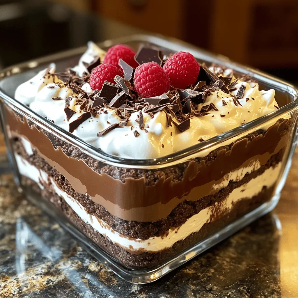 To make this tasty no bake chocolate lasagna, you will need: - 1 package (about 15 oz) chocolate cream cookies - 1/2 cup unsalted butter, melted - 2 cups cream cheese, softened to room temperature - 1 cup powdered sugar - 2 cups whipped cream (or Cool Whip) - 1 cup chocolate pudding mix - 2 1/2 cups milk - 1 teaspoon pure vanilla extract - Shaved chocolate or chocolate chips for garnish You can add some fun twists to your lasagna. Here are a few ideas: - Fresh raspberries or strawberries for a fruity touch - Mint leaves for a fresh flavor - Different flavored pudding mixes like vanilla or butterscotch Having the right tools makes cooking easier. Here are some tools you'll need: - A large mixing bowl - An electric mixer for the cream cheese - A food processor or rolling pin for crushing cookies - A 9x13 inch dish for layering - A spatula to smooth out layers Start by crushing the chocolate cream cookies. You can use a food processor or a rolling pin for this. Aim for fine crumbs. Next, pour in the melted butter and mix. You want all the crumbs to be coated. Once mixed, press this mixture firmly into the bottom of a 9x13 inch dish. This forms the crust layer. Make sure it is even and solid. In a clean bowl, beat the softened cream cheese with an electric mixer. Keep going until it is smooth and creamy. Gradually sift in the powdered sugar. Continue mixing until it is fluffy and well combined. Now, gently fold in one cup of whipped cream. Mix until both are airy and smooth. This filling is rich and delicious. Spread the cream cheese mixture over the cookie crust. Use a spatula to make it even. Next, prepare the chocolate pudding. Whisk the pudding mix with the milk until it thickens. Stir in the vanilla extract for added flavor. Pour this pudding over the cream cheese layer and spread it evenly. Finally, take the remaining whipped cream and dollop it on top. Smooth it out nicely. Cover the dish and chill it in the fridge for at least four hours. This helps all the layers set perfectly. To make the cream cheese mixture smooth, start with room temperature cream cheese. Cold cream cheese will be lumpy. Use an electric mixer on medium speed for best results. Mix until it’s fluffy and free of lumps. Gradually add the powdered sugar, mixing well. Folding in whipped cream gently adds air and lightness. Be careful not to overmix, or it may become runny. Layering is key to a great no bake chocolate lasagna. Start with a firm crust made from crushed chocolate cream cookies. Press it down evenly in your dish. Next, spread the cream cheese mixture gently. Use a spatula to smooth it out. Pour the chocolate pudding on top, spreading it carefully to avoid mixing layers. Finally, add whipped cream on top for a beautiful finish. Chilling is crucial for the best texture. After assembling your layers, cover the dish with plastic wrap. Place it in the refrigerator for at least 4 hours. For the best results, chill overnight. This allows the layers to set and flavors to meld. When ready to serve, let it sit at room temperature for about 10 minutes. This will make it easier to cut and serve. {{image_4}} You can change up the cookie crust. Instead of chocolate cream cookies, try using vanilla wafers. They add a nice contrast. You can also use graham crackers for a slightly different flavor. Oreos work great too! Just blend any of these cookies into crumbs, and follow the same steps. Each cookie type brings a unique taste to the dessert. Feel free to mix and match for fun! Want to make this treat a bit healthier? Swap out the cream cheese for Greek yogurt. It still gives a creamy texture but has less fat. Use low-fat whipped cream or a dairy-free alternative if you like. You can also try almond or coconut milk for the pudding. These swaps help cut down on calories. You still get a delicious dessert without the guilt! The chocolate pudding is fantastic, but let's get creative! You can use vanilla pudding mix for a lighter taste. Butterscotch or caramel pudding can add a fun twist too. For a fruity option, try using strawberry or banana pudding. Each flavor can change the whole dessert vibe. Mix it up based on your mood or what you have at home. There are so many tasty paths to explore! To store No Bake Chocolate Lasagna, cover the dish with plastic wrap. Keep it in the fridge. This dessert stays fresh and tasty. It is best enjoyed within 3 to 5 days. If you want to freeze it, wrap the lasagna tightly with plastic wrap. Then, add a layer of aluminum foil. It can stay in the freezer for up to 2 months. When you're ready to eat it, thaw it in the fridge overnight. Then, serve it cold. The lasagna will be good in the fridge for about 5 days. After that, it may lose taste and texture. To keep it fresh longer, avoid leaving it out at room temperature. Remember to always use clean utensils when serving to avoid bacteria. For best results, try to finish it within a few days. You can find the full recipe in the section above. Yes, you can make this no bake chocolate lasagna ahead of time. In fact, I recommend it! The flavors blend better when it sits overnight in the fridge. Just cover it well with plastic wrap to keep it fresh. If you don't have whipped cream, use Cool Whip. It works just as well and saves time. You could also use Greek yogurt for a tangy twist. Just make sure to whip it well to get some air into it. Absolutely! You can use vanilla, butterscotch, or even peanut butter pudding. Each will give your dessert a unique taste. Just make sure to match it with flavors that go well with chocolate. We covered the key steps to make a No Bake Chocolate Lasagna. You learned about the ingredients, the preparation, and the tips for great results. I shared some fun variations to try, plus how to store your delicious dessert. Now, with this guide, you can create a treat your friends and family will love. Enjoy the process and get creative with your flavors!