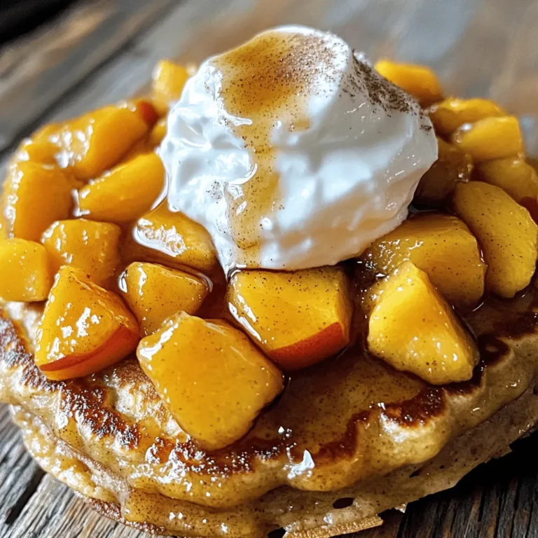 To make these tasty peach cobbler pancakes, you need some simple ingredients. Here’s what you'll need: - 1 cup all-purpose flour - 1 tablespoon baking powder - 1 tablespoon granulated sugar - 1/2 teaspoon fine sea salt - 1 cup buttermilk (room temperature) - 1 large egg (lightly beaten) - 1 tablespoon pure vanilla extract - 2 tablespoons unsalted butter (melted) - 1 cup fresh peaches (peeled and diced into small pieces) - 1 teaspoon ground cinnamon - 1/4 cup brown sugar (for sprinkling) - Whipped cream (for serving) These ingredients create a delicious mix of flavors. The fresh peaches bring sweetness. The cinnamon adds warmth. Together, they make breakfast feel special. You can find the full recipe at the end, which guides you through each step in detail. Start by gathering your dry ingredients. In a large bowl, sift together: - 1 cup all-purpose flour - 1 tablespoon baking powder - 1 tablespoon granulated sugar - 1/2 teaspoon fine sea salt Sifting helps mix the ingredients well and removes lumps. It also ensures your pancakes are light and fluffy. Now let's mix the wet ingredients. In a separate bowl, beat together: - 1 cup buttermilk (room temperature) - 1 large egg (lightly beaten) - 1 tablespoon pure vanilla extract - 2 tablespoons unsalted butter (melted) Mix them until smooth. The buttermilk adds a nice tang and helps the pancakes rise. Next, pour the wet mixture into the dry ingredients. Gently stir using a spatula or whisk. It's okay if the batter is slightly lumpy; this will make your pancakes fluffy. Then fold in: - 1 cup fresh peaches (peeled and diced) - 1 teaspoon ground cinnamon The peaches and cinnamon will bring out the warm, sweet flavors. Preheat a non-stick skillet or griddle over medium heat. Lightly grease it with a bit of butter. For each pancake, pour about 1/4 cup of batter onto the skillet. Cook for 2-3 minutes. Wait for bubbles to form on top. Then, flip them and cook for another 1-2 minutes until golden brown. As soon as you flip the pancakes, sprinkle a thin layer of brown sugar on top. This will caramelize and add a delightful finish. Serve the pancakes warm. Top them generously with whipped cream. You can add extra peach slices for a fresh touch. A light dusting of ground cinnamon is a great final touch. Stack the pancakes on a plate and enjoy the delicious flavors of peach cobbler in every bite! For the full recipe, check out the [Full Recipe]. To get the best pancake texture, mix your ingredients carefully. Overmixing makes pancakes tough. You want lumps in your batter. This keeps them fluffy and light. Use a spatula to fold in the peaches gently. This helps maintain that perfect texture. Select ripe, juicy peaches for the best flavor. Look for peaches that yield slightly when you press them. Avoid hard or overly soft ones. Fresh peaches enhance the taste and add sweetness. If you can't find ripe peaches, consider using canned peaches in juice. Just drain them well before adding to the batter. Presentation matters when serving Peach Cobbler Pancakes. Stack pancakes high on a round plate. Top with a generous dollop of whipped cream. Arrange extra peach slices around the base. Dust with cinnamon for a nice touch. A sprinkle of brown sugar adds sparkle and flavor. These small steps make your dish look restaurant-quality. Try these tips for a delightful breakfast that impresses! For the full recipe, check out the details above. {{image_4}} You can customize your peach cobbler pancakes with fun add-ins. Try adding chopped nuts like pecans or walnuts for a crunchy bite. Dark chocolate chips create a sweet twist. You can mix in spices too, like nutmeg or ginger, to enhance the flavor. A dash of almond extract can give it a unique taste. Experiment with these options to find your favorite. If peaches are not your favorite, many fruits work well in these pancakes. Fresh blueberries add a burst of flavor and color. Ripe bananas bring sweetness and softness. You could also use diced apples, which pair well with cinnamon. For a tropical twist, try crushed pineapple. Each fruit adds its own charm to the pancakes. To make these pancakes gluten-free, use a gluten-free flour blend. This swap keeps the texture light and fluffy. For a vegan version, replace buttermilk with almond milk mixed with vinegar. Use a flax egg instead of a regular egg: mix one tablespoon of ground flaxseed with three tablespoons of water. These options let everyone enjoy this tasty treat. For the full recipe, check out the instructions above. If you have leftover pancakes, store them in an airtight container. They stay fresh in the fridge for about 3 days. Make sure they cool completely before you seal them. This prevents moisture buildup, which can make them soggy. To reheat pancakes, use a skillet over low heat for the best results. Just place the pancakes in the skillet for about 1-2 minutes on each side. This warms them up nicely. You can also use a microwave. Heat them for about 20-30 seconds. But, they might not be as fluffy when reheated this way. You can freeze pancakes for a quick breakfast. Stack the cooled pancakes with parchment paper between each one. Then, place them in a freezer-safe bag. They can last up to 2 months in the freezer. When you want to eat them, just reheat directly from the freezer. Enjoy this tasty treat any day! For the full recipe, check out the details above. Yes, you can use frozen peaches. Just thaw them first. Drain excess juice to avoid soggy pancakes. Frozen peaches may cook faster, so watch them closely. For fluffier pancakes, avoid overmixing the batter. Mixing too much can make pancakes tough. Another tip is to let the batter rest for about 5 minutes before cooking. This helps the baking powder work better. You can top your pancakes with various items. Try vanilla ice cream for a sweet treat. Fresh berries or chopped nuts also add great flavor. A drizzle of maple syrup can enhance the taste. Each serving has about 250 calories. This includes 8 grams of fat and 4 grams of protein. The pancakes also have around 30 grams of carbs. Adjust toppings for different nutritional values. To make buttermilk, use regular milk. Add 1 tablespoon of vinegar or lemon juice to 1 cup of milk. Let it sit for about 5 to 10 minutes. It will thicken and curdle slightly, creating a perfect substitute for buttermilk. Making Peach Cobbler Pancakes is easy and fun. We covered all the main steps: gathering ingredients, mixing dry and wet, cooking, and serving. I shared tips to make them soft and tasty. Try out different fruits or toppings for more flavor. Store extras in the fridge or freezer for a quick treat. Enjoy these pancakes warm with whipped cream. They are a delicious way to start your day!