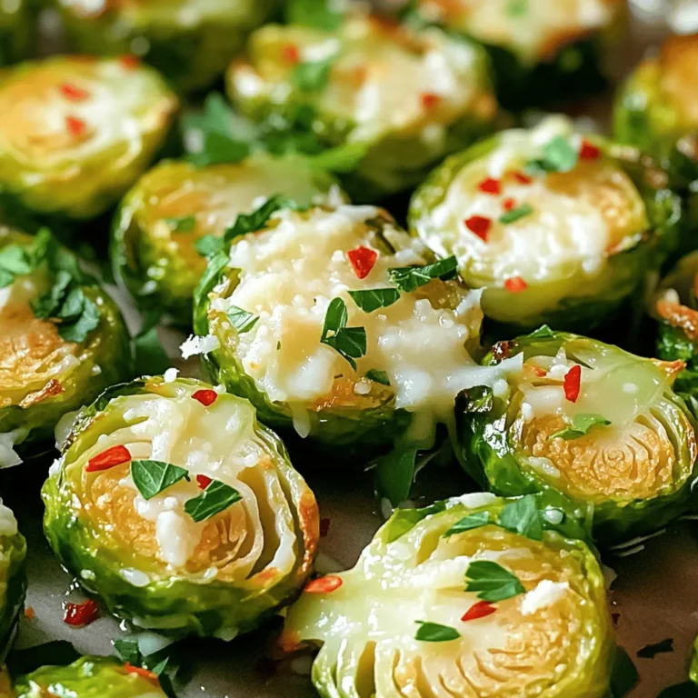 - 1 lb Brussels sprouts, trimmed and halved - 3 tablespoons extra virgin olive oil - 4 cloves of garlic, finely minced - 1/2 teaspoon red pepper flakes (optional, for a kick) - 1/2 cup freshly grated Parmesan cheese - Sea salt and freshly cracked black pepper to taste - 1 tablespoon balsamic vinegar (optional) - Fresh parsley, finely chopped (for garnish) These ingredients create a perfect blend of flavors. The Brussels sprouts bring a slight bitterness that pairs well with the rich Parmesan. The garlic adds depth. Olive oil helps everything roast beautifully. You can tweak this dish by adding a few extras. Here are some great options: - Crispy bacon bits - Lemon zest for brightness - A dash of smoked paprika for warmth These optional ingredients enhance the taste and make the dish more unique. Feel free to explore what works for you. If you’re missing an ingredient, don’t worry! Here are some swaps you can use: - Instead of Brussels sprouts, try cauliflower or broccoli. - If you lack Parmesan, use Pecorino Romano or nutritional yeast for a vegan option. - Any cooking oil can replace olive oil. Just choose one you like. These substitutions keep the dish tasty while accommodating your pantry. Remember, cooking is all about flexibility! For the full recipe, check out the link provided. First, gather your ingredients. You will need: - 1 lb Brussels sprouts, trimmed and halved - 3 tablespoons extra virgin olive oil - 4 cloves of garlic, finely minced - 1/2 teaspoon red pepper flakes (optional, for a kick) - Sea salt and freshly cracked black pepper to taste - 1 tablespoon balsamic vinegar (optional) - 1/2 cup freshly grated Parmesan cheese - Fresh parsley, finely chopped (for garnish) Next, preheat your oven to 425°F (220°C). This step is key for the perfect roast. In a large bowl, mix the halved Brussels sprouts with olive oil, garlic, red pepper flakes, salt, and pepper. Toss well to coat every sprout. Line a baking sheet with parchment paper. It makes cleanup easy. Spread the Brussels sprouts in a single layer, cut side down. This helps them caramelize nicely. Roast in the oven for 20-25 minutes. Halfway through, stir the sprouts gently for even cooking. Once the sprouts are crispy and golden, take them out of the oven. Sprinkle the grated Parmesan cheese on top. For an extra layer of flavor, drizzle balsamic vinegar over the cheese. Return the baking sheet to the oven for another 5 minutes. The cheese will melt and turn crispy. When they are done, take them out and garnish with fresh parsley. Serve these Garlic Parmesan Brussels sprouts warm. You can find the full recipe for Garlic Parmesan Brussels Sprouts to enjoy this dish at home. To get the best flavor, the roasting step is key. Start by preheating your oven to 425°F (220°C). This hot temperature helps the Brussels sprouts brown nicely. Spread them out on a baking sheet in a single layer, cut side down. This setup lets them caramelize well. Halfway through roasting, stir them gently. This ensures they cook evenly and get that golden color. Not all Parmesan is the same. For this dish, choose a high-quality, freshly grated Parmesan cheese. The fresh kind melts better and gives a stronger flavor. Avoid pre-grated cheese, as it often has additives that can change the taste. You want that rich, nutty flavor to shine. Garlic Parmesan Brussels sprouts make a great side. They pair well with roasted chicken or grilled steak. For a fun twist, serve them with your favorite dipping sauce. You can also top them with a squeeze of fresh lemon juice for a bright touch. Explore the Full Recipe for more ideas and details! {{image_4}} If you love heat, add red pepper flakes. This spice brings warmth and flavor. Just half a teaspoon is enough for a mild kick. Toss it in with the sprouts before roasting. You’ll enjoy a zesty twist on the classic recipe. Want a vegan option? Swap the Parmesan cheese for a plant-based cheese. Nutritional yeast works great too. It adds a cheesy flavor without dairy. Mix it in right before serving for a tasty vegan dish. You can enjoy the same garlic goodness without the cheese. You can add more flavors to your Brussels sprouts. Try chopped bacon for a smoky taste. Lemon zest brightens the dish with freshness. For a sweet touch, use honey or maple syrup. Each of these add-ins makes a unique twist. Have fun experimenting with your own mix! After enjoying your Garlic Parmesan Brussels sprouts, let them cool down. Place any leftover sprouts in an airtight container. Store them in the fridge for up to three days. Keeping them sealed helps maintain their flavor and texture. If you need to store them longer, consider freezing. To reheat Brussels sprouts, use an oven or air fryer. Preheat your oven to 350°F (175°C). Spread the sprouts on a baking sheet. Heat them for about 10-15 minutes until warm and crispy. Avoid using a microwave. It can make them soggy and less tasty. Freezing is a great option if you want to keep these sprouts for later. After cooking, let them cool completely. Spread them in a single layer on a baking sheet. Freeze until solid, then transfer them to a freezer bag. They can last up to three months in the freezer. When ready to eat, bake them straight from the freezer. No need to thaw! This method helps keep their flavor intact. For the full recipe, check the earlier sections. You should cook Brussels sprouts for about 20-25 minutes in the oven. This time allows them to become tender and golden brown. Halfway through, stir them for even cooking. The result will be crispy and flavorful sprouts. Yes, you can prepare Brussels sprouts ahead of time. You can wash and cut them the day before. Store them in the fridge until you are ready to roast. However, I recommend roasting them fresh for the best taste. Garlic Parmesan Brussels sprouts go well with many dishes. You can serve them with grilled chicken or fish. They also pair nicely with steak or pasta. Vegetarian options like quinoa bowls are great too. For the full recipe, check out the detailed steps above. You'll find everything you need to create this tasty side dish. Enjoy the flavors and the fun of cooking! In this post, we shared how to make Garlic Parmesan Brussels Sprouts. We covered essential and optional ingredients, plus substitutions. The step-by-step instructions help you prepare and roast sprouts perfectly. We discussed tips for roasting and pairing. Variations like a spicy version were included. Finally, we looked at storage and reheating methods. Enjoy experimenting with this dish. You can adjust the flavors to your taste. Remember, homemade is always best!
